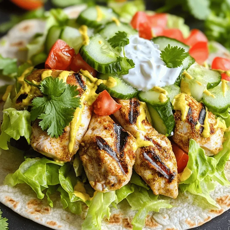 - 1 lb boneless, skinless chicken thighs - 4 large whole wheat tortillas or pita bread - 1 cup romaine lettuce, shredded - 1 large tomato, diced - 1 cucumber, diced - 3 tablespoons extra virgin olive oil - 1 tablespoon ground cumin - 1 tablespoon smoked paprika - 1 teaspoon ground turmeric - 1 teaspoon ground coriander - 1 teaspoon garlic powder - 1 teaspoon onion powder - Salt and freshly cracked black pepper, to taste - 1 cup creamy Greek yogurt - 1 tablespoon tahini - 1 tablespoon freshly squeezed lemon juice These ingredients create a rich and tasty chicken shawarma wrap. Chicken thighs are key for their juicy texture. Whole wheat tortillas or pita bread give your wrap a healthy base. Fresh veggies like lettuce, tomato, and cucumber add crunch and flavor. The marinade is full of spices like cumin and paprika that bring warmth and depth. Olive oil helps the spices cling well to the chicken. The sauce made with Greek yogurt, tahini, and lemon juice offers a creamy, tangy kick. For the full recipe, check the section above. Enjoy crafting your easy chicken shawarma wraps! To start, you need to make the marinade. In a bowl, combine: - 3 tablespoons extra virgin olive oil - 1 tablespoon ground cumin - 1 tablespoon smoked paprika - 1 teaspoon ground turmeric - 1 teaspoon ground coriander - 1 teaspoon garlic powder - 1 teaspoon onion powder - Salt and freshly cracked black pepper, to taste Whisk these ingredients together until they mix well. This step adds lots of flavor. Next, take 1 lb of boneless, skinless chicken thighs. Coat the chicken with the marinade, making sure every piece is covered. Cover the bowl with plastic wrap. You should refrigerate it for at least 30 minutes. For the best taste, let it sit for up to 2 hours. Now, it’s time to cook the chicken. Preheat your grill or a heavy skillet over medium-high heat. Once it’s hot, place the marinated chicken thighs on the grill. Cook each side for about 6-7 minutes. You want the chicken to be fully cooked and have a nice char. After cooking, remove the chicken from the heat. Let it rest for a few minutes. This helps keep the juices in. Then, slice the chicken into thin strips. Now, let’s assemble your wraps! Start by spreading sauce on the tortilla. For the sauce, mix 1 cup of creamy Greek yogurt, 1 tablespoon tahini, and 1 tablespoon freshly squeezed lemon juice in a bowl. Add a pinch of salt and pepper to taste. Once the sauce is on the tortilla, layer on the sliced chicken. Next, add a handful of shredded romaine lettuce, diced tomatoes, and diced cucumbers. These veggies add crunch and freshness. To finish, sprinkle with fresh cilantro or parsley. Carefully fold the sides of the tortilla inwards and roll it up tightly. For an extra crispy finish, grill the wrapped shawarma for 1-2 minutes. This makes the outside golden and crispy. Finally, slice the wrap in half diagonally and serve it right away. You can also serve any extra creamy dressing for dipping. Enjoy your Easy Chicken Shawarma Wraps! For the complete recipe, check out the [Full Recipe]. To get the best taste from your chicken shawarma, marinate the chicken for at least 30 minutes. If you have time, aim for 2 hours. This allows the flavors to soak in deeply. Want to spice up your marinade? Add a pinch of cayenne for heat. You can also toss in some smoked paprika for a richer flavor. Fresh herbs like thyme or mint will add a nice twist. Even a splash of vinegar can brighten the taste. When you assemble your wraps, wrap them tightly. Start by laying the chicken and veggies in the center. Fold the sides in, then roll from the bottom. This keeps everything inside. If you like a crispy wrap, grill it after rolling. Heat a skillet over medium heat. Grill each side for 1-2 minutes until golden. This extra step gives you a crunchy texture that contrasts with the juicy filling. {{image_4}} You can easily modify chicken shawarma wraps to fit your diet. If you want a gluten-free option, try using lettuce wraps. Just take large leaves of romaine or butter lettuce. They make a great, crunchy shell for your fillings. For a vegetarian option, consider using falafel or grilled veggies. Falafel adds a nice crunch and flavor. Grilled veggies like zucchini, bell peppers, and eggplant work well too. These options keep the meal tasty and satisfying. To make your wraps even better, think about adding toppings. Chopped olives and crumbled feta cheese can give a salty kick. You could also add sliced radishes for a nice crunch. Alternative sauces can enhance the dish too. Tzatziki sauce made with yogurt, cucumber, and garlic adds a cool and refreshing taste. You can mix it up by trying different sauces like hummus or spicy harissa. These additions help you create a wrap that suits your own taste perfectly. Don't forget to check the Full Recipe for more ideas! To keep your chicken shawarma wraps fresh, store them well. Wrap each shawarma tightly in plastic wrap or foil. This prevents air from getting in and keeps them from drying out. You can also place them in an airtight container. In the fridge, they will stay good for up to three days. After that, the taste and texture might change. When it's time to eat, reheating should keep the wraps tasty. I suggest using a skillet over low heat. This method warms the shawarma without making it soggy. Heat them for about 3-5 minutes on each side. You can also use an oven. Wrap them in foil and heat at 350°F for about 10 minutes. If you have extra chicken, use it in salads or grain bowls. It adds flavor and protein to any meal. The wraps are also great for lunch the next day. Just remember to store them well! For the full recipe, check out the detailed instructions above. You can marinate chicken shawarma for at least 30 minutes. For better flavor, marinate for up to 2 hours. This time allows the spices to soak into the meat. If you have more time, feel free to marinate it overnight. Just remember to keep it in the fridge to stay fresh. Yes, you can use chicken breast. However, thighs have more fat and flavor. This gives shawarma a juicier taste. Breasts may dry out more easily. If you choose breasts, keep an eye on cooking time to avoid overcooking them. Chicken shawarma wraps pair well with many sides. Try serving them with: - Hummus - Pita chips - Tabouli salad - Roasted vegetables - Pickled vegetables These sides add more flavor and texture to your meal. To add heat to your chicken shawarma, try these tips: - Mix in cayenne pepper or red pepper flakes to the marinade. - Add sliced jalapeños when assembling the wraps. - Serve with a spicy sauce like harissa or sriracha. These options will give your wraps a nice kick without overpowering the other flavors. For the full recipe, check out the complete guide. In this post, we covered making delicious chicken shawarma wraps. We started with the main ingredients: chicken thighs, whole wheat tortillas, and fresh veggies. Then, we looked at creating a tasty marinade and sauce. I shared step-by-step cooking and assembly instructions, plus tips for the best flavor. We explored variations, from gluten-free options to flavor additions. Finally, proper storage and reheating tips will keep your leftovers fresh. Now you can enjoy these wraps anytime. Make it your own with different toppings and spices!
