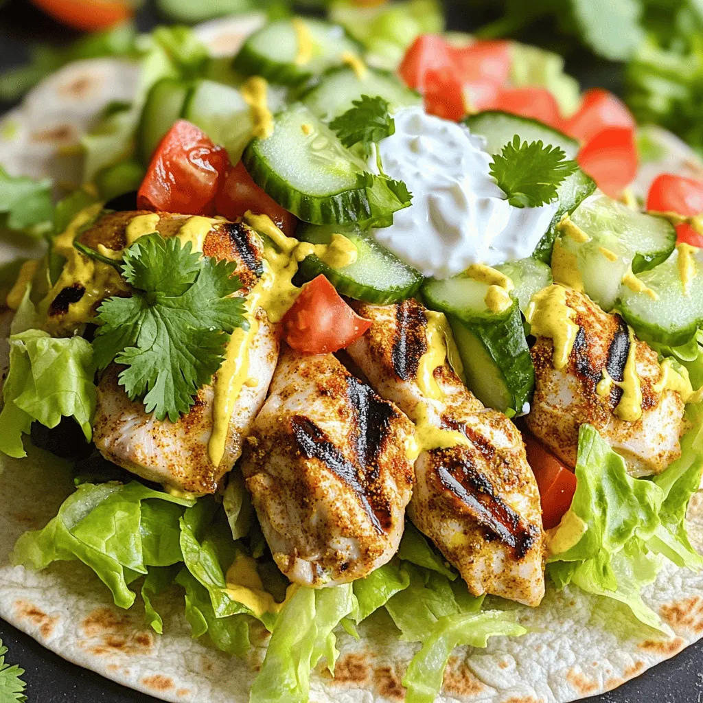 - 1 lb boneless, skinless chicken thighs - 4 large whole wheat tortillas or pita bread - 1 cup romaine lettuce, shredded - 1 large tomato, diced - 1 cucumber, diced - 3 tablespoons extra virgin olive oil - 1 tablespoon ground cumin - 1 tablespoon smoked paprika - 1 teaspoon ground turmeric - 1 teaspoon ground coriander - 1 teaspoon garlic powder - 1 teaspoon onion powder - Salt and freshly cracked black pepper, to taste - 1 cup creamy Greek yogurt - 1 tablespoon tahini - 1 tablespoon freshly squeezed lemon juice These ingredients create a rich and tasty chicken shawarma wrap. Chicken thighs are key for their juicy texture. Whole wheat tortillas or pita bread give your wrap a healthy base. Fresh veggies like lettuce, tomato, and cucumber add crunch and flavor. The marinade is full of spices like cumin and paprika that bring warmth and depth. Olive oil helps the spices cling well to the chicken. The sauce made with Greek yogurt, tahini, and lemon juice offers a creamy, tangy kick. For the full recipe, check the section above. Enjoy crafting your easy chicken shawarma wraps! To start, you need to make the marinade. In a bowl, combine: - 3 tablespoons extra virgin olive oil - 1 tablespoon ground cumin - 1 tablespoon smoked paprika - 1 teaspoon ground turmeric - 1 teaspoon ground coriander - 1 teaspoon garlic powder - 1 teaspoon onion powder - Salt and freshly cracked black pepper, to taste Whisk these ingredients together until they mix well. This step adds lots of flavor. Next, take 1 lb of boneless, skinless chicken thighs. Coat the chicken with the marinade, making sure every piece is covered. Cover the bowl with plastic wrap. You should refrigerate it for at least 30 minutes. For the best taste, let it sit for up to 2 hours. Now, it’s time to cook the chicken. Preheat your grill or a heavy skillet over medium-high heat. Once it’s hot, place the marinated chicken thighs on the grill. Cook each side for about 6-7 minutes. You want the chicken to be fully cooked and have a nice char. After cooking, remove the chicken from the heat. Let it rest for a few minutes. This helps keep the juices in. Then, slice the chicken into thin strips. Now, let’s assemble your wraps! Start by spreading sauce on the tortilla. For the sauce, mix 1 cup of creamy Greek yogurt, 1 tablespoon tahini, and 1 tablespoon freshly squeezed lemon juice in a bowl. Add a pinch of salt and pepper to taste. Once the sauce is on the tortilla, layer on the sliced chicken. Next, add a handful of shredded romaine lettuce, diced tomatoes, and diced cucumbers. These veggies add crunch and freshness. To finish, sprinkle with fresh cilantro or parsley. Carefully fold the sides of the tortilla inwards and roll it up tightly. For an extra crispy finish, grill the wrapped shawarma for 1-2 minutes. This makes the outside golden and crispy. Finally, slice the wrap in half diagonally and serve it right away. You can also serve any extra creamy dressing for dipping. Enjoy your Easy Chicken Shawarma Wraps! For the complete recipe, check out the [Full Recipe]. To get the best taste from your chicken shawarma, marinate the chicken for at least 30 minutes. If you have time, aim for 2 hours. This allows the flavors to soak in deeply. Want to spice up your marinade? Add a pinch of cayenne for heat. You can also toss in some smoked paprika for a richer flavor. Fresh herbs like thyme or mint will add a nice twist. Even a splash of vinegar can brighten the taste. When you assemble your wraps, wrap them tightly. Start by laying the chicken and veggies in the center. Fold the sides in, then roll from the bottom. This keeps everything inside. If you like a crispy wrap, grill it after rolling. Heat a skillet over medium heat. Grill each side for 1-2 minutes until golden. This extra step gives you a crunchy texture that contrasts with the juicy filling. {{image_4}} You can easily modify chicken shawarma wraps to fit your diet. If you want a gluten-free option, try using lettuce wraps. Just take large leaves of romaine or butter lettuce. They make a great, crunchy shell for your fillings. For a vegetarian option, consider using falafel or grilled veggies. Falafel adds a nice crunch and flavor. Grilled veggies like zucchini, bell peppers, and eggplant work well too. These options keep the meal tasty and satisfying. To make your wraps even better, think about adding toppings. Chopped olives and crumbled feta cheese can give a salty kick. You could also add sliced radishes for a nice crunch. Alternative sauces can enhance the dish too. Tzatziki sauce made with yogurt, cucumber, and garlic adds a cool and refreshing taste. You can mix it up by trying different sauces like hummus or spicy harissa. These additions help you create a wrap that suits your own taste perfectly. Don't forget to check the Full Recipe for more ideas! To keep your chicken shawarma wraps fresh, store them well. Wrap each shawarma tightly in plastic wrap or foil. This prevents air from getting in and keeps them from drying out. You can also place them in an airtight container. In the fridge, they will stay good for up to three days. After that, the taste and texture might change. When it's time to eat, reheating should keep the wraps tasty. I suggest using a skillet over low heat. This method warms the shawarma without making it soggy. Heat them for about 3-5 minutes on each side. You can also use an oven. Wrap them in foil and heat at 350°F for about 10 minutes. If you have extra chicken, use it in salads or grain bowls. It adds flavor and protein to any meal. The wraps are also great for lunch the next day. Just remember to store them well! For the full recipe, check out the detailed instructions above. You can marinate chicken shawarma for at least 30 minutes. For better flavor, marinate for up to 2 hours. This time allows the spices to soak into the meat. If you have more time, feel free to marinate it overnight. Just remember to keep it in the fridge to stay fresh. Yes, you can use chicken breast. However, thighs have more fat and flavor. This gives shawarma a juicier taste. Breasts may dry out more easily. If you choose breasts, keep an eye on cooking time to avoid overcooking them. Chicken shawarma wraps pair well with many sides. Try serving them with: - Hummus - Pita chips - Tabouli salad - Roasted vegetables - Pickled vegetables These sides add more flavor and texture to your meal. To add heat to your chicken shawarma, try these tips: - Mix in cayenne pepper or red pepper flakes to the marinade. - Add sliced jalapeños when assembling the wraps. - Serve with a spicy sauce like harissa or sriracha. These options will give your wraps a nice kick without overpowering the other flavors. For the full recipe, check out the complete guide. In this post, we covered making delicious chicken shawarma wraps. We started with the main ingredients: chicken thighs, whole wheat tortillas, and fresh veggies. Then, we looked at creating a tasty marinade and sauce. I shared step-by-step cooking and assembly instructions, plus tips for the best flavor. We explored variations, from gluten-free options to flavor additions. Finally, proper storage and reheating tips will keep your leftovers fresh. Now you can enjoy these wraps anytime. Make it your own with different toppings and spices!