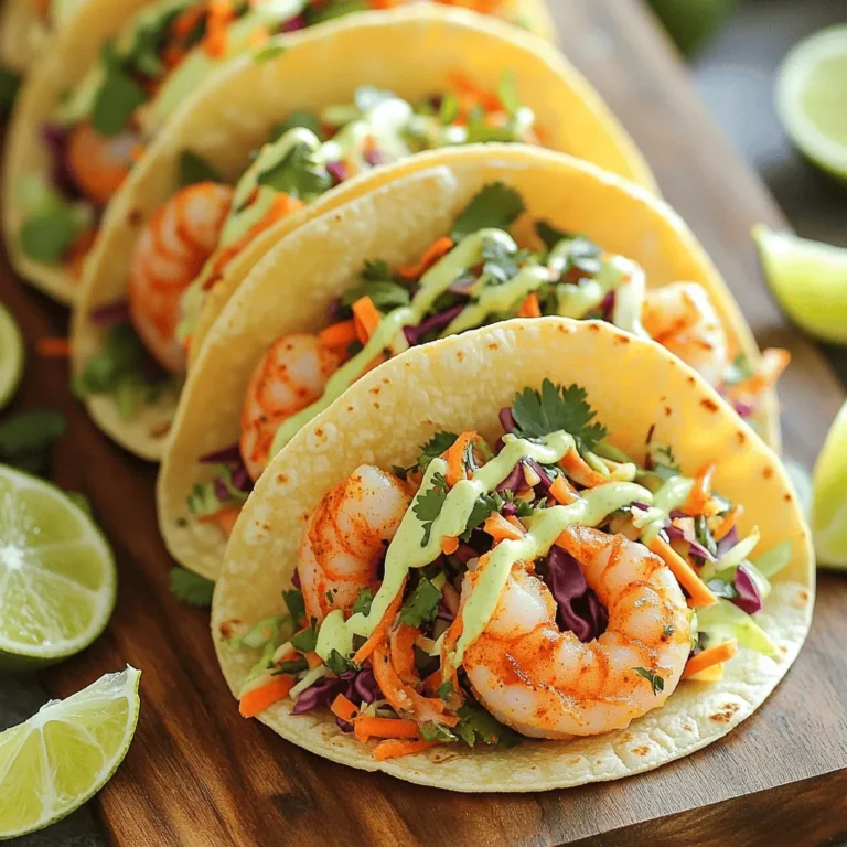 To make tasty spicy shrimp tacos, gather these main ingredients: - 1 pound large shrimp, peeled and deveined - 2 tablespoons extra virgin olive oil - 2 teaspoons chili powder - 1 teaspoon ground cumin - 1 teaspoon garlic powder - 1 teaspoon smoked paprika - ½ teaspoon cayenne pepper (adjust for spice) - Salt and freshly ground black pepper to taste - 8 small corn tortillas These ingredients provide a bold flavor to the shrimp. The chili powder and cayenne pepper bring the heat. The spices work well together to make a delicious taco filling. For the slaw, you need: - 1 cup green cabbage, finely shredded - 1 cup red cabbage, finely shredded - ½ cup carrots, grated - ½ cup fresh cilantro, chopped - 2 tablespoons fresh lime juice This slaw adds crunch and freshness. The lime juice brightens the flavors. The combination of green and red cabbage gives the slaw a colorful look. You can enhance your tacos with these extras: - ¼ cup sour cream or Greek yogurt (for the sauce) - Extra lime wedges for serving The sour cream or yogurt makes a creamy sauce. A squeeze of lime adds more zing. These toppings complete the dish and make it even more enjoyable. For the full recipe, refer to the section above. First, gather your shrimp and marinade ingredients. In a medium bowl, mix 2 tablespoons of olive oil with 2 teaspoons of chili powder, 1 teaspoon of ground cumin, 1 teaspoon of garlic powder, 1 teaspoon of smoked paprika, and ½ teaspoon of cayenne pepper. Add salt and black pepper to taste. Whisk these ingredients until smooth. Then, toss 1 pound of peeled and deveined shrimp in the marinade. Cover the bowl and let it sit for 15 minutes. This helps the shrimp soak up all the flavors. While the shrimp marinates, let's make the slaw. In a large bowl, combine 1 cup of finely shredded green cabbage, 1 cup of finely shredded red cabbage, and ½ cup of grated carrots. Add ½ cup of chopped cilantro and 2 tablespoons of fresh lime juice. Toss everything together well. The lime juice brightens the flavors and keeps the veggies fresh. Now it’s time to cook the shrimp. Heat a skillet over medium-high heat. Once hot, add the marinated shrimp in a single layer. Cook for about 2-3 minutes on each side. They should turn bright pink and opaque when done. Remove them from the heat. Next, warm the corn tortillas in another dry skillet. Place them in for about 30 seconds on each side until they are soft and slightly toasted. Now we can put everything together! Take a warm tortilla and place a few shrimp on it. Add a generous scoop of the slaw on top. Finish with a drizzle of the lime-infused sauce made from sour cream or Greek yogurt. Serve the tacos on a platter with extra lime wedges. Enjoy your delicious creation! For the full recipe, check out the recipe section above. Cooking shrimp is quick and easy. I love using a hot skillet to get that perfect sear. Here’s how you can do it: - Use medium-high heat: This helps cook the shrimp fast and keeps them juicy. - Cook in batches: If you add too many shrimp at once, they will steam instead of sear. Cook them in two or three batches. - Look for color change: Shrimp turn bright pink and opaque when done. This takes about 2-3 minutes per side. The slaw adds crunch and freshness to your tacos. Here’s how to make it burst with flavor: - Use fresh veggies: Fresh green and red cabbage give the slaw a nice crunch. - Add lime juice: Lime juice brightens the flavors. Toss the veggies with lime juice right before serving. - Mix it well: Make sure all veggies are coated. This evenly spreads the flavor. Tortillas are key to great tacos. Here are some tips for choosing and preparing them: - Choose corn tortillas: They have a nice flavor that pairs well with shrimp. - Warm them up: Heat tortillas in a dry skillet for about 30 seconds on each side. This makes them soft and pliable. - Try different sizes: Small tortillas are great for tacos, but larger ones work if you want burritos. For the full recipe, check out the earlier sections. {{image_4}} If you want to change up your tacos, try different proteins. Chicken works great with the same marinade. Just cut it into small pieces. Fish like tilapia or cod is also tasty. Use firm fish and cook it for a shorter time. For a plant-based option, try marinated tofu or tempeh. These options give you the same flavor with a different twist. Slaw can vary based on your taste. You can mix different veggies to make it fun. Try adding radishes or bell peppers for crunch. If you want a sweeter slaw, add some diced mango or apple. For a spicy kick, toss in jalapeños or red pepper flakes. Each combination brings a new flavor to your tacos. When serving your spicy shrimp tacos, add sides that complement them. Try serving with fresh guacamole or salsa for dipping. A simple rice dish or black beans works well too. For a refreshing touch, serve with a mixed green salad. These sides enhance the meal and keep it light and bright. For more details on making these tacos, check the full recipe. To keep your spicy shrimp tacos fresh, store them in an airtight container. Layer the shrimp and slaw separately to avoid soggy tortillas. Place the tacos in the fridge. They stay good for about two days. When you're ready to enjoy your leftovers, gently reheat the shrimp in a skillet. Heat them over medium-low heat for about three to four minutes. This keeps them juicy. Warm the tortillas quickly in a dry skillet for about 30 seconds on each side. If you want to freeze the shrimp, cook them first. Let them cool, then place them in a freezer-safe bag. They can last up to three months. For the slaw, it's best to prepare it fresh. Freezing may change the texture of the veggies. For the best taste, make the slaw when you're ready to serve. You can find the full recipe for these delicious tacos above. Yes, you can use frozen shrimp. Just thaw them first. Place them in a bowl of cold water. It should take about 15-20 minutes. Once thawed, pat them dry with a paper towel. This helps the marinade stick better. No worries! You can use flour tortillas instead. They will work just as well. You can also try lettuce wraps for a low-carb option. Just make sure to choose sturdy leaves to hold the filling. To adjust the spice, change the amount of cayenne pepper. Add less for milder tacos. If you love heat, add more cayenne or use spicy salsa. You can also add sliced jalapeños for extra kick. I suggest pairing these tacos with a refreshing drink. Try a cold beer or a zesty margarita. A limeade or sparkling water with lime also works well. It helps balance the spice and enhances the flavors. Spicy shrimp tacos blend bold flavors and fresh ingredients for a tasty meal. We covered the main ingredients, slaw options, and various toppings. I shared simple steps for preparing the shrimp, making slaw, and most importantly, assembling your tacos. Don’t forget the tips and tricks, along with fun variations, to keep things exciting. With these insights, you can make delicious tacos that impress every time. Enjoy experimenting with flavors and find your favorite version!