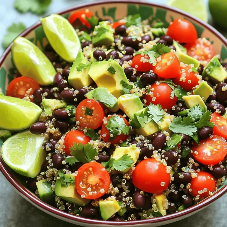 - 1 cup quinoa, thoroughly rinsed - 2 cups vegetable broth (or water) - 1 can (15 oz) black beans, drained and rinsed - 1 red bell pepper, finely diced - 1 cup cherry tomatoes, halved - 1 small red onion, finely chopped - 1 jalapeño pepper, deseeded and minced - 1 ripe avocado, diced - 1/4 cup fresh cilantro, roughly chopped - Juice of 2 fresh limes - 2 tablespoons extra virgin olive oil - 1 teaspoon ground cumin - 1 teaspoon chili powder - Salt and black pepper to taste Creating a vibrant and tasty Spicy Quinoa Black Bean Salad starts with some simple yet fresh ingredients. First, quinoa is the star of this dish. The tiny seeds are full of protein and add a nice texture. Rinse it well to remove any bitter taste. Next, we have black beans. They are rich in fiber and protein, making the salad filling and nutritious. Don't forget to drain and rinse them! For the fresh produce, I love using colorful veggies. The red bell pepper adds crunch and sweetness. Cherry tomatoes bring juiciness, while the red onion adds a sharp bite. The jalapeño gives the salad its spicy kick. You can adjust the heat by adding more or less. Lastly, the avocado is creamy and balances the spice. Cilantro brings a fresh herb flavor that brightens the dish. Now, let's talk about the dressing. Fresh lime juice adds tanginess, while olive oil gives richness. Ground cumin and chili powder enhance the salad's flavor. Season with salt and pepper to taste. For the full recipe, check out the Zesty Quinoa Black Bean Salad! To start, combine 1 cup of rinsed quinoa with 2 cups of vegetable broth or water in a medium saucepan. Place the saucepan on medium heat and bring it to a rolling boil. Once boiling, lower the heat to a gentle simmer. Cover the saucepan and let it cook for about 15 minutes, or until all the liquid is absorbed. After cooking, remove it from heat and let it sit covered for 5 more minutes. Finally, fluff the quinoa with a fork to separate the grains. In a large bowl, mix together the salad base. Add 1 can of drained and rinsed black beans, 1 finely diced red bell pepper, 1 cup of halved cherry tomatoes, 1 small chopped red onion, 1 minced jalapeño, and 1 diced avocado. Gently stir to combine the ingredients. This mix creates a colorful and hearty base for our salad. Now it's time to make the dressing. In a small bowl, whisk together the juice of 2 fresh limes, 2 tablespoons of extra virgin olive oil, 1 teaspoon of ground cumin, and 1 teaspoon of chili powder. Add a pinch of salt and black pepper to taste. Whisk until the mixture is well blended. This dressing adds zesty flavor to our salad. Add the fluffed quinoa to the large bowl with the salad base. Pour the dressing over the top and gently toss everything together using a spatula. Make sure all the ingredients are evenly coated with the dressing. Lastly, fold in 1/4 cup of freshly chopped cilantro. Taste the salad and adjust the seasoning with more salt and pepper if needed. For the full recipe, check out the detailed instructions above. Enjoy your fresh and flavorful Spicy Quinoa Black Bean Salad! If you want to mix things up, try using different beans. Kidney beans or pinto beans work well in this salad. They add their own unique flavor and texture. You can also swap the avocado for diced mango. This change gives a sweet twist and a fruity taste to your salad. To really boost the taste, marinate the salad for about 30 minutes before you serve it. This time allows the flavors to blend perfectly. If you love tanginess, add more lime juice. This will give your salad an extra zing that brightens every bite. This salad pairs nicely with grilled chicken or fish. The added protein makes for a satisfying meal. For a fun twist, try serving the salad in lettuce wraps. This is a great low-carb option that makes for a fresh and crunchy bite. {{image_4}} To make this salad even spicier, you can add more jalapeño. A dash of hot sauce also works well. If you like a smoky taste, incorporate diced chipotle peppers. They add depth and heat to your dish. You can include corn for a hint of sweetness and delightful crunch. Diced cucumber is another great addition. It brings extra freshness, balancing the heat from the jalapeño. For a tangy twist, try a vinaigrette made with apple cider vinegar. This will brighten the flavors in your salad. You can also use a tahini-based dressing. It adds a creamy texture that complements the other ingredients well. Explore all these variations to find your perfect mix! For the full recipe, check out the details above. To keep your spicy quinoa black bean salad fresh, store it in an airtight container in the fridge. This salad is best eaten within 2-3 days. After that, the flavors may start to fade, and the texture can change. Can you freeze quinoa and beans? Yes, but it’s best to freeze them separately. This keeps their quality high. When frozen together, they can become mushy when thawed. If you want to enjoy warm quinoa, you can reheat it. However, this salad is best served cold. After reheating, add fresh ingredients like avocado and cilantro. This keeps the crunch and adds texture to your dish. For the full recipe, check the details above. All ingredients listed are naturally vegan. This salad is perfect for everyone! Yes, substitute quinoa with brown rice, farro, or bulgur. Each grain adds a unique taste. This salad is high in protein and fiber. It is packed with vitamins from fresh vegetables. Eating it can boost your health. Ensure that all ingredients are certified gluten-free, particularly the broth. This makes the salad safe for those with gluten issues. Yes, the salad can be prepared ahead. It is best when flavors meld for a few hours before serving. Enjoy it cold for a refreshing meal! This quinoa black bean salad is easy to make and delicious. We combined quinoa, black beans, and fresh vegetables with a tasty dressing. You can customize it with bold flavors or different ingredients as you like. Store leftovers in the fridge for a quick meal. This dish is not just filling; it's also good for you. Enjoy making this salad at home, and wow your friends and family with your skills!