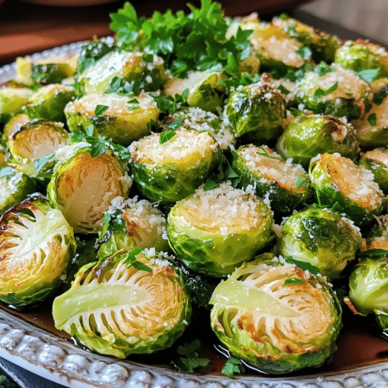 The key to making easy roasted Brussels sprouts is using fresh, quality ingredients. Here’s what you need: - 1 pound Brussels sprouts - 3 tablespoons extra virgin olive oil - 4 cloves garlic - ½ teaspoon fine sea salt - ¼ teaspoon freshly ground black pepper - ¼ cup freshly grated Parmesan cheese - 1 tablespoon balsamic vinegar (optional) - Fresh parsley for garnish These ingredients combine to create a dish with great flavor and texture. The Brussels sprouts provide a crisp bite, while the garlic adds depth. Olive oil helps everything roast perfectly. The salt and pepper enhance these flavors. Parmesan brings a savory richness. If you like a tangy touch, add balsamic vinegar. Lastly, fresh parsley brightens the dish. You can find the full recipe for these crispy garlic Parmesan roasted Brussels sprouts in the link provided. First, preheat your oven to 425°F (220°C). This high heat helps the Brussels sprouts become crispy. Next, grab a large baking sheet. Line it with parchment paper for easy cleanup. This step ensures the sprouts do not stick. Now, take your pound of Brussels sprouts. Rinse them under cold water to clean them well. Cut each sprout in half from top to bottom. This allows them to cook evenly. Place the halved sprouts in a large bowl. Pour in three tablespoons of extra virgin olive oil. Toss them gently until all sprouts are coated with oil. Add four cloves of finely minced garlic into the bowl. Sprinkle in half a teaspoon of fine sea salt and a quarter teaspoon of freshly ground black pepper. Mix everything well so the flavors blend. Spread the seasoned Brussels sprouts on the baking sheet in a single layer. Make sure not to crowd them. This helps them roast well. Place the baking sheet in the oven and roast the sprouts for 20-25 minutes. Remember to shake the pan halfway through. This ensures even cooking. Look for a golden brown color and crispy edges for the perfect finish. For the full recipe, check the section above! To get that perfect crunch, avoid overcrowding the baking sheet. Each sprout needs space. If they touch, they steam instead of roast. Aim for a single layer of Brussels sprouts. Toss them halfway through roasting. This helps them brown evenly. Use a spatula to turn them gently. It takes just a few seconds, but it makes a big difference. Use quality oils for the best taste. Extra virgin olive oil is a great choice. You can also try avocado oil for a different flavor. Add seasonings like garlic powder or smoked paprika to spice things up. After roasting, sprinkle fresh herbs or nuts on top. Chopped almonds or walnuts add nice crunch and taste. Brussels sprouts pair well with many proteins, like chicken or fish. They also go great with grains, such as quinoa or rice. For a beautiful dish, serve on a large platter. Arrange the sprouts in a circle and sprinkle extra Parmesan on top. A drizzle of balsamic vinegar adds color and flavor. This will impress your guests and make your meal shine. For the full recipe, check out the Crispy Garlic Parmesan Roasted Brussels Sprouts guide. {{image_4}} You can change the flavor of your Brussels sprouts with different cheeses. Try using feta or goat cheese. These cheeses add a tangy taste that pairs well with the sprouts. You can also use cheddar for a rich, creamy bite. Adding spices can bring heat and depth. A pinch of red pepper flakes gives a nice kick. You could also try smoked paprika for a warm, earthy flavor. Experiment and find what you love! Air frying is a great option if you want a quicker cook time. Set your air fryer to 375°F (190°C) and cook for about 15 minutes. Shake the basket halfway through for even cooking. Oven roasting gives a deeper flavor and crispiness. It’s perfect for a cozy meal. If you want a stovetop option, sauté the sprouts. Use a large pan over medium heat with olive oil. Cook for about 10-15 minutes until they’re golden brown. If you can't find Brussels sprouts, use broccolini or asparagus. Both veggies roast well and have a similar texture. For a vegan option, swap the Parmesan for nutritional yeast. It adds a cheesy flavor without dairy. You can also try vegan cheese for a creamy touch. These swaps keep the dish tasty and fun! For the full recipe, check out the link provided. To keep your roasted Brussels sprouts fresh, store them in the fridge. Use airtight containers. Glass or plastic containers work well. Make sure they are cool before sealing. This helps keep the moisture in check. When you want to enjoy the leftovers, reheating is key. The oven is best for crispness. Preheat your oven to 350°F (175°C). Spread the Brussels sprouts on a baking sheet. Heat them for about 10-15 minutes. This way, they stay crunchy. The microwave is faster but can make them soggy. If you use the microwave, put them on a plate. Heat in short bursts, checking often. This method works, but the oven is better for texture. In the fridge, your roasted Brussels sprouts last about three to four days. After that, they may lose flavor and texture. If you want to keep them longer, you can freeze them. They last up to three months in the freezer. Just make sure to store them in a freezer-safe container. Enjoy them later with ease! For the full recipe, check out the recipe section above. Yes, you can prepare Brussels sprouts ahead of time. Start by washing and cutting them. Then, toss them with olive oil, garlic, salt, and pepper. Store them in the fridge for up to 24 hours. When you're ready to roast, spread them on a baking sheet and cook them at 425°F. This method keeps the sprouts fresh and flavorful. To reheat, place them back in the oven for about 10 minutes. This helps them regain their crispiness. The best temperature for roasting Brussels sprouts is 425°F (220°C). This high heat makes the outer leaves crispy while keeping the inside tender. At this temperature, the sprouts caramelize and develop a nice brown color. It is key to preheat your oven to this temperature before placing the baking sheet inside. This step ensures even cooking and great flavor. Yes, Brussels sprouts are very healthy. They are low in calories but high in fiber. This helps with digestion and keeps you full. They also contain many vitamins and minerals. For instance, they are rich in vitamin C and vitamin K. These nutrients support your immune system and bone health. Plus, Brussels sprouts have antioxidants that help fight free radicals in your body. Enjoying Brussels sprouts means you are treating your body well. In this blog post, we discussed how to make easy roasted Brussels sprouts. You learned about the ingredients needed, step-by-step instructions, and helpful tips for great results. We also shared ways to vary the recipe and how to store any leftovers. Roasted Brussels sprouts can be a tasty side for any meal. Remember, you can adjust flavors and cooking methods to suit your taste. Enjoy making this dish your own!