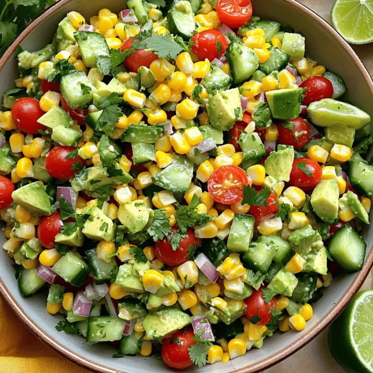 To make a bright and tasty summer corn salad, gather these fresh ingredients: - 4 cups fresh corn kernels (approximately 6 ears of corn) - 1 red bell pepper, diced into small pieces - 1 cucumber, diced into small cubes - ½ red onion, finely chopped - 1 cup cherry tomatoes, halved - 1 ripe avocado, diced into bite-sized pieces - ½ cup fresh cilantro, chopped coarsely - 3 tablespoons freshly squeezed lime juice - 2 tablespoons extra virgin olive oil - 1 teaspoon honey (optional, for a touch of sweetness) - Salt and freshly cracked black pepper, to taste Choosing the best corn is key for a great salad. Here are some tips: - Look for bright green husks. They should be moist and tight. - Check the silk. It should be brown and sticky, not dry. - Feel the kernels. Press on the cob. It should feel plump and firm. - Choose small to medium ears. They tend to be sweeter than large ones. You can customize your summer corn salad with these options: - Beans: Black beans or chickpeas add protein. - Feta cheese: Crumbled feta brings a salty flavor. - Spices: Add chili powder for some heat. - Other veggies: Try zucchini or radishes for crunch. Feel free to mix and match these ingredients to make the salad your own. You can find the Full Recipe for more guidance on how to prepare this refreshing dish! To start, shuck the corn. Remove the husks and silk from each ear. Next, hold the corn upright in a bowl. Use a sharp knife to cut down the sides of the cob. You want to release the kernels into the bowl. This method helps catch any kernels that fall. Aim for about four cups of fresh corn. In a large mixing bowl, add the corn kernels you just cut. Then, dice the red bell pepper and cucumber into small pieces. Finely chop the red onion and halve the cherry tomatoes. Toss all these colorful veggies into the bowl. Mix them gently so they combine well. Finally, fold in the diced avocado and chopped cilantro. Be careful not to mash the avocado. Grab a small bowl to make the dressing. Whisk together three tablespoons of lime juice and two tablespoons of olive oil. If you like a hint of sweetness, add one teaspoon of honey. Season the dressing with salt and cracked black pepper to taste. Once mixed, drizzle it over the salad. Use a spatula to toss the salad gently. Make sure every bite gets some of that zesty dressing. Let the salad sit for ten minutes to let the flavors blend. For the full recipe, refer to the earlier section. Enjoy making this simple and refreshing summer corn salad! To make your salad shine, focus on the ingredients. Fresh corn is sweet and crunchy, so let it be the star. The lime juice adds a zesty kick, while olive oil brings a smooth finish. If you want more sweetness, a teaspoon of honey can really help. Salt and pepper enhance all the flavors. Always taste your salad before serving. Adjust the seasoning as needed. Sometimes, a little extra lime juice makes a big difference. This salad is perfect for summer picnics or family gatherings. It pairs well with grilled chicken or fish. You can also serve it as a side dish for tacos or BBQ. If you want to add protein, consider black beans or grilled shrimp. You might even enjoy it on top of nachos for a fun twist. For a refreshing drink, try serving it with iced tea or lemonade. A great presentation makes food more inviting. Serve the salad in a large, shallow bowl. This shows off the vibrant colors of the veggies. You can also use individual mason jars for a fun touch. Each jar becomes a mini serving that’s easy to grab. Garnish with extra cilantro on top for a fresh look. Adding lime wedges on the side brightens up the dish. These small details can make a big impact at your table. For the full recipe, check the earlier section! {{image_4}} You can change up the corn salad easily. Try adding diced zucchini for a nice crunch. You can also use grated carrots for a hint of sweetness. Chopped radishes add a peppery bite. For a colorful twist, add yellow bell pepper or diced green onions. Even a handful of spinach can boost the nutrients. While lime and olive oil taste great, you can mix it up. Use apple cider vinegar for a tangy kick. A splash of balsamic vinegar brings a rich flavor. For a creamy option, add Greek yogurt or sour cream. You can also try a honey mustard dressing for a sweet and tangy twist. To add heat, toss in some chopped jalapeños or a pinch of cayenne pepper. If you prefer sweet, add diced mango or pineapple. A drizzle of agave syrup can also enhance sweetness without being overpowering. Adjust these additions to suit your taste for a perfect summer dish. After enjoying your summer corn salad, store any leftovers in an airtight container. This keeps the flavors fresh. Place the salad in the fridge. It should stay good for about three days. If you notice any browning on the avocado, remove that part before serving again. If you have extra corn, freezing is a great option. Start by blanching the corn kernels in boiling water for two minutes. This locks in the flavor and color. After blanching, cool the corn in ice water. Drain and dry the kernels, then pack them in freezer bags. Remove as much air as you can. Frozen corn can last up to a year, making it a handy ingredient for future salads. Most ingredients in this salad have a good shelf life: - Fresh corn: Use within 3-5 days for the best taste. - Red bell pepper: Lasts about a week in the fridge. - Cucumber: Stays fresh for about a week too. - Red onion: Can last for a couple of weeks if stored in a cool place. - Cherry tomatoes: Best within a week for optimal flavor. - Avocado: Ripens quickly, so use it within a few days of buying. - Cilantro: Good for about a week if kept in water like a bouquet. Keeping track of these times helps you enjoy your summer corn salad at its best! For the full recipe, check the earlier sections. Yes, you can use canned corn. It is quick and easy. Choose corn with no added sugar or salt. Drain and rinse the corn before adding it to the salad. This helps reduce the sodium. Canned corn may lack the sweet crunch of fresh corn. However, it works well in a pinch. This salad is already gluten-free. All the ingredients are safe for gluten-free diets. Fresh corn, veggies, and herbs are naturally gluten-free. Use gluten-free dressings if you want to add more flavors. Always check labels when buying packaged products. To make this salad vegan, skip the honey in the dressing. Instead, add a splash of maple syrup for sweetness if desired. All other ingredients are plant-based. This keeps the salad light and fresh. You can also use a vegan dressing option for extra flavor. Enjoy the vibrant mix of tastes! For the full recipe, check the above section. This blog covered everything you need for a great summer corn salad. You learned about fresh ingredients, preparation steps, and delicious variations. I shared tips for adding flavor and making the salad look great, with helpful storage info. In the end, feel free to experiment with different veggies and dressings. Each bite can be unique! Enjoy your fresh salad at any summer gathering. It’s healthy, tasty, and fun to make.