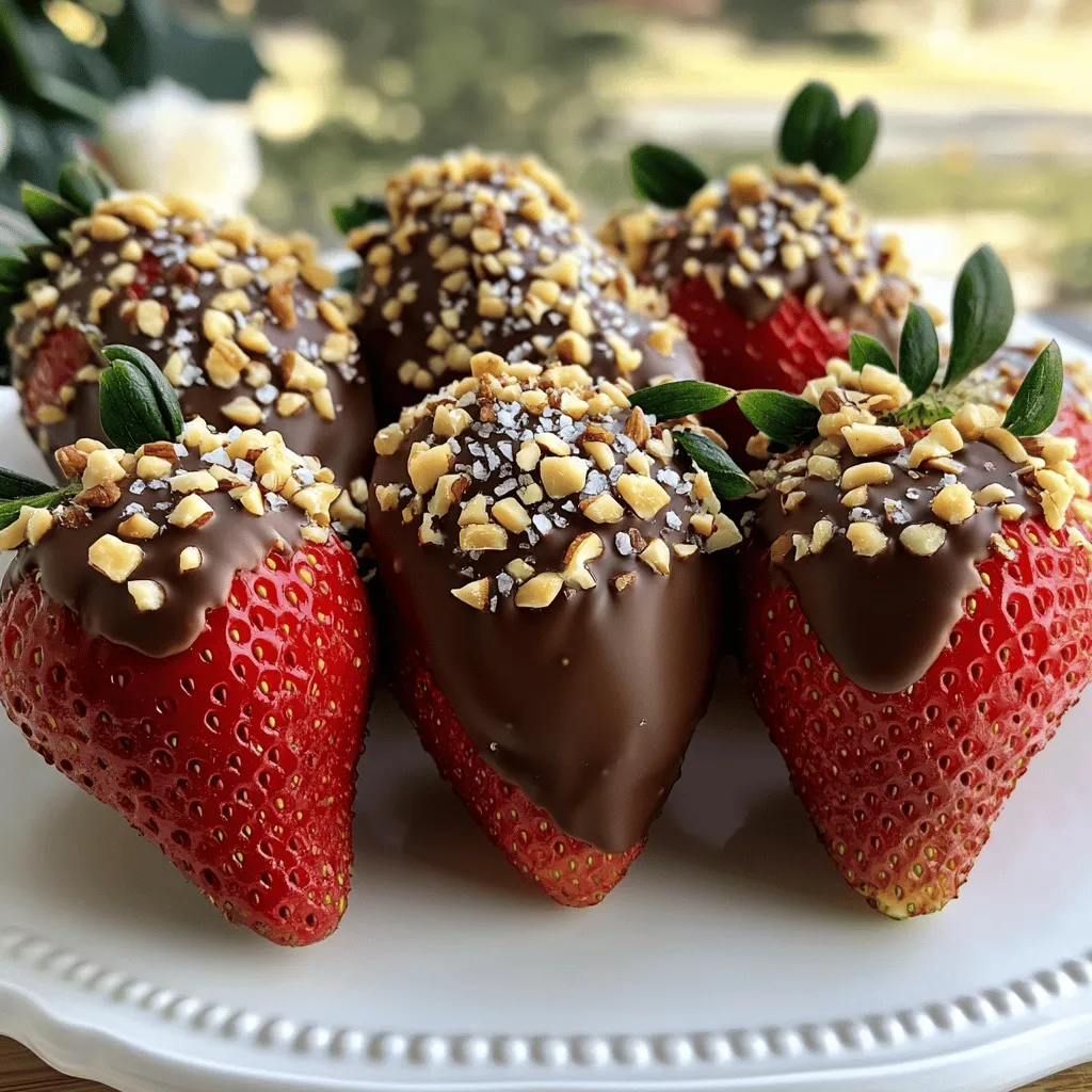 Choose 1 pound of fresh strawberries. Select berries that are bright red and firm. I prefer ones with stems, as they make dipping easier. Wash them gently under cold water. Dry them well with a paper towel to help the chocolate stick. You can use 8 ounces of dark chocolate, which should have at least 60% cocoa. Dark chocolate gives a rich flavor. Milk chocolate is sweeter and creamier, while white chocolate is smooth and very sweet. Each type gives a different taste, so pick what you love! Add 2 tablespoons of coconut oil for a silkier chocolate. This makes the chocolate smoother when melted. A sprinkle of 1 tablespoon of sea salt on top gives a nice contrast. For crunch, try 1 tablespoon of finely chopped nuts. You can also mix in 1 teaspoon of vanilla extract for extra flavor. These ingredients help take your chocolate-dipped strawberries to the next level. For the full recipe, check out the details above! Start by rinsing your fresh strawberries under cold water. This step removes dirt and bacteria. After rinsing, use a clean paper towel to dry each strawberry carefully. Make sure they are completely dry. When the berries are wet, the chocolate won’t stick well. Now, let’s melt the chocolate. You can use two methods. First, try the microwave. Place chocolate and coconut oil in a heatproof bowl. Heat it in 30-second bursts. Stir well between each burst until it is smooth. Alternatively, use a double boiler. Set the bowl over simmering water. Stir until the chocolate becomes glossy and melted. If you want, add vanilla extract for extra flavor. Grab a strawberry by the stem. Dip it into the melted chocolate. Swirl it around to coat well. Lift the berry out and let the extra chocolate drip back into the bowl. This gives you a nice, even layer. While the chocolate is still wet, you can add toppings. If you like nuts, sprinkle finely chopped nuts on half of the strawberries. This adds a nice crunch and flavor. Lay the dipped strawberries on a baking sheet lined with parchment paper. If you want a touch of salt, sprinkle sea salt on them right after dipping. This gives a tasty contrast to the sweet chocolate. Place the baking sheet in the fridge. Let the strawberries chill for about 30 minutes. This allows the chocolate to firm up completely. When ready to serve, arrange the strawberries on a lovely platter. You can enjoy them right away. If you want to save them, keep them in the fridge for up to 24 hours for the best taste. Feel free to check out the Full Recipe for more details on these delightful treats! Select fresh strawberries with bright red color. Look for firm berries. They should have fresh green leaves on top. Avoid any berries with bruises or soft spots. The best time to pick them is in spring and summer. If you can, buy organic strawberries. They often taste better and are free from pesticides. To get a smooth chocolate coating, chop the chocolate into small pieces. This helps it melt evenly. Use a microwave or a double boiler to melt it slowly. If you add coconut oil, it will make the coating silkier. Stir the chocolate often while it melts. This keeps it from burning and helps it stay shiny. Chocolate can seize when it gets wet. To avoid this, make sure the strawberries are completely dry. Any water will cause the chocolate to clump. If your chocolate does seize, you can try adding a small amount of vegetable oil. This can help bring it back to a smooth state. Just remember, keep water away! Enjoy these tips to make your chocolate-dipped strawberries from the Full Recipe turn out perfectly every time! {{image_4}} You can use many types of chocolate for dipping strawberries. Dark chocolate gives a rich taste. Milk chocolate brings a creamier sweetness. White chocolate offers a smooth, sweet flavor. Each type can change the dessert's taste. Feel free to mix different chocolates too. This creates layers of flavor that excite the taste buds. Toppings make your chocolate-dipped strawberries fun and unique. During spring, consider pastel sprinkles for Easter. In summer, use crushed cookies for a beach vibe. For Halloween, try orange and black sprinkles. Around winter holidays, crushed peppermint can be a delightful option. Matching toppings to the season can add cheerful flair to your dessert. Want to spice things up? You can infuse flavors into your chocolate. Add a drop of peppermint extract for a minty kick. Orange zest gives a fresh citrus note. If you're adventurous, try chili powder for a surprising heat. You can also use flavored chocolates, like hazelnut or coffee. The options are endless, so let your creativity shine! For a complete guide on making these delightful treats, check the Full Recipe. Chocolate dipped strawberries taste best on the day you make them. They stay fresh for about 24 hours in the fridge. After that, the strawberries may lose moisture and the chocolate can become dull. If you want them to last longer, freezing is a good option. Store the strawberries in a single layer on a plate or tray. Cover them lightly with plastic wrap. Avoid stacking them, as that can cause the chocolate to smudge or break. Keep them in the coldest part of your fridge. Remember, moisture is the enemy, so ensure they are dry before storing. Freezing is a great way to save leftovers. To freeze, place the strawberries on a baking sheet lined with parchment paper. Freeze them for about an hour, until firm. Then, transfer them to a freezer-safe container. They can stay frozen for up to two months. When you're ready to enjoy them, thaw in the fridge for a few hours. They may not be as crisp, but the flavor remains delightful. For the full recipe, check the earlier section! Chocolate-dipped strawberries stay fresh for about 24 hours in the fridge. After that, they start to lose their taste and texture. For the best flavor, enjoy them soon after making them. Yes, you can use milk or white chocolate! Each type offers a unique taste. Milk chocolate is sweeter, while white chocolate is creamy. Adjust your toppings to balance the flavors if you switch. If you don’t have coconut oil, use vegetable oil or butter. These options will help the chocolate stay smooth. You can also skip the oil entirely; just make sure to stir well while melting. To achieve a glossy finish, melt the chocolate carefully. Avoid water, as it can cause the chocolate to seize. Adding a small amount of oil helps create a smooth, shiny coating. Using frozen strawberries is not ideal. They release water as they thaw, making the chocolate slide off. Fresh strawberries work best for a great coating and taste. If you only have frozen, let them thaw first and dry well. For a complete guide to making these delicious treats, check the Full Recipe. In this post, we discussed how to make chocolate-dipped strawberries. We covered ingredients, from fresh strawberries to types of chocolate. I shared detailed steps, tips for best results, and creative variations. Storing your treats correctly is key for freshness. Remember, enjoy making these sweet snacks, and let your creativity shine. These treats are fun and easy to customize. Happy dipping!
