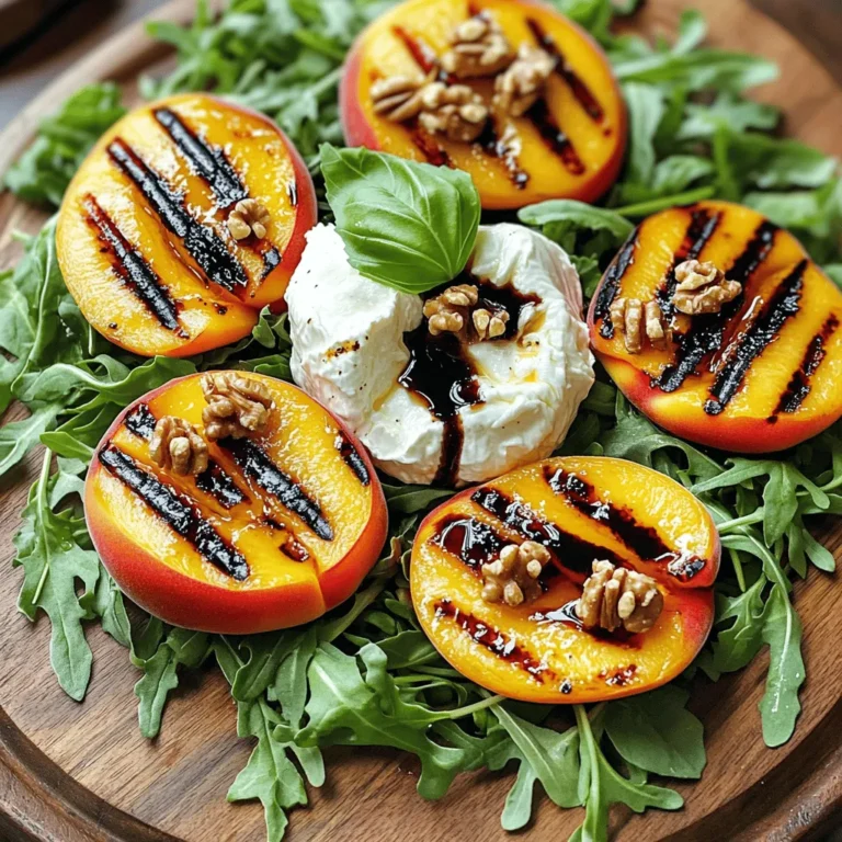 To make this delicious dish, you need the following ingredients: - 3 ripe peaches, halved and pitted - 8 oz creamy burrata cheese - 4 cups fresh arugula - 1/4 cup rich balsamic glaze - 1/4 cup walnuts, toasted and roughly chopped - 2 tablespoons extra virgin olive oil - Sea salt and freshly ground black pepper, to taste - Fresh basil leaves, for an aromatic garnish If you can't find some ingredients, here are some easy swaps: - Instead of peaches, try nectarines or plums. They grill well too. - If you don't have burrata, use fresh mozzarella for a similar taste. - Arugula can be swapped with spinach or mixed greens if needed. - For a nut-free option, skip the walnuts or use sunflower seeds instead. - If balsamic glaze is not available, a simple balsamic vinegar works great. Using fresh ingredients makes a big difference. Fresh peaches bring sweetness and juiciness that cooked ones can’t match. The burrata cheese adds a creamy richness that enhances the dish. Fresh greens, like arugula, add a peppery crunch. The quality of these ingredients makes your salad taste better. When you use fresh items, your dish feels vibrant and healthy. It invites everyone to enjoy every bite. For the best results, always choose the freshest produce you can find. This care shows in your cooking and makes your meals shine. Start with three ripe peaches. Halve them and remove the pits. This step is easy. You want them to be fresh and juicy. Brush the cut sides with two tablespoons of extra virgin olive oil. This adds flavor and helps them grill better. Sprinkle sea salt and black pepper on the peaches. This helps bring out their sweetness. Preheat your grill to a medium-high setting. This helps get nice grill marks on the peaches. Place the peach halves cut side down on the grill. Grill them for about 3 to 4 minutes. Look for those beautiful grill marks. Then, flip the peaches over carefully. Grill for another 2 to 3 minutes until they soften. Once done, take them off the grill and let them cool. In a large bowl, add 4 cups of fresh arugula. Drizzle with extra virgin olive oil and toss gently. This coats the leaves nicely. Next, arrange the grilled peaches on top of the arugula. Tear the burrata cheese into pieces and place it in the center. Drizzle 1/4 cup of balsamic glaze over everything. Finally, sprinkle the toasted walnuts and fresh basil leaves on top. Adjust the seasoning with more salt and pepper if needed. This dish is ready to impress! For the full recipe, refer to the earlier sections. For this salad, you want ripe peaches. Look for peaches that feel slightly soft when you press them gently. They should smell sweet and fragrant. Choose yellow or white peaches, as both work well. Avoid peaches with bruises or dark spots. If you can, buy them from a local farmer’s market. This ensures freshness and great flavor. When grilling peaches, preheat your grill to medium-high heat. This gives you a nice char and caramelizes the sugars in the fruit. Brush the cut sides of the peaches with olive oil. This prevents sticking and adds flavor. Place peaches cut side down on the grill, and don’t move them for a few minutes. Perfect grill marks need time to form. Flip them gently and grill for a few more minutes until soft. Seasoning is key to enhancing your salad. Use sea salt and freshly ground black pepper to bring out the peach's natural sweetness. A drizzle of balsamic glaze adds a sweet and tangy finish that pairs beautifully with the creamy burrata. Don't forget fresh basil leaves for an aromatic boost. They add a lovely green touch and fresh flavor. For a crunch, add walnuts or other nuts of your choice. They bring texture and richness. You can find the complete recipe in the Full Recipe section. {{image_4}} If you want to change the cheese in this salad, use fresh mozzarella. It has a similar texture and flavor. Goat cheese is another great option. It adds a tangy twist that pairs well with peaches. Feta cheese can also work well. It brings a salty bite that contrasts with the sweet peaches. To make this salad more filling, add grilled chicken or shrimp. Both proteins blend well with the sweet peaches and creamy cheese. You can also use chickpeas for a vegetarian option. They add protein and a nice texture. Simply toss them into the salad for a boost. Each season brings its own fruits and greens. In summer, try adding strawberries or blueberries. In fall, swap peaches for apples or pears. You can also change the greens. Use spinach or mixed baby greens for different flavors. This way, you keep the salad fresh and exciting year-round. To keep your grilled peach burrata salad fresh, store it in an airtight container. Use a glass or plastic container with a tight lid. If you have leftover grilled peaches, keep them separate from the salad. This way, they stay juicy. Place the burrata in a small container with a bit of olive oil to keep it creamy. The salad is best eaten fresh. However, if stored properly, it can last in the fridge for up to three days. Grilled peaches can last about four days. If you notice any strange smells or colors, it is best to throw them away. Always trust your senses! I recommend serving the salad cold. If you want to warm the grilled peaches, place them in the microwave for a few seconds. Be careful not to overheat them. You can also serve the salad with extra balsamic glaze for added flavor. Enjoy the fresh taste of summer any day with this delightful dish! For the complete recipe, check out the Full Recipe section. You can prep some parts of this salad ahead of time. Grill the peaches and store them in the fridge for up to two days. Make sure to keep them in an airtight container. You can also wash and dry the arugula and store it in a separate container. When you are ready, just assemble the salad. Add the burrata, grilled peaches, and drizzle with balsamic glaze just before serving. This keeps everything fresh and tasty. I recommend using fresh peaches for the best flavor. Frozen peaches may lose some texture when grilled. If you have to use frozen peaches, thaw them first and pat them dry. You can grill them, but be aware they might not have the same sweetness or texture as fresh peaches. This salad pairs well with many dishes. Here are some great options: - Grilled chicken for added protein - A light fish like salmon or tilapia - Crusty bread or baguette - A glass of chilled white wine These sides complement the flavors in the salad and make for a well-rounded meal. Grilled Peach Burrata Salad brings bright, fresh flavors to your table. You need ripe peaches, creamy burrata, and simple dressings. Remember, fresh ingredients make a big difference in flavor. Follow the prep and grilling tips to enhance this dish. Try adding different cheeses or proteins to mix things up. Store leftovers properly for later enjoyment. This salad is perfect for summer meals and gatherings. Use these tips to make it even better. Enjoy your delicious creation!