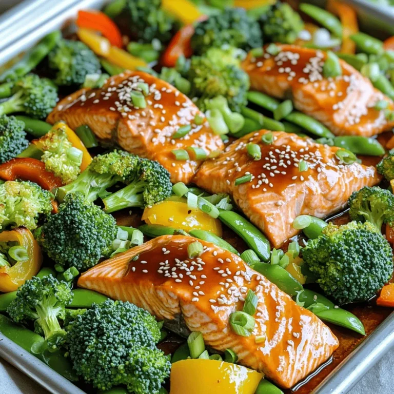- 4 salmon fillets - 1 cup broccoli florets - 1 cup snap peas - 1 bell pepper, sliced (any color) - 1/4 cup soy sauce (or tamari for a gluten-free option) - 2 tablespoons honey or maple syrup - 1 tablespoon rice vinegar - 1 teaspoon minced garlic - 1 teaspoon grated ginger - 1 teaspoon cornstarch mixed with 1 tablespoon water - 2 tablespoons olive oil - Salt and pepper to taste - Sesame seeds, for garnish - Green onions, finely sliced, for garnish The ingredients for this dish are fresh and simple. You will need salmon fillets, colorful veggies, and a tasty sauce. Each item adds flavor and nutrition. The broccoli and snap peas bring a nice crunch. The bell pepper adds sweetness and color. For the teriyaki sauce, you mix soy sauce, honey, rice vinegar, garlic, and ginger. This sauce is key to making the dish shine. The cornstarch helps thicken it, giving it the perfect texture. When seasoning, olive oil is a must. It helps the veggies cook well. Salt and pepper are important too. They enhance all the flavors. For garnishes, sesame seeds and green onions add a nice touch. They make the dish look bright and appealing. This dish is not only quick to make but also fun and delicious. You can find the full recipe in the article. Enjoy cooking! - Preheat the oven to 400°F (200°C). - Line the baking sheet with parchment paper. - In a saucepan, mix 1/4 cup soy sauce, 2 tablespoons honey, 1 tablespoon rice vinegar, 1 teaspoon minced garlic, and 1 teaspoon grated ginger. Heat over medium. - Stir until it simmers. - In a bowl, mix 1 teaspoon cornstarch with 1 tablespoon water. - Add this to the saucepan. Stir until the sauce thickens, then remove from heat. - In a bowl, toss 1 cup broccoli florets, 1 cup snap peas, and sliced bell pepper with 2 tablespoons olive oil, salt, and pepper. - Place salmon fillets in the center of your baking sheet. - Spread the seasoned vegetables around the salmon. - Drizzle half of the teriyaki sauce over everything. - Put the baking sheet in your preheated oven. - Bake for 15-20 minutes. The salmon should flake easily. The veggies should be tender but still crunchy. - After baking, drizzle the remaining teriyaki sauce over the dish for extra flavor. - Look for fresh, wild-caught salmon if possible. Fresh salmon tastes better and is healthier. - Consider the thickness for cooking time adjustments. Thicker fillets may need a bit more time to cook. - To enhance the flavors, try adding a splash of sesame oil. This gives a nutty taste. - Store homemade teriyaki sauce in an airtight container in the fridge. It stays fresh for about one week. - Use parchment paper for easy removal. It helps prevent sticking and makes cleanup a breeze. - For quick dish cleaning, soak your baking sheet in warm soapy water right after use. This makes scrubbing easier. {{image_4}} You can switch up the veggies in your sheet pan teriyaki salmon. Try using asparagus or zucchini for a fresh twist. Both add great texture and flavor. You can also use seasonal vegetables. In summer, add fresh corn or cherry tomatoes. In winter, consider Brussels sprouts or root vegetables. This keeps the dish exciting and colorful. If you want to mix things up, try different sauces or marinades. A sweet chili sauce can add a nice kick. You can also use a spicy peanut sauce for a nutty flavor. If you like heat, add red pepper flakes to your teriyaki sauce. This will spice up the dish without losing its original taste. Not a fan of salmon? You can easily swap it out for chicken or tofu. Just keep in mind that chicken may need a bit longer to cook, about 20-25 minutes. Tofu cooks faster, so check it around 15 minutes. The goal is to ensure everything is cooked through but still juicy. Each protein brings its own flavor, so feel free to experiment! To keep your teriyaki salmon fresh, store it in an airtight container. Place it in the fridge as soon as it cools down. This helps lock in the flavor and moisture. You can keep it for up to three days. If you wait too long, the salmon may dry out or spoil. You can freeze leftover teriyaki salmon for longer storage. Wrap individual portions tightly in plastic wrap or foil. Then, place them in a freezer bag. This way, they stay fresh for up to three months. When ready to eat, thaw it in the fridge overnight. For reheating, place it in the oven at 350°F (175°C) for about 15-20 minutes. This helps keep the salmon moist and tasty. Leftover salmon is great in many dishes. You can flake it into salads for a healthy meal. It also works well in tacos or wraps. Serve it over rice or quinoa for a filling lunch. Pair it with veggies or grains for a balanced plate. Use your imagination! Cooking sheet pan teriyaki salmon takes about 15 to 20 minutes. Factors that affect this include the thickness of the salmon fillets and your oven's heat. Thicker fillets may take longer. It's best to check if the salmon flakes easily with a fork to know it's done. Yes, you can prep this recipe ahead of time. You can cut the veggies and make the teriyaki sauce a day before. Store them in the fridge. When you're ready to cook, simply assemble and bake. Reheating is easy, too. Just warm it in the oven or microwave until hot. If you don't have teriyaki sauce, you can make a quick version. Mix soy sauce, honey, and a splash of vinegar. You can also add minced garlic and ginger for flavor. This makes a tasty substitute that works well in the recipe. Pair your teriyaki salmon with easy sides. Some great options are: - Steamed rice - Quinoa - Sautéed spinach - Roasted sweet potatoes - Cucumber salad These sides complement the salmon's flavors and add color to your plate. This sheet pan teriyaki salmon dish is quick and tasty. We covered ingredients, steps, and helpful tips. You can use fresh veggies and sauces to make it your own. Remember, you can store leftovers or freeze the dish for later. This recipe is flexible and fun to try. Cooking can be easy and delicious if you use the right tips. Enjoy your meal and feel proud of your cooking skills!