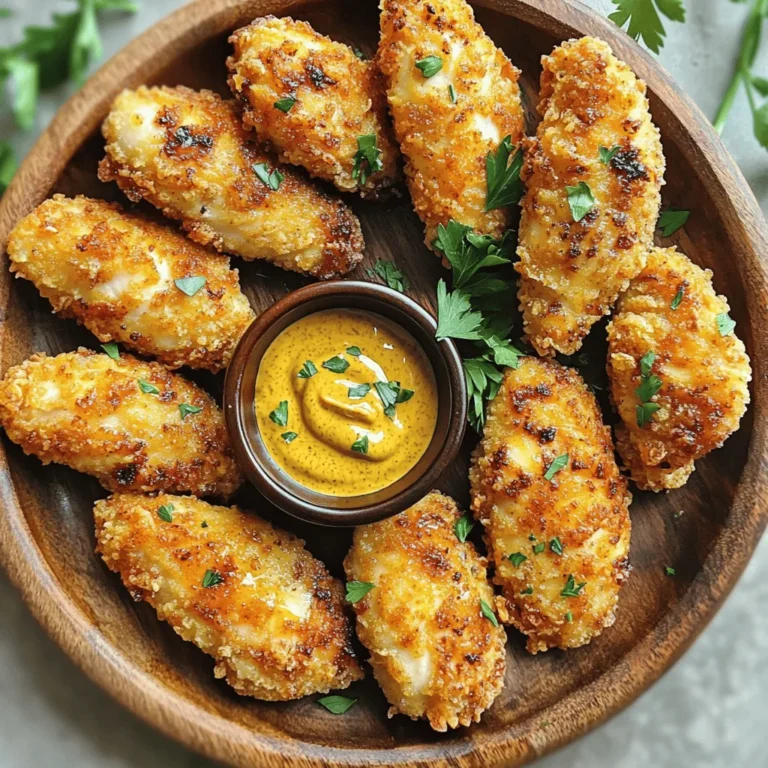 - 1 lb chicken breast, cut into uniform strips - 1 cup buttermilk - 1 cup all-purpose flour - 1 cup seasoned breadcrumbs - 1 teaspoon garlic powder - 1 teaspoon onion powder - 1 teaspoon smoked paprika - 1/2 teaspoon salt - 1/2 teaspoon black pepper - Light cooking spray This list has everything you need for crispy air fryer chicken tenders. The chicken breast is the star. It’s juicy and tender when cooked right. Buttermilk adds flavor and helps keep the meat moist. The flour and breadcrumbs create that crunchy outer layer. - Other spices (e.g., cayenne pepper for heat) - Parmesan cheese for added flavor You can spice things up with optional add-ins. For heat, add cayenne pepper to the breading. If you love cheese, sprinkle in some Parmesan. This will make your tenders even tastier! First, I coat the chicken strips in buttermilk. This step makes the chicken juicy and flavorful. Place the chicken in a large bowl and pour in the buttermilk. Make sure every piece is covered well. Cover the bowl with plastic wrap and put it in the fridge. For the best taste, marinate for at least 1 hour. Overnight is even better! Next, I mix the flour and spices in a shallow dish. For this recipe, I use all-purpose flour, garlic powder, onion powder, smoked paprika, salt, and black pepper. Stir the mixture well with a fork. This ensures every bite has great flavor. An even coating makes a big difference! Now, it’s time to coat the chicken. Take the marinated chicken strips out of the buttermilk. Let any extra liquid drip off. First, dredge each piece in the flour mixture. Shake off the extra flour before dipping them back into buttermilk. Now, coat the strips in seasoned breadcrumbs. Press gently to help them stick. Before cooking, I preheat the air fryer. Set it to 400°F (200°C) for about 5 minutes. This step is very important! Preheating helps create that crispy outer layer we all love. Place the chicken tenders in a single layer in the air fryer basket. Make sure not to crowd them. This ensures even cooking. Lightly spray the tops with cooking spray for extra crispiness. Cook for about 10-12 minutes. Flip the tenders halfway through. They are done when they are golden brown and reach an internal temperature of 165°F (74°C). Once cooked, carefully remove the chicken tenders. Let them rest for a few minutes. This keeps them juicy. Serve them with your favorite dipping sauce, like honey mustard. For a nice touch, garnish with chopped parsley or a sprinkle of paprika. Enjoy your crispy chicken tenders! For the full recipe, check the detailed instructions above. To get that perfect crunch, use light cooking spray. It helps the coating become golden and crisp. Spray it just before cooking. Another key tip is to avoid overcrowding the air fryer. If the basket is too full, the hot air can't circulate well. This can lead to soggy tenders, which no one wants! A common mistake is over or under-marination. If you don't marinate long enough, the chicken may taste bland. However, too long can make it mushy. A good rule is to marinate for at least one hour. Also, be careful when coating your chicken. If you handle it too much, the breadcrumbs can flake off. Gently press the crumbs onto the chicken to keep them intact. You can spice things up with dips and sauces! Honey mustard is a classic choice. You can also try ranch, barbecue, or spicy sriracha. Each adds a new twist to your meal. For a bolder flavor, consider adding cayenne pepper to the breading. It gives an extra kick that many will love. {{image_4}} You can add different herbs and spices for unique flavors. Try mixing in thyme, rosemary, or oregano for a fresh taste. For a spicy kick, blend in some jalapeños with the buttermilk. This gives the chicken tenders a zesty heat. If you want something sweeter, consider a hint of cinnamon in the breadcrumb mix. Each variation opens a new door to taste! If you use thicker chicken strips, extend the cooking time by a few minutes. This ensures the inside cooks through. For frozen chicken, you should add about 5 extra minutes to the cooking time. Always check the chicken's internal temperature. It should reach 165°F (74°C) to be safe to eat. For gluten-free options, swap regular breadcrumbs with gluten-free ones. You can also use crushed cornflakes for a crispy texture. If you need a dairy-free choice, replace buttermilk with almond milk or coconut milk mixed with a bit of vinegar. These substitutions help everyone enjoy this tasty dish! To keep your chicken tenders fresh, place them in an airtight container. This helps maintain their flavor and moisture. Store them in the fridge for up to three days. If you want them to last longer, consider freezing. The best way to reheat chicken tenders is in the air fryer. Set it to 350°F (175°C) and cook for about 5-7 minutes. This method keeps them crispy. The microwave is quick but may make them soggy. If you use the microwave, heat them in short bursts of 30 seconds. You can freeze both uncooked and cooked chicken tenders. For uncooked tenders, place them on a parchment-lined tray until frozen. Then, transfer them to a freezer bag. For cooked tenders, let them cool before freezing. To thaw, place them in the fridge overnight. This way, they thaw safely without losing quality. To check the chicken, use a meat thermometer. The inside should reach 165°F (74°C). This ensures the chicken is safe to eat. If you don’t have a thermometer, look for visual cues. The chicken should be golden brown and juices should run clear. No pink should remain inside the chicken. Yes, you can use frozen chicken. However, it is best to thaw it first. This helps the chicken cook evenly. To thaw, place the chicken in the fridge overnight. If you need to cook it from frozen, add a few extra minutes to the cooking time. Make sure the internal temperature still reaches 165°F (74°C). You can serve these chicken tenders with many sides. Some family-friendly options include: - French fries - Coleslaw - Steamed vegetables - Macaroni and cheese For dips, try: - Honey mustard - Ranch dressing - Barbecue sauce These sides and dips make a complete meal that everyone will love. You can find the "Full Recipe" with all the details and measurements in the article. This will guide you through making the best crispy air fryer chicken tenders. In this blog post, we covered how to make delicious air fryer chicken tenders. We explored the essential ingredients, marinade tips, and step-by-step cooking instructions. We also shared variations, storage tips, and common cooking mistakes to avoid. Remember, crispy chicken tenders are easy to achieve with the right techniques. You can adjust flavors and make this recipe your own. Enjoy your cooking journey and the tasty results!
