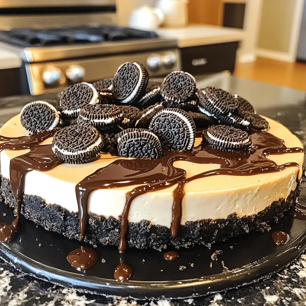 - 24 Oreo cookies, finely crushed - 5 tablespoons unsalted butter, melted - 16 oz cream cheese, at room temperature - 1 cup powdered sugar, sifted - 1 teaspoon pure vanilla extract - 1 cup heavy whipping cream, chilled - 8 Oreo cookies, coarsely chopped (for mixing into filling) - Additional whole Oreo cookies for garnish - Chocolate syrup for drizzling - Fresh berries for garnish - 9-inch springform pan - Medium-sized mixing bowl - Large mixing bowl - Electric mixer - Spatula To make the no-bake Oreo cheesecake, gather these ingredients first. Each one plays a key role in creating a creamy and delicious dessert. The Oreo cookies give the dessert its classic flavor. The cream cheese provides the rich, smooth texture that makes cheesecakes special. You can add chocolate syrup or fresh berries for a fun twist. I often use them to enhance the look and taste. Next, make sure you have the right equipment. A springform pan is best for easy removal. An electric mixer saves time and effort when you need to whip the cream and mix the filling. For the full recipe, check out the detailed steps. This dessert is a crowd-pleaser that is fun to make! To start, I take 24 Oreo cookies and crush them finely. I mix the crushed cookies with 5 tablespoons of melted butter in a medium bowl. This creates a wet crumb mixture. Next, I press this mixture firmly into the bottom of a 9-inch springform pan. I use the flat side of a measuring cup to ensure a solid crust. I then place the crust in the refrigerator to set while I prepare the filling. For the filling, I first beat 16 oz of cream cheese in a large bowl until it's smooth. This takes about 2-3 minutes. Next, I slowly add 1 cup of sifted powdered sugar and 1 teaspoon of pure vanilla extract. I mix this until it becomes fluffy. In another bowl, I whip 1 cup of heavy cream until stiff peaks form. This makes the filling light and airy. Now, I gently fold the whipped cream into the cream cheese mixture using a spatula. It’s important to do this carefully to keep the air in the cream. After that, I fold in 8 coarsely chopped Oreo cookies. This adds those tasty cookie bits throughout the filling. I then pour the cheesecake filling into the chilled crust. Using a spatula, I smooth the top evenly. It looks so good at this stage! Next, I cover the cheesecake with plastic wrap. I refrigerate it for at least 4 hours. If I can wait overnight, I know the texture and flavor will be even better. Finally, I carefully remove the cheesecake from the springform pan. I garnish the top with whole Oreo cookies for extra flair. Then, I slice it into 12 equal pieces. It’s a perfect treat for any occasion. For the full recipe, check the section above! To get the best texture for your no-bake Oreo cheesecake, start with your cream cheese. Make sure it is at room temperature. This step helps it mix smoothly. Next, whip your heavy cream until it forms stiff peaks. This adds lightness to your cheesecake. These two tips will help you achieve that perfect, creamy texture. You can have fun with flavors! Try adding melted chocolate or peanut butter to the filling. These options can give your cheesecake a new twist. You can also experiment with toppings. Fresh fruit, chocolate shavings, or even more crushed Oreos can make it even better. Let your taste guide you. Chilling your cheesecake slowly is key. This helps the temperature spread evenly throughout the cheesecake. If you chill it too fast, you might see cracks form on the top. Also, be careful not to over-mix your filling. Gently fold in the whipped cream and other mix-ins. This keeps the airiness intact and helps prevent cracking. {{image_4}} You can switch up the classic Oreo cheesecake in fun ways. Here are two tasty ideas: - Mint Oreo Cheesecake: Use mint-flavored Oreos for a fresh twist. This adds a cool flavor to your dessert. Simply follow the full recipe, but swap standard Oreos for the mint ones. It’s a refreshing change that’s great for summer. - Peanut Butter Oreo Cheesecake: For peanut butter lovers, mix in creamy peanut butter. Add half a cup of peanut butter to the cream cheese mixture. This will give your cheesecake a rich, nutty flavor. Trust me, it’s a treat you won’t forget! Sometimes, you need to swap ingredients based on your diet or availability. Here are some smart substitutions: - Dairy-free cream cheese options: If you want a dairy-free dessert, look for brands that offer cream cheese made from nuts or soy. These options taste great and work well in the cheesecake. - Gluten-free Oreo cookies: If you need gluten-free, use gluten-free Oreos. They taste just as good and keep your dessert safe for everyone to enjoy. How you serve your cheesecake can add to the fun. Here are a couple of ideas: - Pair with ice cream or whipped topping: A scoop of vanilla ice cream or a dollop of whipped cream makes this dessert even more delicious. The creaminess complements the rich cheesecake. - Serve with a side of fresh fruit: Fresh berries or sliced bananas add a nice fruity touch. They brighten up the plate and add a pop of color to your dessert. Plus, the sweetness of the fruit balances the rich cheesecake. You can keep your no-bake Oreo cheesecake in the fridge for up to 5 days. This dessert stays fresh and tasty when stored properly. Use an airtight container to keep it safe from other fridge odors. If you want to freeze the cheesecake, wrap it well with plastic wrap and then foil. This prevents freezer burn. You can freeze it for up to 2 months. When ready to eat, take it out and place it in the fridge overnight to thaw. You can also let it sit at room temperature for about 2 hours before serving. Check your cheesecake for any changes in smell or color. If it smells sour or looks discolored, it is best to throw it away. Also, if you see any mold, do not eat it. Trust your senses! To make a No-Bake Oreo Cheesecake, follow these steps: 1. Prepare the Crust: Mix 24 crushed Oreo cookies with 5 tablespoons of melted butter. Press this mix into a 9-inch springform pan. 2. Make the Filling: Beat 16 oz of room temperature cream cheese until smooth. Gradually add 1 cup of sifted powdered sugar and 1 teaspoon of vanilla extract. Mix until fluffy. 3. Whip the Cream: In a separate bowl, whip 1 cup of heavy cream until stiff peaks form. 4. Combine: Fold the whipped cream into the cream cheese mix gently. Add 8 coarsely chopped Oreos for more flavor. 5. Fill the Crust: Pour the filling into the crust and smooth the top. 6. Chill: Cover and refrigerate for at least 4 hours. Overnight is best for perfect texture. Yes, you can use low-fat cream cheese. However, it may change the texture and flavor. The cheesecake might be less creamy and more dense. For a lighter taste, be sure to whip the cream well. You can store the cheesecake in the fridge for up to 5 days. Keep it covered to maintain freshness. If you notice any changes in smell or texture, it’s best to discard it. Yes, this recipe is great to make ahead. Refrigerate it for at least 4 hours, or overnight for the best results. Just remember to cover it tightly so it doesn’t absorb other fridge smells. This Oreo cheesecake recipe is easy and fun to make. With just a few steps, you combine crushed cookies, cream cheese, and whipped cream for a delicious dessert. Remember, chilling is key for the best texture. You can also customize it with toppings or flavors. Enjoy it fresh, or freeze for later. Your loved ones will love this treat. Make it your own!