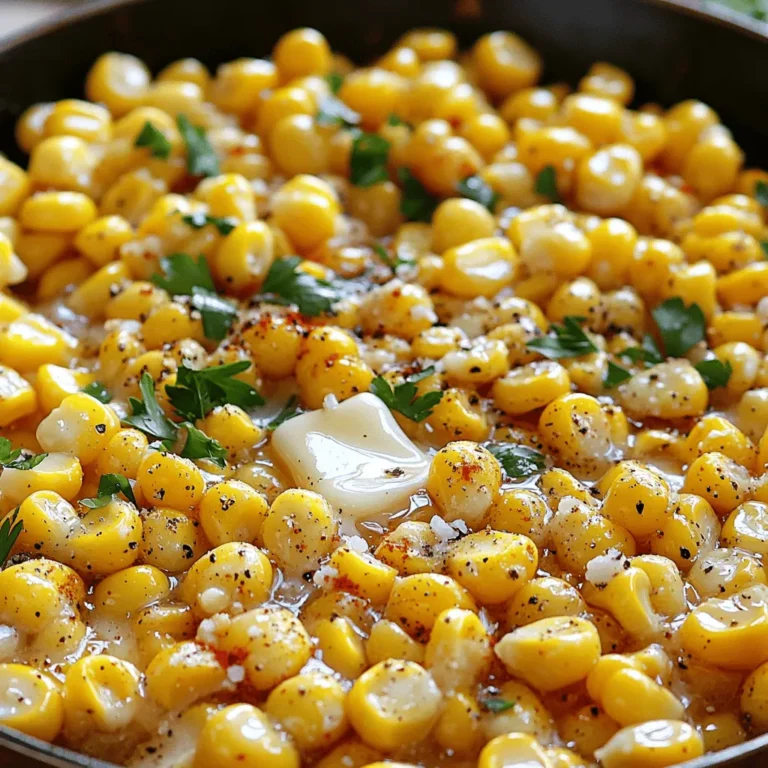- 4 cups fresh corn kernels (or frozen) - 4 tablespoons unsalted butter - 2 tablespoons honey - 1/2 teaspoon sea salt - 1/4 teaspoon black pepper - 1/4 teaspoon smoked paprika - 1 tablespoon fresh parsley, finely chopped (for garnish) I love using fresh corn for this dish. It brings a sweet and crisp taste. If fresh corn is not available, frozen corn works well too. Just make sure to thaw it completely. I use unsalted butter to control the salt level. It melts nicely and adds a rich flavor. The honey gives a sweet touch that balances the corn's natural taste. Sea salt enhances flavor, while black pepper adds a slight kick. Smoked paprika gives a warm, smoky taste. It really makes the dish pop! Finally, I add fresh parsley for a splash of color and freshness. It makes the dish look great and tastes even better. For the full recipe, check out the details above. To start, you need fresh corn. Grab a sharp knife and cut the kernels off the cobs. Hold the cob upright in a bowl to catch the kernels. Aim for about 4 cups of corn. If you choose frozen corn, just thaw it fully. After thawing, drain any extra moisture to keep the dish from getting soggy. Next, it’s time to melt the butter. Place a large skillet on medium heat. Add 4 tablespoons of unsalted butter and let it melt slowly. Keep an eye on it. You want it to bubble gently without turning brown. This step is key for that rich flavor. Once the butter is melted, add your corn kernels to the skillet. Use a spatula to stir them gently. This helps coat the corn in the melted butter. Now, sprinkle in 1/2 teaspoon of sea salt, 1/4 teaspoon of black pepper, and 1/4 teaspoon of smoked paprika. Mix it all well to ensure every kernel gets seasoned. Let the corn cook for 8 to 10 minutes. Stir occasionally. You want the corn to heat through and start to caramelize slightly on the edges. This adds a wonderful sweetness and depth of flavor. After cooking, drizzle the honey over the corn. Stir gently to blend it in without crushing the kernels. This honey butter skillet corn will be a delightful side dish that everyone will love. For the full recipe, check above. Smoked paprika gives a nice touch. If you can’t find it, use regular paprika or chili powder. Both add a hint of warmth. For sweetness, honey is key. You can adjust the sweetness by adding more or less honey. Try maple syrup as a fun alternative too. To boost flavor, add fresh herbs like thyme or basil. They brighten the dish. You can also try a dash of garlic powder or onion powder for more depth. For the best caramelization, keep the heat steady. Stir often, but let the corn sit for a moment to brown. Serve this corn dish warm in a rustic bowl. Pair it with grilled meats or roasted veggies. It also goes well with tacos or barbecued chicken. Drizzle extra honey on top for a sweet finish. A sprig of parsley not only looks nice but adds freshness. For the full recipe, check the detailed steps above. {{image_4}} You can switch up sweeteners in this dish. Maple syrup works great if you want a twist. It adds a unique flavor that pairs well with corn. For those who need a dairy-free option, use coconut oil instead of butter. It gives a nice richness and still allows the honey to shine. You can also add vegetables to make the dish more fun. Bell peppers bring a pop of color and crunch. If you like heat, toss in some jalapeños for a spicy kick. Different corn types can change the taste too. Try using sweet corn or even roasted corn for a smoky flavor. Want to try a different cooking style? You can bake this dish in the oven. Spread it on a baking sheet, drizzle with honey, and roast until golden. Or, grill the corn instead. Grilling gives it a nice char and adds a smoky aroma. Both methods keep the corn sweet and tasty. To store leftover Honey Butter Skillet Corn, let it cool first. Use an airtight container. This keeps the corn fresh. You can keep it in the fridge for about 3 to 4 days. If you notice any change in smell or look, it's best to toss it. If you want to save your corn for later, freezing works well. First, place the cooled corn in a freezer-safe bag. Try to remove as much air as possible. You can freeze it for up to 3 months. When you're ready to use it, thaw the corn in the fridge overnight. You can also warm it in the microwave if you're short on time. This way, your Honey Butter Skillet Corn stays tasty for future meals. Yes, you can use frozen corn for this dish. Frozen corn has several benefits: - Convenience: It saves prep time. - Flavor: Frozen corn is picked at peak ripeness and quickly frozen. - Availability: You can find it year-round, unlike fresh corn. To add spice to Honey Butter Skillet Corn, try these ideas: - Chili Powder: Add a teaspoon for some heat. - Cayenne Pepper: A pinch can boost the spice level. - Jalapeños: Chopped jalapeños add fresh heat and crunch. Mix these ingredients into the skillet when you add the corn. Yes, you can double this recipe easily. Here are some tips: - Cooking Time: Keep an eye on the corn. It may need a few extra minutes. - Skillet Size: Use a larger skillet or cook in batches to avoid overcrowding. - Serving: This dish is great for sharing, so use a big bowl to serve. To reheat and keep the flavor, follow these steps: - Stovetop: Heat in a skillet over low heat. Stir often to prevent sticking. - Microwave: Place in a bowl, cover with a damp paper towel, and warm in short bursts. Both methods keep the texture and taste intact. For the complete details on how to prepare this dish, check out the Full Recipe. This blog post covered how to make honey butter skillet corn. We looked at key ingredients, with fresh corn as a star. I shared step-by-step cooking instructions and helpful tips. You learned about variations and how to store leftovers. For great flavor and fun, try this dish today. It’s easy to make and perfect for many meals. Enjoy the sweetness and savor the taste!