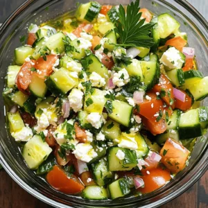 - 2 large cucumbers - 3 medium tomatoes - 1/4 cup red onion - 1/4 cup fresh parsley - 1 cup feta cheese - 3 tablespoons extra virgin olive oil - 1 tablespoon red wine vinegar (optional) - 1 teaspoon dried oregano - Salt and freshly ground black pepper When I make my Cucumber Tomato Feta Salad, I start with fresh produce. Fresh ingredients really bring the salad to life. I grab two large cucumbers. They should be crisp and firm. I also use three medium tomatoes. Look for bright colors and a slight give when you press them. A quarter cup of red onion adds a nice bite. I choose a small red onion for its sweet flavor. Lastly, I add a quarter cup of fresh parsley. This herb brightens the dish and adds color. Next, I focus on the dairy. Feta cheese is a must for this salad. I use one cup of crumbled feta. Its creamy texture balances the crunch of the vegetables. Now, let’s talk pantry essentials. I add three tablespoons of extra virgin olive oil. This oil adds richness and flavor. If you like a bit of tang, one tablespoon of red wine vinegar is optional. It brightens the salad. I sprinkle one teaspoon of dried oregano for that classic Mediterranean taste. Finally, I add salt and freshly ground black pepper to taste. For the full recipe, you can check out the details. This salad is simple, fresh, and full of flavor, perfect for any meal! 1. Start by dicing the cucumbers. Cut them into small cubes. This makes them easy to eat. 2. Next, chop the tomatoes into bite-sized pieces. Make sure they are juicy and ripe for the best flavor. 3. Finely chop the red onion. This adds a great crunch and zing to your salad. 1. In a large mixing bowl, add the diced cucumbers and chopped tomatoes. 2. Now, add the crumbled feta cheese and the chopped parsley. This will give the salad a fresh taste. 3. Sprinkle dried oregano over the mixture. This herb adds a lovely aroma and flavor. 1. In a small bowl, whisk together the olive oil and vinegar. This dressing will tie all the flavors together. 2. Pour the dressing over the salad ingredients. Make sure everything gets coated well. 1. Gently fold the ingredients together. Be careful not to mash the feta cheese. 2. Season the salad with salt and freshly ground black pepper. Adjust the amounts to your liking. 3. Allow the salad to rest for about 10 minutes. This helps the flavors blend well, making each bite delicious. For the full recipe, check out the details above. Enjoy this fresh and flavorful mix! Let the salad rest for 10 minutes before serving. This step helps the flavors blend well. You can adjust the seasoning to taste. Start with a little salt and pepper, then add more if needed. Use a clear glass bowl to serve the salad. This lets the bright colors shine through. Garnish with extra feta and a sprinkle of parsley. A little extra touch makes it look fancy. Pair this salad with grilled meats for a tasty meal. It also works well as a light lunch. Serve it with some crusty bread for a nice combo. {{image_4}} You can change your salad by adding more fun ingredients. Consider sliced olives for a briny kick. They add a nice salty flavor. Bell peppers are another great choice. Chop them in small pieces for a sweet crunch. If you want to mix things up, try using avocado oil instead of olive oil. Avocado oil has a smooth taste that works well here. You can also play with herbs. Adding fresh basil or dill can give your salad a new twist. Want to make it vegan? Swap out the feta cheese for tofu. Tofu absorbs flavors well and adds protein. You can also use a dairy-free feta made from nuts or soy. This way, everyone can enjoy this salad. For the full recipe, check out the Crisp Cucumber Tomato Feta Delight section. Store your salad in the refrigerator. Use an airtight container for best results. This keeps it fresh and crisp. Enjoy your salad within 2 days for the best taste. Avoid adding dressing until you are ready to serve. This helps keep the veggies crunchy. Check for discoloration in the vegetables. If they look dull or mushy, it’s time to toss the salad. Smell the mix for freshness. If it smells off, don’t eat it. To make the best salad, start with fresh ingredients. Use firm cucumbers and ripe tomatoes. Look for feta that is creamy and packed in brine for added flavor. When you chop, try to keep pieces similar in size. This helps with even flavor and texture. Yes, you can prepare this salad in advance. I recommend making it no more than a few hours ahead. This keeps the vegetables crisp and fresh. If you prepare it too early, the cucumbers may get soggy. If you need a substitute for feta, try goat cheese or ricotta. Both add creaminess and flavor. For a vegan option, use tofu or nutritional yeast. These options provide a similar texture and enhance the taste of your salad. To enhance the flavor, consider adding herbs like basil or mint. Fresh herbs bring a bright taste. You can also add a dash of chili flakes for some heat. A squeeze of lemon juice can also brighten the mix. Yes, this salad is healthy. Cucumbers are hydrating and low in calories. Tomatoes are rich in vitamins and antioxidants. Feta cheese adds protein and calcium. This mix is both tasty and good for you. For the full recipe, check out the Crisp Cucumber Tomato Feta Delight. This blog post covers how to make a fresh and tasty Cucumber Tomato Feta Salad. We discussed key ingredients like cucumbers, tomatoes, feta cheese, and pantry essentials. I also shared step-by-step instructions for preparation and serving tips. You can enhance the flavor or modify the salad to fit your needs. Remember to store it properly to keep it fresh. This salad is not only healthy but also a joy to make and share. Enjoy creating this dish that brightens any meal!
