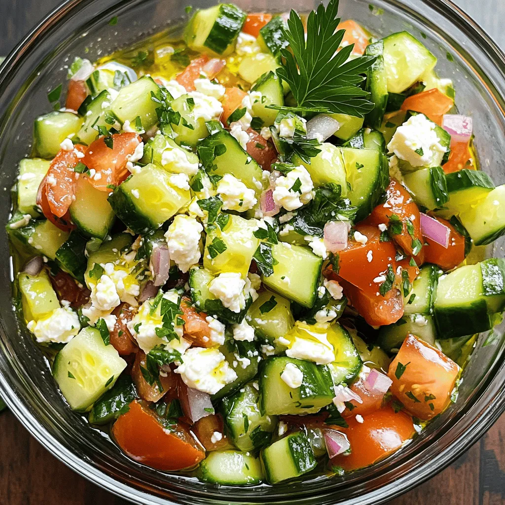 - 2 large cucumbers - 3 medium tomatoes - 1/4 cup red onion - 1/4 cup fresh parsley - 1 cup feta cheese - 3 tablespoons extra virgin olive oil - 1 tablespoon red wine vinegar (optional) - 1 teaspoon dried oregano - Salt and freshly ground black pepper When I make my Cucumber Tomato Feta Salad, I start with fresh produce. Fresh ingredients really bring the salad to life. I grab two large cucumbers. They should be crisp and firm. I also use three medium tomatoes. Look for bright colors and a slight give when you press them. A quarter cup of red onion adds a nice bite. I choose a small red onion for its sweet flavor. Lastly, I add a quarter cup of fresh parsley. This herb brightens the dish and adds color. Next, I focus on the dairy. Feta cheese is a must for this salad. I use one cup of crumbled feta. Its creamy texture balances the crunch of the vegetables. Now, let’s talk pantry essentials. I add three tablespoons of extra virgin olive oil. This oil adds richness and flavor. If you like a bit of tang, one tablespoon of red wine vinegar is optional. It brightens the salad. I sprinkle one teaspoon of dried oregano for that classic Mediterranean taste. Finally, I add salt and freshly ground black pepper to taste. For the full recipe, you can check out the details. This salad is simple, fresh, and full of flavor, perfect for any meal! 1. Start by dicing the cucumbers. Cut them into small cubes. This makes them easy to eat. 2. Next, chop the tomatoes into bite-sized pieces. Make sure they are juicy and ripe for the best flavor. 3. Finely chop the red onion. This adds a great crunch and zing to your salad. 1. In a large mixing bowl, add the diced cucumbers and chopped tomatoes. 2. Now, add the crumbled feta cheese and the chopped parsley. This will give the salad a fresh taste. 3. Sprinkle dried oregano over the mixture. This herb adds a lovely aroma and flavor. 1. In a small bowl, whisk together the olive oil and vinegar. This dressing will tie all the flavors together. 2. Pour the dressing over the salad ingredients. Make sure everything gets coated well. 1. Gently fold the ingredients together. Be careful not to mash the feta cheese. 2. Season the salad with salt and freshly ground black pepper. Adjust the amounts to your liking. 3. Allow the salad to rest for about 10 minutes. This helps the flavors blend well, making each bite delicious. For the full recipe, check out the details above. Enjoy this fresh and flavorful mix! Let the salad rest for 10 minutes before serving. This step helps the flavors blend well. You can adjust the seasoning to taste. Start with a little salt and pepper, then add more if needed. Use a clear glass bowl to serve the salad. This lets the bright colors shine through. Garnish with extra feta and a sprinkle of parsley. A little extra touch makes it look fancy. Pair this salad with grilled meats for a tasty meal. It also works well as a light lunch. Serve it with some crusty bread for a nice combo. {{image_4}} You can change your salad by adding more fun ingredients. Consider sliced olives for a briny kick. They add a nice salty flavor. Bell peppers are another great choice. Chop them in small pieces for a sweet crunch. If you want to mix things up, try using avocado oil instead of olive oil. Avocado oil has a smooth taste that works well here. You can also play with herbs. Adding fresh basil or dill can give your salad a new twist. Want to make it vegan? Swap out the feta cheese for tofu. Tofu absorbs flavors well and adds protein. You can also use a dairy-free feta made from nuts or soy. This way, everyone can enjoy this salad. For the full recipe, check out the Crisp Cucumber Tomato Feta Delight section. Store your salad in the refrigerator. Use an airtight container for best results. This keeps it fresh and crisp. Enjoy your salad within 2 days for the best taste. Avoid adding dressing until you are ready to serve. This helps keep the veggies crunchy. Check for discoloration in the vegetables. If they look dull or mushy, it’s time to toss the salad. Smell the mix for freshness. If it smells off, don’t eat it. To make the best salad, start with fresh ingredients. Use firm cucumbers and ripe tomatoes. Look for feta that is creamy and packed in brine for added flavor. When you chop, try to keep pieces similar in size. This helps with even flavor and texture. Yes, you can prepare this salad in advance. I recommend making it no more than a few hours ahead. This keeps the vegetables crisp and fresh. If you prepare it too early, the cucumbers may get soggy. If you need a substitute for feta, try goat cheese or ricotta. Both add creaminess and flavor. For a vegan option, use tofu or nutritional yeast. These options provide a similar texture and enhance the taste of your salad. To enhance the flavor, consider adding herbs like basil or mint. Fresh herbs bring a bright taste. You can also add a dash of chili flakes for some heat. A squeeze of lemon juice can also brighten the mix. Yes, this salad is healthy. Cucumbers are hydrating and low in calories. Tomatoes are rich in vitamins and antioxidants. Feta cheese adds protein and calcium. This mix is both tasty and good for you. For the full recipe, check out the Crisp Cucumber Tomato Feta Delight. This blog post covers how to make a fresh and tasty Cucumber Tomato Feta Salad. We discussed key ingredients like cucumbers, tomatoes, feta cheese, and pantry essentials. I also shared step-by-step instructions for preparation and serving tips. You can enhance the flavor or modify the salad to fit your needs. Remember to store it properly to keep it fresh. This salad is not only healthy but also a joy to make and share. Enjoy creating this dish that brightens any meal!