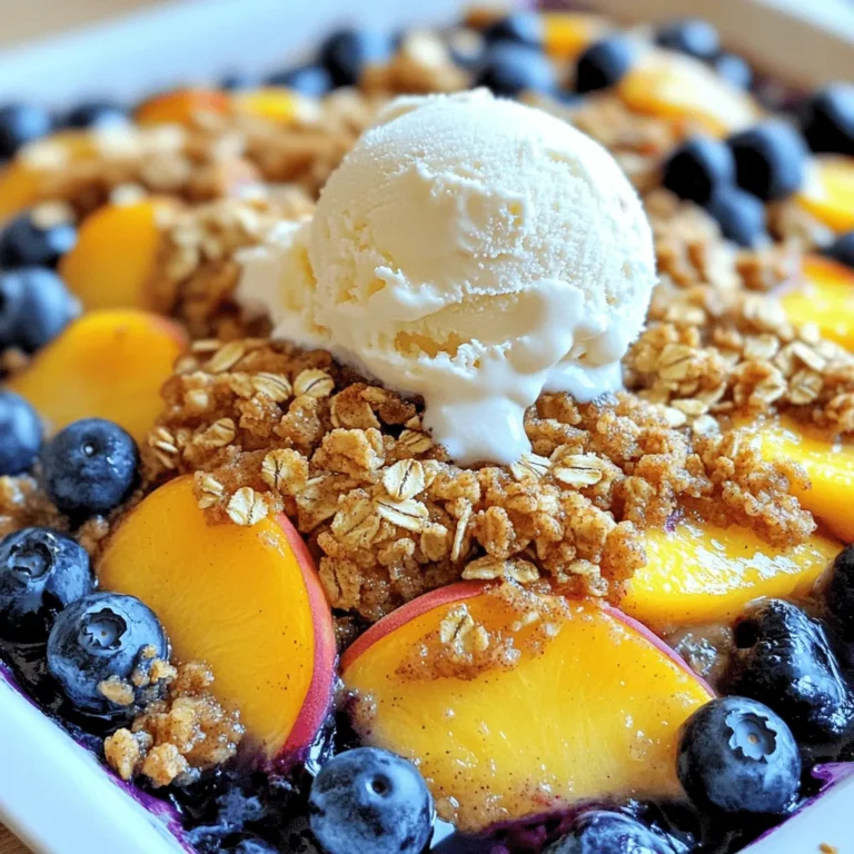 The key to a great Peach and Blueberry Crisp is using fresh ingredients. Here’s what you need: - 4 medium ripe peaches, peeled and sliced - 1 cup fresh blueberries - 1 tablespoon fresh lemon juice These fruits bring a sweet and tangy flavor. Peaches add juiciness, while blueberries add a burst of flavor. The lemon juice brightens everything up. - 1 tablespoon cornstarch - ½ cup granulated sugar - 1 teaspoon ground cinnamon - 1 teaspoon pure vanilla extract - 1 cup rolled oats - ½ cup all-purpose flour - ½ cup brown sugar, packed - ½ cup cold unsalted butter, cut into small cubes - Pinch of salt The topping is where the magic happens. The oats give it crunch, while the butter creates a rich flavor. The cinnamon and vanilla add warmth and depth. You can refer to the Full Recipe for exact measurements and instructions. Enjoy the process of creating this delightful dessert! - Preheat oven to 350°F (175°C). - In a large mixing bowl, combine the sliced peaches, fresh blueberries, lemon juice, cornstarch, granulated sugar, ground cinnamon, and pure vanilla extract. Mix gently. This helps coat the fruit well. - Pour the fruit mixture into an 8x8-inch baking dish. Spread it evenly for a nice base. - In another bowl, mix the rolled oats, all-purpose flour, packed brown sugar, and a pinch of salt. Stir until combined. - Add the cold butter to the dry mixture. Use your fingers to work it in until you see coarse crumbs. This creates a great topping. - Evenly sprinkle the topping over the fruit layer. Make sure it covers all the fruit. - Place the baking dish in the oven and bake for 30-35 minutes. Watch for the topping to turn golden brown and the fruit to bubble. Following these simple steps will lead you to a delicious Peach and Blueberry Crisp. You can find the full recipe for more detailed instructions and tips! To make the best peach and blueberry crisp, focus on a few key details. First, ensure you mix the sugar and cinnamon well. This will help each bite taste sweet and warm. I usually sprinkle the sugar and cinnamon evenly over the fruit. This way, every piece of fruit gets the right flavor. Next, use cold butter for the topping. Cold butter helps create a flaky, crunchy texture. I cut the butter into small cubes, then mix it into the dry ingredients. Using my fingers, I work the butter in until it looks like coarse crumbs. This step is crucial for that perfect crisp. Serving the crisp warm makes a big difference. I like to dish out generous portions into bowls. A scoop of vanilla ice cream on top is a must! The cold ice cream melts slightly and mixes with the warm fruit. It creates a delightful contrast that everyone loves. For an extra touch, add some fresh fruit on top. A few blueberries and peach slices make the dish look beautiful. Not only does it taste great, but it also looks inviting. Enjoy your crisp fresh from the oven, and remember to check out the Full Recipe for more tips! {{image_4}} You can switch up the fruit for your peach and blueberry crisp. Try using nectarines or cherries instead of peaches. Both fruits have a sweet taste that works well with blueberries. If you want a bit of tartness, add some raspberries. Their bright flavor adds a nice kick to the dish. You can mix and match fruits based on what you love. If you want a healthier dessert, there are simple swaps you can make. Use honey or maple syrup instead of granulated sugar. These natural sweeteners give a lovely flavor and cut down on refined sugar. You can also replace butter with coconut oil for a vegan version. This change gives a rich taste while keeping it dairy-free. Feel free to experiment with these options to find your favorite twist on the classic recipe. For the full recipe, check out the instructions above. After enjoying your peach and blueberry crisp, store any leftovers right away. Place them in an airtight container. You can keep it in the fridge for up to 3 days. When you want to eat it again, reheat it in the oven. This helps the crisp topping stay crunchy. If you want to save some for later, freezing is a great option! Portion out servings and freeze them for up to 3 months. When you are ready to enjoy it, thaw the portions first. This way, the texture stays nice when you reheat it. Look for a golden brown topping and bubbling fruit. This signals that the sugars have caramelized and the fruit has released its juices. Yes, you can assemble it before baking. Just refrigerate it for up to 24 hours. This makes it easy to enjoy fresh dessert later. Pair it with whipped cream or yogurt for a deeper flavor experience. The creaminess balances the sweet and tart notes of the crisp. Yes, simply use gluten-free oats and flour to modify the recipe. This way, everyone can enjoy this delicious treat. For the full recipe, check the details above. Peach and Blueberry Crisp is simple and delicious. You now have the steps and ingredients needed to make it. Remember, fresh fruit and the right topping will make your dish shine. Use my tips for great results and feel free to play with fruit choices. Store leftovers correctly or freeze them for later. This dessert will impress, whether you serve it warm with ice cream or keep it simple. Enjoy crafting this treat for yourself or loved ones. Happy baking!