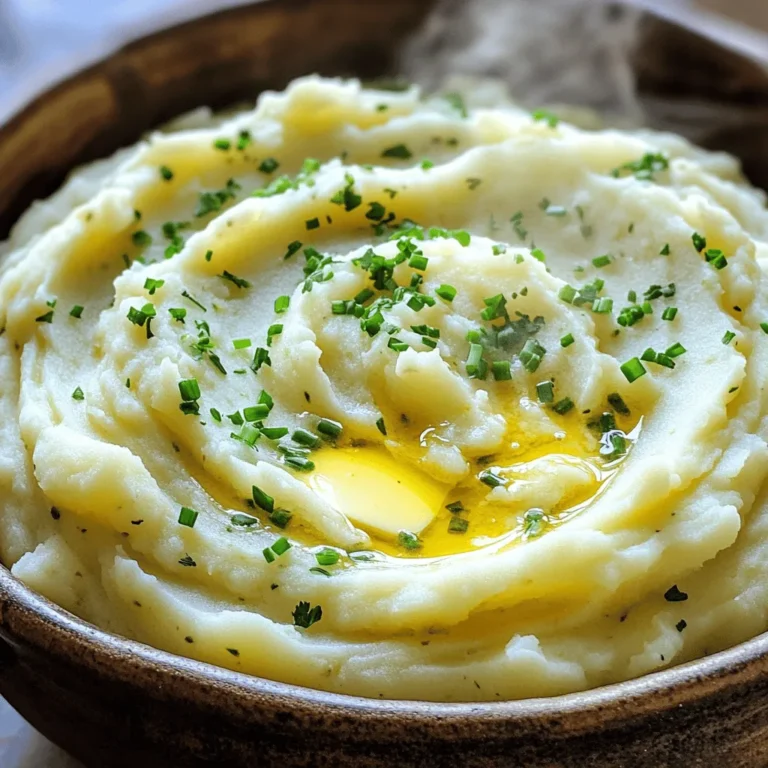 - 2 pounds russet potatoes, peeled and cut into uniform chunks - 4 cloves garlic, finely minced - 1/2 cup unsalted butter, diced into small pieces - 1 cup whole milk (or cream for an indulgent touch) - 1/4 cup sour cream for tanginess - 1 teaspoon salt (adjustable to personal preference) - 1/2 teaspoon freshly ground black pepper (or adjusted to taste) - 2 tablespoons fresh parsley, finely chopped - 1 tablespoon fresh chives, finely chopped For the best taste, use fresh garlic and quality butter. Russet potatoes give a light and fluffy texture. Feel free to use whole milk for a creamy finish or cream if you want it richer. Choosing fresh herbs adds a bright touch to the dish. - Grated cheese for a cheesy twist - Bacon bits for a savory crunch - Cream cheese for extra creaminess You can mix in cheese like cheddar for a rich flavor. If you want a savory bite, add crispy bacon bits. For a smoother texture, cream cheese works well too. If you don't have russet potatoes, Yukon Gold potatoes also make a great option. They have a buttery flavor and creamy texture. Want to learn how to make these delicious garlic mashed potatoes? Check out the Full Recipe for detailed steps! Start by placing the chopped russet potatoes into a large pot. Cover them with cold water. Add a pinch of salt to enhance the flavor. Bring the pot to a lively boil over medium-high heat. Once boiling, reduce the heat to medium. Let the potatoes simmer gently for about 15 to 20 minutes. They are done when fork-tender. To check for doneness, use a fork to pierce them. If it goes in easily, they are ready. While the potatoes cook, melt the butter in a small saucepan. Use medium-low heat for this. Add the finely minced garlic and sauté for about 2 to 3 minutes. You want the garlic to smell great but not to brown. Browning can make it bitter. Once the garlic releases its aroma, take it off the heat and set it aside. After draining the cooked potatoes in a colander, return them to the pot. Let them steam for a minute to remove extra moisture. Now, grab a potato masher or a sturdy fork. Mash the potatoes to your desired creaminess. For a rich flavor, pour in the garlic butter mixture, whole milk, and sour cream. Stir until everything is mixed well. The goal is smooth, creamy potatoes. Season with salt and freshly ground black pepper. Adjust the taste to your liking. Finally, fold in the chopped parsley and chives gently. Save some herbs for a fresh garnish. Serve warm, and enjoy this creamy delight! To get creamy mashed potatoes, I recommend using a potato masher. A ricer also works well for a smooth finish. Avoid using a blender or food processor, as they can make the potatoes gummy. To prevent lumps, make sure to cut the potatoes into even chunks. This helps them cook uniformly. Always mash the potatoes while they are hot for easier blending. You can make your garlic mashed potatoes even better with various seasonings. Adding cheese is a great option. Try sharp cheddar or creamy goat cheese for a rich taste. Fresh herbs like thyme or rosemary also add flavor. If you have dietary needs, you can switch the butter with olive oil. For a dairy-free version, use almond milk or coconut milk instead of whole milk. You can also skip the sour cream for a lighter dish. Easy garlic mashed potatoes pair well with many dishes. Try them with roasted chicken or grilled steak for a cozy dinner. They also complement rich dishes like beef stew or meatloaf. For drinks, a glass of Chardonnay or a light red wine like Pinot Noir works great. If you prefer non-alcoholic options, sparkling water with a slice of lemon is refreshing. For the full recipe, check out the steps above! {{image_4}} You can make your garlic mashed potatoes even better by adding cheese. Here are some fun ideas: - Cheddar: Sharp cheddar adds a rich flavor. Stir in 1 to 2 cups of shredded cheese after mashing. - Cream Cheese: For a creamy texture, blend in 4 ounces of cream cheese. - Parmesan: Grate fresh Parmesan for a nutty twist. About ½ cup works well. When cooking, add cheese at the end. This helps it melt perfectly without clumping. Stir until smooth and creamy for the best results. Using roasted garlic gives these potatoes a sweet and deep flavor. Here’s how to do it: 1. Roast Your Garlic: Wrap whole garlic bulbs in foil and roast them at 400°F (200°C) for 30-40 minutes. This makes the garlic soft and sweet. 2. Mix with Potatoes: Squeeze the roasted garlic cloves into your mashed potatoes after mashing them. Roasted garlic makes the dish richer. It softens the garlic's sharpness, adding a hint of sweetness. This change brings a whole new layer of flavor. You can easily make these mashed potatoes vegan. Here are some simple swaps: - Butter: Use vegan butter or olive oil instead of regular butter. - Milk: Almond milk, soy milk, or oat milk work great in place of whole milk. - Sour Cream: Try coconut cream or a vegan sour cream option for creaminess. To keep them creamy, mash the potatoes well and mix in your chosen vegan milk slowly. This way, you’ll get a smooth texture just like the classic version. To store garlic mashed potatoes in the fridge, use an airtight container. This keeps them fresh and tasty. Make sure they cool down before sealing. They last about three to five days in the fridge. If you want them to stay good longer, freeze them. Freezing mashed potatoes is easy. First, let them cool completely. Then, scoop them into freezer bags. Remove as much air as you can to prevent freezer burn. Label the bags with the date. They can stay in the freezer for up to three months. When you’re ready to enjoy them, move the bag to the fridge to thaw overnight. To reheat mashed potatoes, use the stove or microwave. On the stove, warm them over low heat, stirring often. This helps keep their creamy texture. In the microwave, heat in short bursts, stirring in between. After reheating, you may want to adjust the flavor. Add a little butter or cream for richness. A touch of salt can also boost the taste. For the full recipe, check out the details above! To make garlic mashed potatoes, follow these quick steps: 1. Peel and cut 2 pounds of russet potatoes into chunks. 2. Boil the potatoes in salted water until fork-tender, about 15-20 minutes. 3. Sauté 4 cloves of minced garlic in 1/2 cup of melted unsalted butter for 2-3 minutes. 4. Drain the potatoes and return them to the pot. 5. Mash the potatoes until smooth, then stir in the garlic butter, 1 cup of milk, and 1/4 cup of sour cream. 6. Season with salt and pepper to taste, then fold in chopped parsley and chives. Check the full recipe for detailed steps. Yes, you can make garlic mashed potatoes in advance. Prepare them as usual, then let them cool. Transfer to an airtight container and store in the fridge for up to 2 days. When ready to serve, reheat the potatoes in a pot over low heat. Add a splash of milk to regain creaminess. Stir often to avoid sticking. Russet potatoes work best for creamy mashed potatoes. They have a high starch content, which gives them a light and fluffy texture. Yukon gold potatoes are another good choice. They are creamier and add a buttery flavor. Both types give great results, but russets are my top pick for the best texture. In this blog post, I shared a simple guide for making Easy Garlic Mashed Potatoes. We covered required and optional ingredients to enhance flavor, along with step-by-step cooking instructions. I offered tips for the best texture, seasoning ideas, and delicious variations. Remember, these potatoes pair well with many dishes. You can also store leftovers easily and reheat them without losing taste. Enjoy creating this comforting side dish and experimenting with flavors to suit your taste!