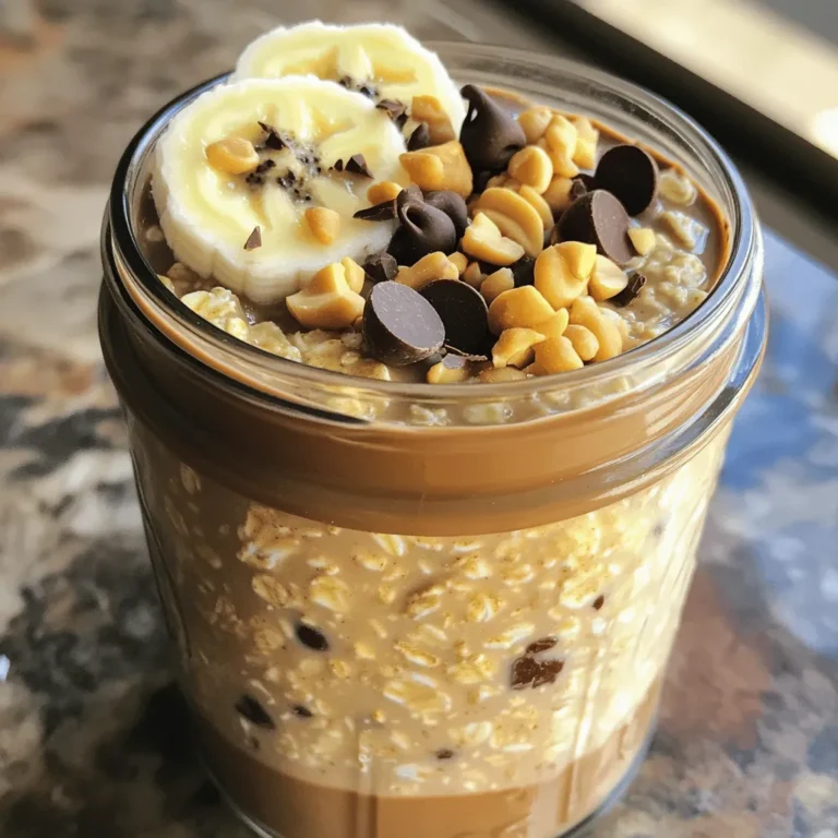 - 1 cup rolled oats - 2 cups almond milk (or your choice of milk) - 1/2 cup natural peanut butter - 1 tablespoon maple syrup (or honey) - 1/4 teaspoon pure vanilla extract - 2 tablespoons unsweetened cocoa powder - 1/2 ripe banana, sliced - 2 tablespoons chocolate chips (dark or milk chocolate) - Chopped peanuts, for garnish These ingredients create a tasty and healthy breakfast. Using rolled oats gives a nice texture. Almond milk adds creaminess, but you can pick any milk you like. Natural peanut butter adds protein and flavor, making this dish filling. Maple syrup or honey gives a sweet touch without being too much. Pure vanilla extract enhances all the flavors. Cocoa powder adds a rich chocolate taste. The banana brings natural sweetness and creaminess, while chocolate chips give a fun twist. Finally, chopped peanuts add a nice crunch and look great on top. Each serving of Peanut Butter Cup Overnight Oats has about: - Calories: 400 - Protein: 15g - Fat: 22g - Carbohydrates: 45g - Fiber: 8g This meal is not just delicious but also offers a balanced amount of nutrition. You get good protein from the oats and peanut butter. The fiber helps you feel full, making it a great start to your day. With these ingredients, you can enjoy a sweet breakfast without guilt. For the full recipe, check out the details above! To make peanut butter cup overnight oats, you need some tools. Grab a mixing bowl and a mason jar. The mason jar is great for storage and easy to take on the go. Step 1: Combine 1 cup of rolled oats and 2 cups of almond milk in your mixing bowl. Stir well to make sure all the oats soak. This helps them become soft and creamy overnight. Step 2: In a separate bowl, blend together 1/2 cup of natural peanut butter, 1 tablespoon of maple syrup (or honey), 1/4 teaspoon of pure vanilla extract, and 2 tablespoons of unsweetened cocoa powder. Mix until it’s smooth and lump-free. This mixture adds rich flavor to your oats. Step 3: Pour the peanut butter mixture into the bowl with the oats and almond milk. Stir until everything is mixed well. You want a nice, even blend. Step 4: Now, gently fold in 1/2 of a ripe banana, sliced, and 2 tablespoons of chocolate chips. Be careful not to mash the banana too much. This adds sweetness and fun texture. Step 5: Cover the bowl with a lid or seal the mason jar tightly. Place it in the fridge overnight, or for at least 4 hours. This soaking time allows the oats to absorb all the yummy flavors. When morning comes, you’ll have tasty peanut butter cup overnight oats ready to enjoy. Check out the Full Recipe for more details! To get the best texture in your overnight oats, soak them long enough. I suggest soaking them for at least 4 hours or overnight. The longer they soak, the creamier they become. Start with a ratio of 1 cup of oats to 2 cups of milk. This mix gives you a nice, thick base. If you want it creamier, add a little more milk. You can control the sweetness in your oats. Start with 1 tablespoon of maple syrup or honey. After mixing, taste it. If you want more sweetness, add a little more maple syrup or honey. This way, you can make it just right for you. Toppings can make your oats even better! Try adding sliced bananas, chocolate chips, or a sprinkle of chopped peanuts. You can also drizzle some extra peanut butter on top. It adds flavor and looks great! Each serving can be a little different, so feel free to get creative with your toppings. {{image_4}} You can switch up the taste by using different nut butters. Almond butter tastes great and adds a nutty flavor. Cashew butter gives your oats a creamy touch. Each nut butter offers a unique taste. Experiment with these options to find your favorite. If you want a dairy-free or vegan option, use plant-based milk. Almond milk, coconut milk, or oat milk works well. For a creamy texture, try full-fat coconut milk. You can also swap honey for maple syrup to keep it vegan. These changes keep your oats tasty and friendly for all diets. Add fun texture to your oats with seeds, nuts, or fruit. Chia seeds give a nice crunch and are healthy. You can add walnuts or pecans for extra flavor. Fresh berries or sliced apples bring sweetness and color. Mix and match these options to create your perfect bowl. For the full recipe, check out the Peanut Butter Cup Overnight Oats 🥜 section above. To keep your Peanut Butter Cup Overnight Oats fresh, use airtight containers. Glass mason jars work great. They seal tightly and let you see the layers. If you use a bowl, cover it well with plastic wrap or a lid. This keeps moisture in and odors out. You can store these oats in the fridge for up to five days. This makes them perfect for meal prep. Just remember to check for any changes in smell or texture before eating. If they look or smell weird, toss them out. If you prefer warm oats, just scoop them into a bowl. Microwave them for 30 seconds. Stir and heat again if needed. You can also add a splash of milk to make them creamier. Enjoy your warm breakfast just like you enjoy the chilled version! Overnight oats are a no-cook method for making oatmeal. You mix rolled oats with milk and let them soak overnight. This softens the oats, making them creamy. Overnight oats are easy to prepare and save time in the morning. They are also healthy and filling. You can add fruits, nuts, and seeds for extra flavor and nutrition. This makes them a great choice for busy mornings or meal prep. Yes, you can prepare Peanut Butter Cup Overnight Oats in advance. They taste great when made the night before. Just mix all your ingredients and store them in the fridge. They can last up to 5 days. This is perfect for a quick breakfast during a busy week. To keep them fresh, use airtight containers. You can also double the recipe for more servings. Absolutely! You can use any milk you like. Some great alternatives are soy milk, oat milk, or coconut milk. Each type of milk adds its own flavor. If you're lactose intolerant or vegan, these options work well. Just remember to choose unsweetened versions for a healthier choice. Each milk will give your oats a unique taste. Customizing your overnight oats is fun and easy! Here are some ideas: - Fruits: Try berries, apples, or peaches for different flavors. - Nuts: Add almonds, walnuts, or pecans for crunch. - Seeds: Chia seeds or flaxseeds boost nutrition. - Spices: Cinnamon or nutmeg can add warmth. - Toppings: Drizzle honey or add yogurt for creaminess. Feel free to mix and match to find your favorite combination. For the full recipe, check out the Peanut Butter Cup Overnight Oats section. Peanut Butter Cup Overnight Oats are easy to make and delicious. We gathered simple ingredients: oats, almond milk, and peanut butter. The step-by-step instructions help you mix everything well. You can tweak the sweetness and try different flavors. This meal is great for breakfast or a snack. Remember, you can store these oats in the fridge for up to five days. Enjoy the fun of making your own version with different toppings and mix-ins. Start your day with this tasty treat!