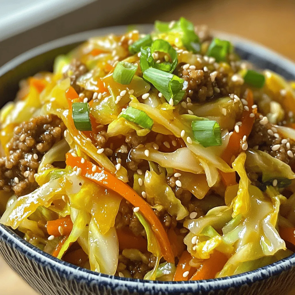- 1 lb ground turkey (or ground chicken) - 4 cups coleslaw mix - 1 tablespoon sesame oil The main ingredients create the base of your dish. Ground turkey or chicken gives it protein and flavor. The coleslaw mix adds crunch and color. Sesame oil brings a nutty taste that enhances all the flavors. - 2 tablespoons low-sodium soy sauce - 1 tablespoon rice vinegar - 2 cloves of garlic, minced Seasoning is key to making this dish stand out. Low-sodium soy sauce adds umami without too much salt. Rice vinegar gives a hint of tanginess. Garlic brings depth and aroma, making this meal truly satisfying. - 2 green onions, thinly sliced - Sesame seeds - Sriracha (optional) Garnishes elevate your plate. Green onions add fresh flavor and a pop of color. Sesame seeds provide crunch and visual appeal. If you like spice, a drizzle of sriracha will kick it up a notch. Feel free to adjust these to your taste! First, heat 1 tablespoon of sesame oil in a large skillet over medium-high heat. Wait until the oil shimmers. Next, add 1 lb of ground turkey or chicken. Use a spatula to break the meat into small pieces. Cook until the meat is browned, about 5-7 minutes. Once the meat is cooked, stir in 2 minced cloves of garlic and 1 inch of grated ginger. Cook for 1-2 minutes to let the flavors release. You will notice a wonderful smell filling your kitchen. Now, add 4 cups of coleslaw mix to the skillet. Toss well to combine the meat and veggies. Stir-fry over medium-high heat for 3-5 minutes. You want the cabbage to soften a bit but still have a nice crunch. Next, pour in 2 tablespoons of low-sodium soy sauce and 1 tablespoon of rice vinegar. Stir everything together to coat the mix. Season with salt, pepper, and 1 tablespoon of sriracha if you like heat. Let the mixture cook for another 2-3 minutes. This step helps blend all the flavors nicely. Once everything is well combined and heated through, remove the skillet from the heat. Top with sliced green onions and sesame seeds for a tasty finish. For the full recipe, check out the instructions above. Enjoy your savory egg roll in a bowl! To enhance flavor, consider adjusting your seasonings. You can use coconut aminos instead of soy sauce for a different taste. Add a splash of lime juice for zesty brightness. Want more heat? Increase sriracha or add red pepper flakes. Both options will kick up the spice. Stir-frying is key for this dish. Use a large skillet or wok to allow even cooking. Keep the heat high but adjust as needed to prevent burning. When cooking the turkey, break it into small pieces. This ensures it cooks evenly and absorbs flavors well. Serving is part of the fun! Use vibrant bowls to show off the colorful mix. Add extra green onions and sesame seeds on top for flair. You can also serve with chopsticks for a creative touch. This will make your meal look as good as it tastes. {{image_4}} You can easily swap ground turkey for ground beef. This adds a rich flavor. If you prefer a plant-based option, use tofu. Just crumble it and cook it like the meat. This keeps everything tasty and filling. Feel free to mix in other veggies. Bell peppers, snap peas, or carrots work well. They add crunch and color. You can also use broccoli or zucchini for a fresh twist. This makes your bowl look bright and fun. If you need a gluten-free meal, use tamari instead of soy sauce. It tastes just as good! For a low-carb option, skip the coleslaw mix. Instead, use shredded zucchini or cauliflower rice. This keeps your meal light and healthy. For the full recipe, check out the Egg Roll in a Bowl. Egg Roll in a Bowl stays fresh in the fridge for about 3 to 4 days. To store leftovers, place them in an airtight container. This keeps the flavors intact and prevents drying out. Always let the dish cool to room temperature before sealing it. This avoids condensation, which can make your meal soggy. Freezing Egg Roll in a Bowl is simple and effective. First, let the dish cool completely before packing it. Divide it into single servings for easy reheating. Place each portion in a freezer-safe container or bag, removing as much air as possible. This helps preserve the taste. When ready to eat, thaw it in the fridge overnight. Reheat it in a skillet over medium heat until warm, stirring occasionally. You can also microwave it in a safe dish. Heat it for 2-3 minutes, stirring halfway through. To make busy nights easier, consider meal prepping. Cook a big batch of Egg Roll in a Bowl and store it in the fridge. You can also prepare the meat and vegetables separately. Keep the protein in one container and the coleslaw mix in another. This helps maintain freshness. When you’re ready, combine them and heat. This way, you enjoy a quick, tasty meal without much effort. Egg Roll in a Bowl is a deconstructed version of a classic egg roll. It has all the yummy flavors but skips the fried wrapper. Instead, you get a mix of ground turkey, crisp veggies, and savory sauce in a bowl. The dish is quick to make and full of flavor, making it a perfect weeknight meal. Yes, you can prepare this meal ahead of time! Cook the dish and let it cool. Store it in an airtight container in the fridge for up to three days. You can also freeze it for up to a month. Just reheat in the microwave or on the stove when ready to eat. To add some heat, include more sriracha to the mix. You could also add sliced jalapeños or red pepper flakes. For a different kick, try using spicy sesame oil instead of regular sesame oil. Adjust it to fit your taste! Egg Roll in a Bowl is a healthy choice! It’s low in carbs and packed with protein from the ground turkey. The coleslaw mix adds fiber and vitamins. You control the amount of sauce, so it can fit well into many diets. It's a guilt-free way to enjoy the flavors of an egg roll. Absolutely! You can swap ground turkey for chicken, beef, or even tofu. For veggies, feel free to add bell peppers, onions, or broccoli. If you want a different flavor, try adding some bok choy or snap peas. Get creative and make it your own! For the complete cooking instructions, check out the Full Recipe. This will guide you through each step to create this comforting dish. This blog covers how to make a tasty Egg Roll in a Bowl. We looked at the main ingredients and seasonings that make this dish special. I shared easy steps for cooking, tips for the best flavors, and ways to change up the recipe. In short, this meal is quick, fun, and customizable. I hope you enjoy trying this dish as much as I do. Remember, cooking should be fun and flexible!