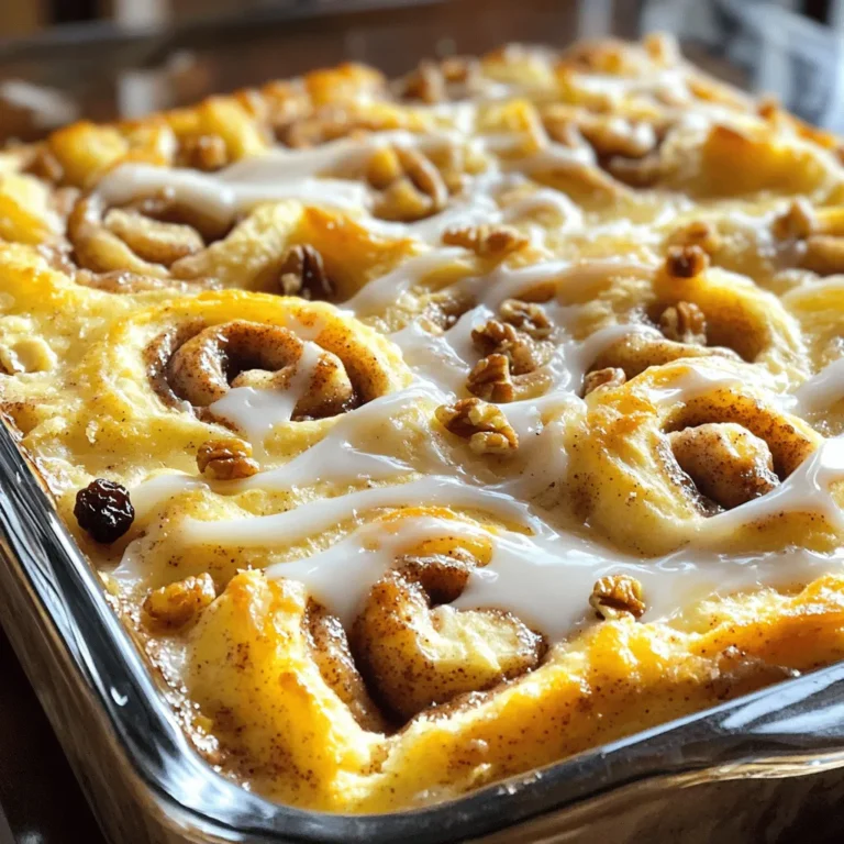 This cinnamon roll casserole is simple and fun. It combines cinnamon rolls, eggs, and milk. You can whip it up in just 10 minutes. This dish is great for breakfast or brunch. You can serve it warm and drizzled with icing. - 1 can (16 oz) refrigerated cinnamon rolls - 6 large eggs - 1 cup milk - 1/2 cup packed brown sugar - 1 teaspoon vanilla extract - 1 teaspoon ground cinnamon - 1/4 teaspoon salt - 1/2 cup chopped pecans or walnuts - 1/2 cup raisins These optional add-ins make the casserole richer. You can mix in nuts for crunch or raisins for sweetness. Feel free to customize it to your taste! To make this tasty cinnamon roll casserole, gather your ingredients first. You need a few easy items. The process is simple and quick, perfect for busy mornings. 1. Preheat the Oven: Start by preheating your oven to 350°F (175°C). This helps the casserole cook evenly. 2. Prepare the Cinnamon Rolls: Open the can of cinnamon rolls. Take each roll and cut it into quarters. This makes them easier to mix. 3. Mix the Egg Mixture: In a big bowl, add the eggs, milk, brown sugar, vanilla, ground cinnamon, and salt. Whisk until it’s smooth. This mix gives flavor and richness. 4. Combine with Cinnamon Rolls: Gently fold the cut cinnamon rolls into the egg mixture. Stir carefully so you don’t break them. If you like nuts or raisins, add them now. 5. Transfer to Casserole Dish: Pour the mixture into a greased 9x13-inch casserole dish. Spread it out evenly with a spatula. 6. Bake to Perfection: Place the casserole in the oven. Bake for 25-30 minutes. It’s ready when the center is set and the top is golden brown. 7. Cool Slightly: Take the casserole out of the oven. Let it cool for about 5 minutes. This helps it firm up for easy serving. 8. Add Icing: Drizzle the icing from the can over the warm casserole. This sweet touch makes it even better. You can find the full recipe for this delightful dish above. Now, let’s get cooking! To make your casserole fluffy, use fresh cinnamon rolls. The fresher the rolls, the better the rise. When mixing, fold the rolls gently into the egg mixture. Avoid pressing down too hard, as you want to keep air pockets. Bake at 350°F for the right texture. If your oven runs hot, check early to prevent overbaking. Serve the casserole warm, just out of the oven. This helps the icing melt and adds to the flavor. If you let it cool too much, it may become dense. A warm casserole is best for a cozy breakfast. You can also reheat leftovers in the microwave for 20-30 seconds if needed. One common mistake is cutting the rolls too small. If you chop them too tiny, they won’t hold their shape during baking. Also, don’t skip the resting time after baking. Letting it cool for five minutes helps it set. Lastly, remember not to overload with extra ingredients. Stick to the recipe for the best results. {{image_4}} You can change the flavor of your cinnamon roll casserole easily. Try adding fresh fruit like apples or berries for a sweet twist. You can also use different flavored cinnamon rolls, like caramel or orange, to surprise your taste buds. If you love chocolate, mix in some mini chocolate chips. They melt and create gooey pockets of goodness. If you need to make the dish healthier, swap regular eggs for egg whites or a flaxseed mixture. Use almond milk instead of regular milk for a dairy-free option. You can also replace the brown sugar with maple syrup or a sugar substitute. This keeps the dish tasty while fitting your needs. Make your casserole special for the season. In the fall, add pumpkin puree and pumpkin spice to the mix. For winter, mix in crushed peppermint candies for a festive flavor. In the spring, consider using lemon zest for a bright and fresh taste. You can even make it a summer dish by adding strawberries or peaches. For the complete recipe, check the [Full Recipe]. To keep your cinnamon roll casserole fresh, store leftovers in an airtight container. Make sure it cools completely before you seal it. You can keep it in the fridge for up to three days. If you want to enjoy it later, freezing is a good option. Always label your container with the date for easy tracking. When you're ready to enjoy leftovers, preheat your oven to 350°F (175°C). Place the casserole in an oven-safe dish and cover it with foil. Heat it for about 15-20 minutes or until warm. You can also use the microwave. Just heat a portion on medium for about 1-2 minutes. Make sure it’s warm throughout. To freeze, cut the casserole into portions and wrap each piece tightly in plastic wrap. Then, place them in a freezer-safe bag or container. You can freeze the casserole for up to two months. When you're ready to eat, thaw it overnight in the fridge, then reheat as mentioned above. Enjoy the sweet flavors even after freezing! Yes, you can make this casserole ahead of time. Prepare it the night before. Just follow the steps until you pour it into the dish. Cover it tightly with plastic wrap and store it in the fridge. In the morning, take it out and let it sit for 10-15 minutes. Then, bake it as directed. This saves time and gives you an easy breakfast! To check if the casserole is done, look for a golden brown top. You can also insert a toothpick in the center. If it comes out clean, it is ready. The center should be set, not jiggly. Baking should take about 25-30 minutes in a preheated oven. You can serve this casserole with a variety of sides. Fresh fruit adds a nice touch. Sliced strawberries or blueberries work well. You might also enjoy it with yogurt for creaminess. If you like a heartier meal, pair it with scrambled eggs or bacon. These choices make a complete and tasty breakfast! For the full recipe and more details, check out the [Full Recipe]. In this post, we explored how to make a delicious Cinnamon Roll Casserole. We covered the key ingredients, cooking steps, and tips for a fluffy dish. You learned how to customize flavors and find the best storage practices. Remember, you can alter the recipe for different diets. Avoid common mistakes to make the best casserole. With these steps, you will create a treat everyone will love. Enjoy the cooking process and share your tasty results!