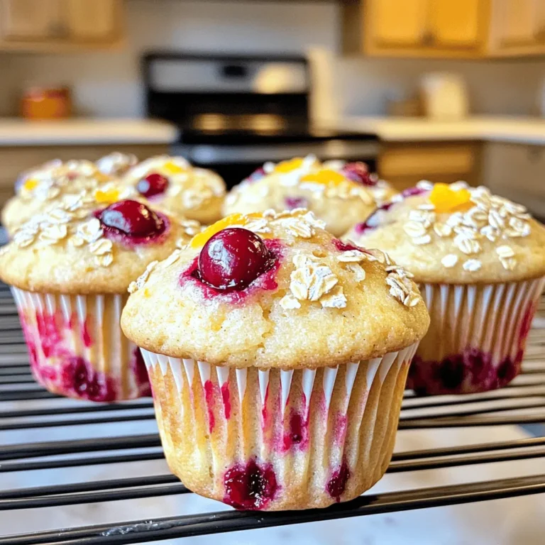 To make delicious cranberry orange muffins, gather these fresh ingredients: - 2 cups all-purpose flour - 1 cup fresh cranberries, halved - 1 large orange, zested and juiced - 3/4 cup granulated sugar - 1/2 cup unsalted butter, melted and cooled slightly - 1/2 cup buttermilk, at room temperature - 2 large eggs, at room temperature - 2 teaspoons baking powder - 1 teaspoon baking soda - 1/2 teaspoon salt - 1 teaspoon vanilla extract - 1/4 cup rolled oats (for topping) Each ingredient plays an important role. The all-purpose flour gives structure, while fresh cranberries add tartness. The orange zest and juice provide bright flavor and aroma. Butter keeps the muffins rich and moist. Buttermilk adds a nice tang and helps the muffins rise well. Baking powder and baking soda are your leavening agents, making the muffins rise. Salt enhances all the flavors. The vanilla extract adds warmth, and rolled oats on top give a nice crunch. For the full recipe, check the details above. You’ll create a treat that’s perfect for breakfast or a snack! - Preheat the oven to 375°F (190°C). - Prepare the muffin tin with liners or cooking spray. Start by preheating your oven. This step is key to getting perfect muffins. While your oven heats up, grab your muffin tin. You can use paper liners or a light coat of cooking spray. Either choice makes it easy to remove the muffins later. - Combine flour, baking powder, baking soda, and salt. In a large mixing bowl, add the all-purpose flour. Then, sprinkle in the baking powder, baking soda, and salt. Whisk these dry ingredients together until they blend well. This helps your muffins rise evenly. - Cream together butter and sugar, then add eggs, buttermilk, orange juice, and vanilla. In another bowl, melt your butter and mix it with the sugar. Use a whisk or an electric mixer to combine them until creamy. Now, crack in the eggs and pour in the buttermilk, orange juice, and vanilla extract. Mix them well until the mixture is smooth. - Fold cranberries and zest into the wet mixture and incorporate dry ingredients. Take your halved cranberries and orange zest. Gently fold them into the wet mixture. This step adds bursts of flavor. Next, add the dry ingredients to the wet mix. Stir gently until just combined. Do not overmix; a few lumps are okay. - Fill muffin cups and sprinkle with rolled oats. Using a spoon or an ice cream scoop, fill each muffin cup about 3/4 full with batter. This gives your muffins room to rise. Once filled, sprinkle rolled oats on top of each muffin. This adds a nice crunch. - Bake for 18-20 minutes and check for doneness. Place your muffin tin in the preheated oven. Bake for 18 to 20 minutes. To check if they are done, insert a toothpick into the center of a muffin. If it comes out clean, they are ready. Let them cool in the pan for a few minutes before transferring them to a wire rack. Refer to the Full Recipe for complete details on this delicious treat! To get light and fluffy muffins, avoid overmixing the batter. When you mix too much, the muffins can become dense and tough. Instead, stir until just combined, leaving some lumps in the batter. The temperature of your ingredients matters. Use room temperature eggs and buttermilk. This helps create a smooth batter and ensures even baking. If you forget to take them out before cooking, just place them in warm water for a few minutes. To take your muffins to the next level, consider adding spices. A pinch of cinnamon or nutmeg can create a warm and cozy flavor. These spices blend well with cranberries and orange. You can also switch up the sweetener. Instead of regular sugar, try honey or maple syrup. These options add a different taste and can make your muffins even more special. For the full recipe of these delightful muffins, check out the earlier section. {{image_4}} You can easily swap fresh cranberries for frozen ones. Frozen cranberries work just fine. They may add a little more moisture. If you use them, do not thaw them first. Just toss them in the batter while still frozen. Buttermilk is a key ingredient, but you can replace it with yogurt. Greek yogurt works well for this recipe. You can also use dairy-free options like almond milk mixed with a bit of vinegar. This gives a similar tangy flavor. You can make mini muffins instead of standard-sized ones. Mini muffins bake faster, usually around 10 to 12 minutes. This is perfect for a bite-sized treat. If you want a different shape, consider making a Cranberry Orange loaf. Just pour the batter into a loaf pan and bake for about 50 to 60 minutes. Want to mix things up? Adding chocolate chips is a great option. They add a sweet surprise to each bite. You can also throw in some nuts like walnuts or pecans for crunch. This adds texture and flavor to your muffins. Check out the Full Recipe for more ideas! To keep your cranberry orange muffins fresh, store them in an airtight container. Place the container at room temperature for up to three days. If you need extra time, put them in the fridge. Just remember, the cold can change the texture a bit. For long-term storage, freeze the muffins. Wrap each muffin in plastic wrap, then put them in a freezer bag. This keeps them tasty for about three months. When you want to enjoy a warm muffin, you have a few choices. You can use the microwave for quick heating. Just warm them for about 15-20 seconds. This works well, but the muffin might become a bit soft. For a crispier texture, use the oven. Preheat it to 350°F (175°C) and heat the muffins for about 5-10 minutes. This method keeps the outside nice and crunchy while warming the inside. You can make these muffins healthier by reducing the sugar. Try using half the amount or substituting with honey or maple syrup. Another option is to use whole grain flour instead of all-purpose flour. Whole grain flour adds fiber and nutrients, making the muffins more filling. Yes, you can use dried cranberries. They will add sweetness, but they may change the muffin's flavor and moisture. Fresh cranberries give a tart burst, while dried ones are sweeter and chewier. If using dried cranberries, consider reducing the sugar in the recipe. These muffins will last about 3 to 5 days at room temperature. Keep them in an airtight container. Signs of spoilage include a dry texture or mold. If they smell off or look strange, throw them away. Absolutely! To freeze, let the muffins cool completely. Wrap each muffin tightly in plastic wrap and place them in a freezer bag. They will last for up to three months. To thaw, take them out and leave them at room temperature or warm them in the microwave. These muffins pair well with tea or coffee. You can also serve them with a light spread of butter or cream cheese. For a fun twist, try them with a dollop of orange marmalade. Enjoy the fresh, bright flavors! These cranberry orange muffins are easy to make and delicious. We've covered all the ingredients you need and simple steps for baking. You can customize them with spices or different fruits, too. Remember to check their doneness and store them well. With these tips, you'll always have fresh muffins ready. Enjoy the process and let your creativity shine in the kitchen!