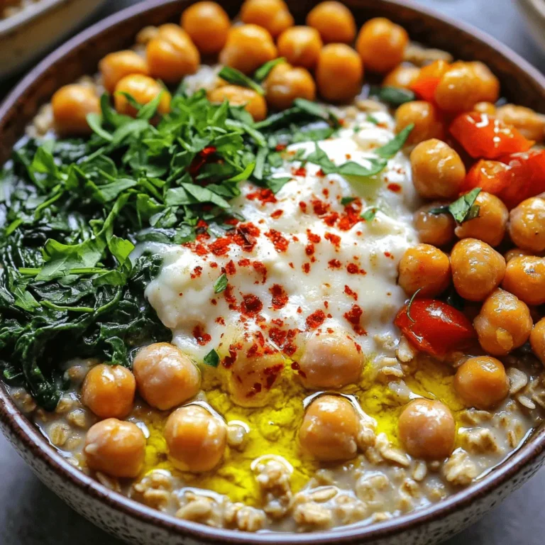 To make a tasty savory oatmeal bowl, you need a few key ingredients: - 1 cup rolled oats - 3 cups vegetable broth - 1 cup fresh spinach, chopped - 1 medium ripe tomato, diced - 1/2 cup freshly grated Parmesan cheese - 1/4 cup cooked chickpeas (canned, rinsed, or lightly roasted) - 1 tablespoon extra virgin olive oil - 1 teaspoon garlic powder - Salt and black pepper to taste - Red pepper flakes (optional, for a kick) - Fresh herbs like parsley or basil, for garnish These ingredients create a rich and satisfying meal. The oats serve as a hearty base. The vegetable broth adds depth and flavor. Spinach and tomatoes bring freshness and color. Chickpeas add protein, making this bowl filling. You can easily personalize your savory oatmeal. Here are some great add-ins: - Sautéed mushrooms for a meaty texture - A poached egg for extra protein - Avocado slices for creaminess - Nuts or seeds for crunch - Different cheeses like feta or goat cheese Feel free to swap ingredients based on what you have. This flexibility lets you create your own flavor combinations. Each ingredient offers unique health benefits: - Rolled oats are high in fiber, which aids digestion. - Vegetable broth provides hydration and flavor without extra calories. - Spinach is rich in vitamins A, C, and K, plus iron. - Tomatoes are packed with antioxidants, promoting heart health. - Chickpeas are a great source of plant-based protein and fiber. - Parmesan cheese provides calcium and enhances flavor. These key ingredients not only taste good but also nourish your body. You can enjoy a meal that is both nutritious and flavorful. For the complete recipe, check the Full Recipe section. To start, grab a medium saucepan. Add three cups of vegetable broth. Heat it over medium heat. Watch closely as it comes to a boil. This takes just a few minutes. Boiling the broth is key. It adds flavor to the oats. I like to use homemade broth when I can. It tastes fresh and has no added preservatives. Once the broth is boiling, add one cup of rolled oats. Stir them in well. Lower the heat to medium-low. Let the oats cook for about five to seven minutes. Keep stirring occasionally to avoid sticking. You want the oats to absorb most of the broth. They should have a creamy look when done. This is the perfect base for our savory oatmeal. After the oats are cooked, it’s time to add the fun stuff! Toss in one cup of chopped spinach and one diced tomato. Add a quarter cup of cooked chickpeas too. Sprinkle in a teaspoon of garlic powder. Stir everything gently. Cook for another two to three minutes. You want the spinach to wilt and everything to heat through. Take the pot off the heat. Now, fold in half a cup of freshly grated Parmesan cheese. This makes the dish rich and delicious. Season with salt, black pepper, and a pinch of red pepper flakes if you like heat. Spoon the savory oatmeal into bowls. Drizzle a little olive oil on top. This adds a nice finish. Finally, sprinkle fresh herbs for color and aroma. Enjoy your meal! For the full recipe, check out the detailed instructions above. To make your savory oatmeal bowls creamy, choose the right oats. I recommend using rolled oats. They cook well and create a nice, smooth base. When you cook them in vegetable broth, the oats absorb the flavors. This adds depth to your dish. Stir the oats often while cooking. This helps release the starches, which will thicken the oatmeal. If you want extra creaminess, add a splash of plant-based milk. This makes it rich and velvety. Presentation is key for any meal. For a beautiful bowl, use deep, rustic dishes. The colors of the veggies and herbs will pop against the bowl. Drizzle a bit of olive oil on top for shine. Add a sprinkle of fresh herbs like parsley or basil for a fresh touch. You can also include a few red pepper flakes for color and spice. Serve your oatmeal with crusty whole-grain bread on the side. This adds texture and makes the meal more fun. Meal prep makes cooking easy during busy days. You can make a big batch of savory oatmeal and store it in the fridge. Keep it in an airtight container for up to four days. When it's time to eat, just reheat it on the stove or in the microwave. Add a little extra broth or water to bring back the creaminess. If you want to make it last longer, freeze single portions. They will keep for about three months. This way, you can enjoy your savory oatmeal anytime! For the full recipe, check out the Savory Oatmeal Bowls section above. {{image_4}} Savory oatmeal bowls can be a fun way to explore flavors. You can mix and match ingredients to find your favorite taste. Here are some ideas: - Mediterranean Delight: Use olives, feta cheese, and roasted red peppers. - Asian Twist: Add soy sauce, sesame oil, and green onions for a unique flavor. - Southwest Style: Incorporate black beans, corn, and avocado for a hearty meal. These combinations bring a new life to your oatmeal. Feel free to get creative! Switching up ingredients with the seasons makes your oatmeal fresh and exciting. Here are some swaps: - Spring: Use asparagus and peas for a bright, green bowl. - Summer: Try sweet corn and diced zucchini for a light taste. - Fall: Add pumpkin puree and nutmeg for a warm, cozy flavor. - Winter: Use kale and roasted root vegetables for a comforting meal. By using seasonal produce, you support local farms and enjoy the best flavors. Savory oatmeal can easily cater to different diets. For a vegan version, skip the cheese and use a plant-based alternative. Nutritional yeast adds a cheesy flavor without dairy. For gluten-free options, ensure you use certified gluten-free oats. You can also swap vegetable broth with any vegetable stock you prefer. These adaptations keep the dish delicious while meeting dietary needs. You can enjoy savory oatmeal no matter your diet! Check out the Full Recipe for more details. To keep your savory oatmeal fresh, store it in an airtight container. Let it cool first before sealing. This helps avoid sogginess and keeps flavors intact. Place the container in the fridge. It’s best to eat leftovers within three days for the best taste. When reheating, add a splash of vegetable broth or water. This helps restore creaminess. Heat it in a saucepan over low heat, stirring often. You can also use a microwave; just cover it to trap moisture. Stir halfway through for even heating. You can store savory oatmeal bowls in the fridge for up to three days. If you want to keep it longer, freeze it. Just make sure to use a freezer-safe container. It can last for one to two months in the freezer. Thaw it overnight in the fridge before reheating. Yes, you can prepare savory oatmeal ahead of time. Make the oatmeal and let it cool. Store it in an airtight container in the fridge. When you're ready to eat, reheat it on the stove or in the microwave. Add a splash of broth or water to keep it creamy. Toppings can make your savory oatmeal shine. Try these options: - Sliced avocado - Fried or poached eggs - Crumbled feta cheese - Sautéed mushrooms - Sliced green onions - Toasted seeds or nuts - Fresh herbs like cilantro or dill Feel free to mix and match! You can even use leftovers for extra flavor. To spice up your savory oatmeal, try these tips: - Add red pepper flakes while cooking. - Stir in hot sauce of your choice. - Mix in diced jalapeños or serrano peppers. - Use spicy broth instead of vegetable broth. Experiment with different spices to find your perfect heat level! For savory oatmeal bowls, rolled oats work best. They cook quickly and create a creamy texture. Steel-cut oats are also a good choice if you prefer a heartier bite. Instant oats are an option but may not give the same flavor or texture. Choose based on your time and taste preferences. For the full recipe, check out the Savory Oatmeal Bowls section! Savory oatmeal bowls offer a fun way to enjoy healthy meals. We explored the essential ingredients and their benefits. We also shared steps to cook the oats just right. Tips for texture and pretty presentation can elevate your dish. You can customize flavors and adapt for dietary needs easily. Proper storage keeps leftovers fresh and tasty. Enjoy experimenting with this versatile dish. Your breakfast, lunch, or dinner can be delicious and healthy. Now, it’s time to make your savory oatmeal masterpiece!
