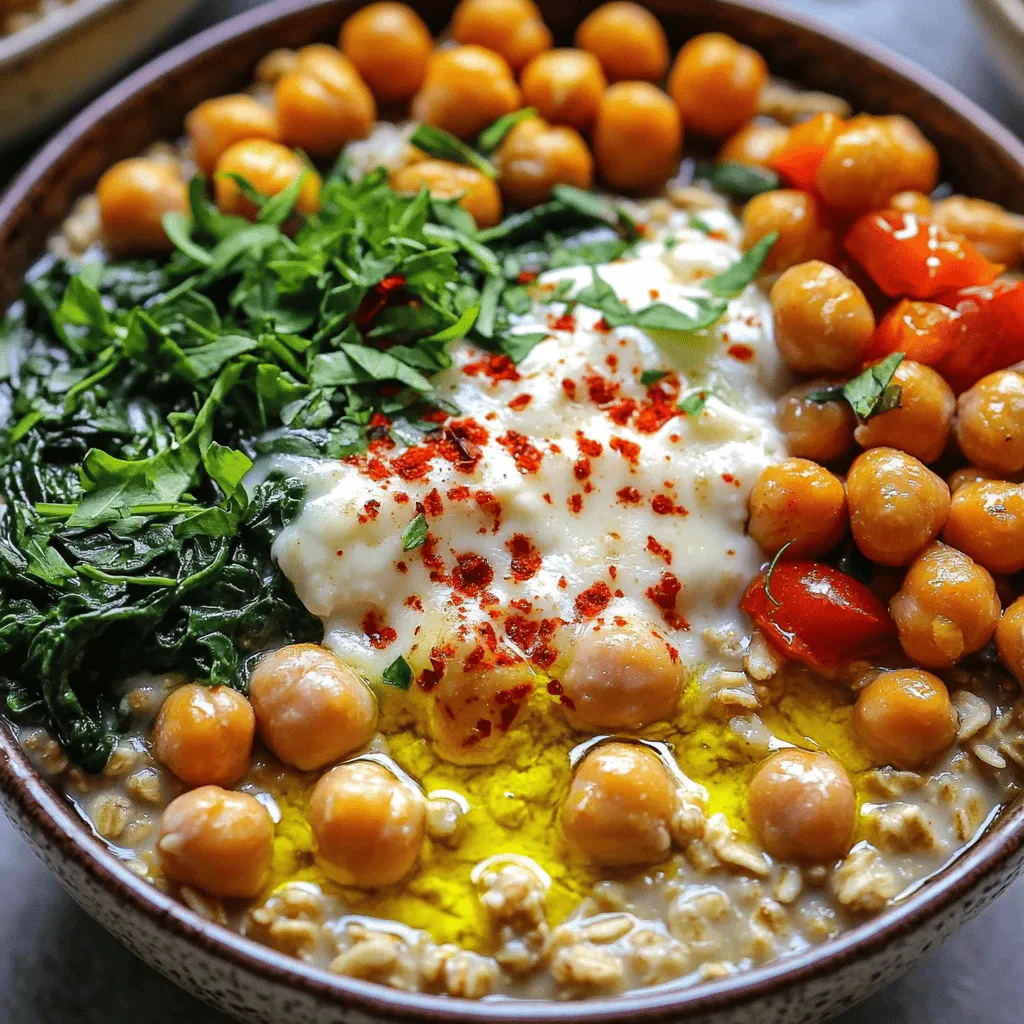 To make a tasty savory oatmeal bowl, you need a few key ingredients: - 1 cup rolled oats - 3 cups vegetable broth - 1 cup fresh spinach, chopped - 1 medium ripe tomato, diced - 1/2 cup freshly grated Parmesan cheese - 1/4 cup cooked chickpeas (canned, rinsed, or lightly roasted) - 1 tablespoon extra virgin olive oil - 1 teaspoon garlic powder - Salt and black pepper to taste - Red pepper flakes (optional, for a kick) - Fresh herbs like parsley or basil, for garnish These ingredients create a rich and satisfying meal. The oats serve as a hearty base. The vegetable broth adds depth and flavor. Spinach and tomatoes bring freshness and color. Chickpeas add protein, making this bowl filling. You can easily personalize your savory oatmeal. Here are some great add-ins: - Sautéed mushrooms for a meaty texture - A poached egg for extra protein - Avocado slices for creaminess - Nuts or seeds for crunch - Different cheeses like feta or goat cheese Feel free to swap ingredients based on what you have. This flexibility lets you create your own flavor combinations. Each ingredient offers unique health benefits: - Rolled oats are high in fiber, which aids digestion. - Vegetable broth provides hydration and flavor without extra calories. - Spinach is rich in vitamins A, C, and K, plus iron. - Tomatoes are packed with antioxidants, promoting heart health. - Chickpeas are a great source of plant-based protein and fiber. - Parmesan cheese provides calcium and enhances flavor. These key ingredients not only taste good but also nourish your body. You can enjoy a meal that is both nutritious and flavorful. For the complete recipe, check the Full Recipe section. To start, grab a medium saucepan. Add three cups of vegetable broth. Heat it over medium heat. Watch closely as it comes to a boil. This takes just a few minutes. Boiling the broth is key. It adds flavor to the oats. I like to use homemade broth when I can. It tastes fresh and has no added preservatives. Once the broth is boiling, add one cup of rolled oats. Stir them in well. Lower the heat to medium-low. Let the oats cook for about five to seven minutes. Keep stirring occasionally to avoid sticking. You want the oats to absorb most of the broth. They should have a creamy look when done. This is the perfect base for our savory oatmeal. After the oats are cooked, it’s time to add the fun stuff! Toss in one cup of chopped spinach and one diced tomato. Add a quarter cup of cooked chickpeas too. Sprinkle in a teaspoon of garlic powder. Stir everything gently. Cook for another two to three minutes. You want the spinach to wilt and everything to heat through. Take the pot off the heat. Now, fold in half a cup of freshly grated Parmesan cheese. This makes the dish rich and delicious. Season with salt, black pepper, and a pinch of red pepper flakes if you like heat. Spoon the savory oatmeal into bowls. Drizzle a little olive oil on top. This adds a nice finish. Finally, sprinkle fresh herbs for color and aroma. Enjoy your meal! For the full recipe, check out the detailed instructions above. To make your savory oatmeal bowls creamy, choose the right oats. I recommend using rolled oats. They cook well and create a nice, smooth base. When you cook them in vegetable broth, the oats absorb the flavors. This adds depth to your dish. Stir the oats often while cooking. This helps release the starches, which will thicken the oatmeal. If you want extra creaminess, add a splash of plant-based milk. This makes it rich and velvety. Presentation is key for any meal. For a beautiful bowl, use deep, rustic dishes. The colors of the veggies and herbs will pop against the bowl. Drizzle a bit of olive oil on top for shine. Add a sprinkle of fresh herbs like parsley or basil for a fresh touch. You can also include a few red pepper flakes for color and spice. Serve your oatmeal with crusty whole-grain bread on the side. This adds texture and makes the meal more fun. Meal prep makes cooking easy during busy days. You can make a big batch of savory oatmeal and store it in the fridge. Keep it in an airtight container for up to four days. When it's time to eat, just reheat it on the stove or in the microwave. Add a little extra broth or water to bring back the creaminess. If you want to make it last longer, freeze single portions. They will keep for about three months. This way, you can enjoy your savory oatmeal anytime! For the full recipe, check out the Savory Oatmeal Bowls section above. {{image_4}} Savory oatmeal bowls can be a fun way to explore flavors. You can mix and match ingredients to find your favorite taste. Here are some ideas: - Mediterranean Delight: Use olives, feta cheese, and roasted red peppers. - Asian Twist: Add soy sauce, sesame oil, and green onions for a unique flavor. - Southwest Style: Incorporate black beans, corn, and avocado for a hearty meal. These combinations bring a new life to your oatmeal. Feel free to get creative! Switching up ingredients with the seasons makes your oatmeal fresh and exciting. Here are some swaps: - Spring: Use asparagus and peas for a bright, green bowl. - Summer: Try sweet corn and diced zucchini for a light taste. - Fall: Add pumpkin puree and nutmeg for a warm, cozy flavor. - Winter: Use kale and roasted root vegetables for a comforting meal. By using seasonal produce, you support local farms and enjoy the best flavors. Savory oatmeal can easily cater to different diets. For a vegan version, skip the cheese and use a plant-based alternative. Nutritional yeast adds a cheesy flavor without dairy. For gluten-free options, ensure you use certified gluten-free oats. You can also swap vegetable broth with any vegetable stock you prefer. These adaptations keep the dish delicious while meeting dietary needs. You can enjoy savory oatmeal no matter your diet! Check out the Full Recipe for more details. To keep your savory oatmeal fresh, store it in an airtight container. Let it cool first before sealing. This helps avoid sogginess and keeps flavors intact. Place the container in the fridge. It’s best to eat leftovers within three days for the best taste. When reheating, add a splash of vegetable broth or water. This helps restore creaminess. Heat it in a saucepan over low heat, stirring often. You can also use a microwave; just cover it to trap moisture. Stir halfway through for even heating. You can store savory oatmeal bowls in the fridge for up to three days. If you want to keep it longer, freeze it. Just make sure to use a freezer-safe container. It can last for one to two months in the freezer. Thaw it overnight in the fridge before reheating. Yes, you can prepare savory oatmeal ahead of time. Make the oatmeal and let it cool. Store it in an airtight container in the fridge. When you're ready to eat, reheat it on the stove or in the microwave. Add a splash of broth or water to keep it creamy. Toppings can make your savory oatmeal shine. Try these options: - Sliced avocado - Fried or poached eggs - Crumbled feta cheese - Sautéed mushrooms - Sliced green onions - Toasted seeds or nuts - Fresh herbs like cilantro or dill Feel free to mix and match! You can even use leftovers for extra flavor. To spice up your savory oatmeal, try these tips: - Add red pepper flakes while cooking. - Stir in hot sauce of your choice. - Mix in diced jalapeños or serrano peppers. - Use spicy broth instead of vegetable broth. Experiment with different spices to find your perfect heat level! For savory oatmeal bowls, rolled oats work best. They cook quickly and create a creamy texture. Steel-cut oats are also a good choice if you prefer a heartier bite. Instant oats are an option but may not give the same flavor or texture. Choose based on your time and taste preferences. For the full recipe, check out the Savory Oatmeal Bowls section! Savory oatmeal bowls offer a fun way to enjoy healthy meals. We explored the essential ingredients and their benefits. We also shared steps to cook the oats just right. Tips for texture and pretty presentation can elevate your dish. You can customize flavors and adapt for dietary needs easily. Proper storage keeps leftovers fresh and tasty. Enjoy experimenting with this versatile dish. Your breakfast, lunch, or dinner can be delicious and healthy. Now, it’s time to make your savory oatmeal masterpiece!