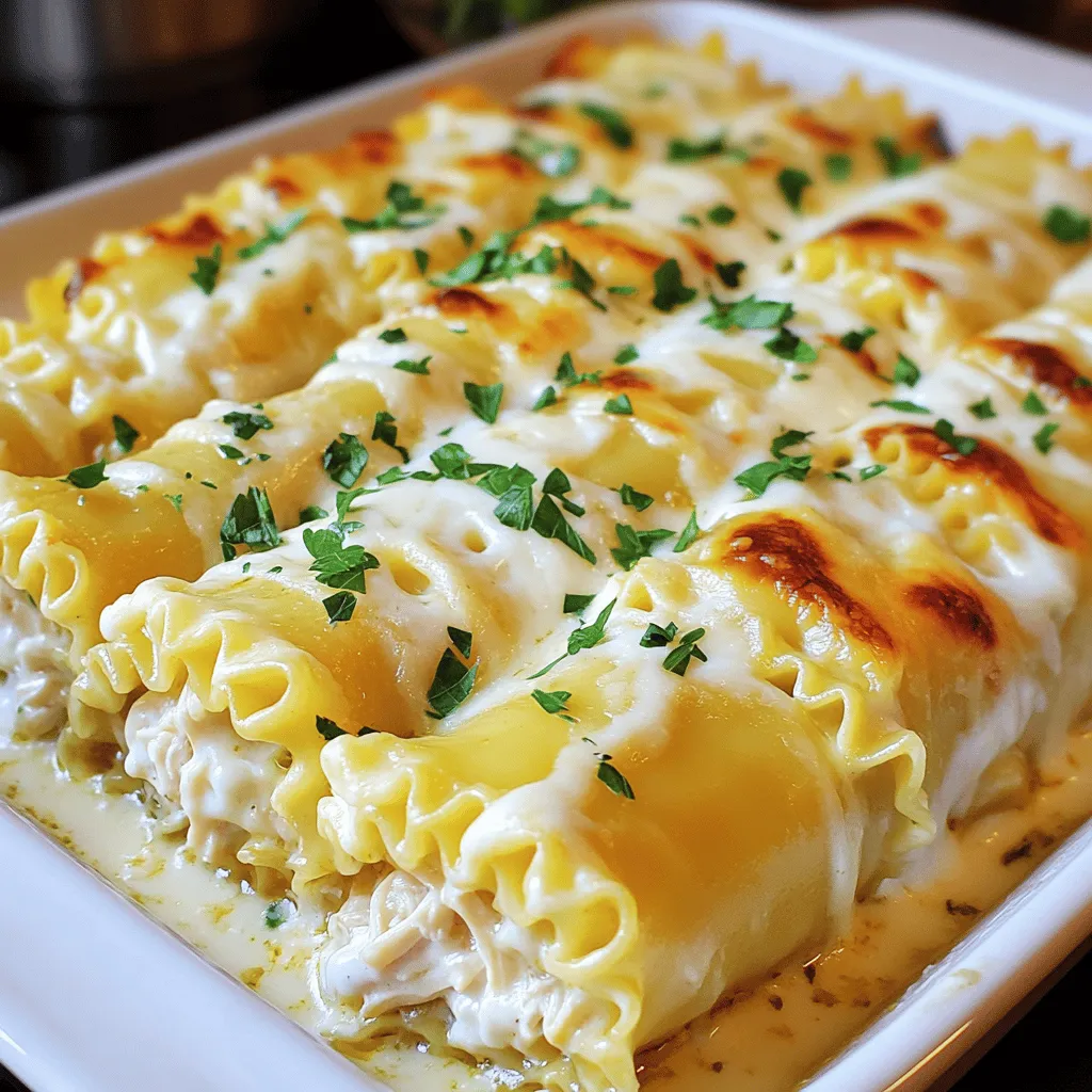 - 8 lasagna noodles - 2 cups cooked chicken, shredded - 1 cup ricotta cheese - 2 cups mozzarella cheese, shredded (divided) - 1 cup grated Parmesan cheese - 2 cups Alfredo sauce (store-bought or homemade) - 1 teaspoon garlic powder - 1 teaspoon Italian seasoning - Salt and pepper to taste - Fresh parsley, chopped (for garnish) Gathering these ingredients is the first step. Start with lasagna noodles. They are the base for your roll-ups. Make sure to have cooked chicken ready. Shredded chicken works best. You can use leftover chicken or cook some fresh. Ricotta cheese adds creaminess. Mozzarella cheese gives a nice stretch when melted. Parmesan cheese adds a sharp flavor. Alfredo sauce is key for richness. You can buy it or make your own. Garlic powder and Italian seasoning bring extra taste. Don't forget salt and pepper to enhance all the flavors. Fresh parsley adds a pop of color. It also freshens the dish. With all your ingredients lined up, you’re set to create a delicious meal. For the full recipe, check the details above. - Preheat oven to 375°F (190°C). - Grease a 9x13 inch baking dish with cooking spray or butter. This helps prevent sticking. - Boil a large pot of water. Add salt for flavor. - Cook lasagna noodles until al dente, usually about 8-10 minutes. - Drain the noodles carefully in a colander. Lay them flat on a clean kitchen towel. This helps them dry slightly and prevents sticking. - In a mixing bowl, combine: - 2 cups cooked chicken, shredded - 1 cup ricotta cheese - 1 cup mozzarella cheese, shredded - 1 teaspoon garlic powder - 1 teaspoon Italian seasoning - Salt and pepper to taste - Stir the mixture well until everything is blended. Aim for a smooth filling with no lumps. - Spread a thin layer of Alfredo sauce on the bottom of the greased dish. - For each lasagna noodle, take 2-3 tablespoons of the filling. Spread it evenly along the noodle's length. - Roll the noodle up tightly from one end to the other, keeping the filling inside. Place the roll seam-side down in the dish. Repeat with all noodles. - Pour the remaining Alfredo sauce evenly over the roll-ups. - Sprinkle the remaining mozzarella and Parmesan cheese on top. - Cover the dish tightly with foil and bake for 25 minutes. - After 25 minutes, remove the foil and bake for another 15 minutes. This helps the cheese bubble and turn golden. - Let the dish cool for a few minutes before slicing. Garnish with fresh parsley before serving. For the complete recipe, check the full recipe section! If you want to switch things up, you can replace ricotta cheese with cottage cheese or cream cheese. Both options still give a creamy taste. For mozzarella, try using provolone or gouda. Both melt well and add great flavor. When it comes to Alfredo sauce, you can use store-bought for speed. If you prefer homemade, blend butter, cream, and parmesan for a rich taste. Homemade sauce can be thicker and creamier, which enhances your roll ups. To get the perfect noodle texture, boil them until just al dente. This keeps them sturdy enough to roll without tearing. After cooking, place the noodles on a clean kitchen towel to absorb excess water. For cheese melting and browning, use full-fat cheese. It melts beautifully and creates a golden crust. Keep the dish covered with foil for the first part of baking. Remove the foil later to allow the cheese to brown nicely. Pair your roll ups with a fresh salad or garlic bread. A light Caesar salad adds a crisp contrast to the creamy dish. Garlic bread complements the flavors and adds a warm touch. For garnishing, sprinkle fresh parsley on top just before serving. You can also drizzle extra Alfredo sauce over the roll ups for a tasty finish. This adds color and makes your dish look fancy. For the full recipe, check out [Full Recipe]. {{image_4}} You can boost your roll-ups by adding veggies. Spinach and mushrooms work well here. Just sauté them first to soften. Mix these veggies into your filling for extra flavor and nutrition. This makes the dish colorful and adds a nice crunch. While Alfredo is rich and creamy, you can switch it up. Try using marinara sauce for a tangy twist. Pesto can also bring a fresh, herby taste. Each sauce gives your roll-ups a new life. Feel free to experiment and find your favorite! For those with dietary needs, there are options. Use gluten-free lasagna noodles to keep it safe. For a dairy-free choice, look for dairy-free cheese. Many brands offer great flavors that melt well. These swaps let everyone enjoy this delicious meal! For the complete recipe, check out the Full Recipe section. After enjoying your Chicken Alfredo Lasagna Roll Ups, let them cool down. Place them in an airtight container. Make sure to cover them well. This keeps them fresh and tasty in the fridge. You can store leftovers for up to three days. When you are ready to eat again, reheat them in the oven. Set it to 350°F (175°C). Cover the dish with foil to avoid drying out. Heat for about 20 minutes. If you prefer the microwave, heat in short bursts. Check every minute until hot. To freeze your roll ups, follow these steps: 1. Cool Completely: Let them cool in the fridge first. 2. Wrap Well: Use plastic wrap to cover each roll up tightly. 3. Use a Freezer Bag: Place wrapped roll ups in a freezer bag. Remove as much air as you can. 4. Label and Date: Write the date on the bag for easy tracking. You can freeze these roll ups for up to three months. When you want to eat, move them to the fridge overnight to thaw. After thawing, reheat as mentioned above. In the fridge, your Chicken Alfredo Lasagna Roll Ups last three days. If you freeze them, they stay good for three months. Always check for any signs of spoilage before enjoying them again. Storing them properly helps keep their flavors intact and delicious. For the full recipe, check out the details provided earlier. Yes, you can make Chicken Alfredo Lasagna Roll Ups ahead of time. Prepare them up to the baking step. Cover the dish and store it in the fridge for up to 24 hours. When ready to bake, add a few extra minutes to the cooking time. This makes meal prep easy. To make this recipe vegetarian, swap the chicken for sautéed vegetables. Good choices include mushrooms, spinach, or zucchini. Use the same filling method with ricotta and mozzarella. This keeps the creamy texture and flavor you love. Serve Chicken Alfredo Lasagna Roll Ups with a fresh salad. A Caesar or mixed greens salad pairs nicely. Garlic bread or crusty rolls also complement this dish. You can add a light soup for a complete meal. If your Alfredo sauce is runny, try adding more cheese. Grated Parmesan or mozzarella works well. You can also simmer the sauce on low heat. This helps it thicken. Use cornstarch mixed with water as a last resort to thicken it. Absolutely! You can use cooked turkey or ham instead of chicken. Shredded beef or pork also works well. Just ensure the meat is tender and flavorful, as this adds depth to your roll-ups. You can create a delicious Chicken Alfredo Lasagna Roll Ups meal. This recipe included key ingredients, clear steps, and useful tips. It’s easy to customize, whether for dietary needs or personal taste. You can serve them with sides to make it a feast. Don’t forget about storing leftovers properly for quick meals. Enjoy making these tasty roll ups. You’ll impress your guests and family with their creamy flavor and cheesy goodness. These roll ups make cooking fun and simple.