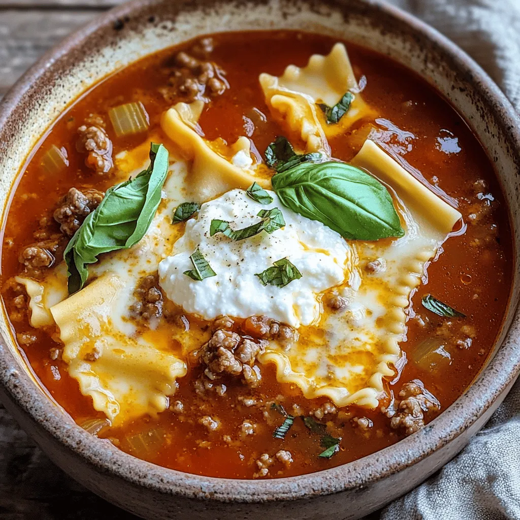 - 1 lb ground beef - 1 can (28 oz) crushed tomatoes - 4 cups beef broth The main ingredients make this lasagna soup hearty and filling. Ground beef gives it a rich flavor. The crushed tomatoes add a sweet and tangy taste. Beef broth helps to create a savory base. This combo makes every spoonful comforting. - 1 cup ricotta cheese - 1 cup shredded mozzarella cheese - 1/2 cup grated Parmesan cheese Cheese plays a big role in this dish. Ricotta cheese brings creaminess. It melts beautifully and adds depth. The mozzarella cheese makes each bowl cheesy and gooey. Finally, Parmesan cheese gives a salty kick. Together, these cheeses create a lovely layering of texture and taste. - 2 cloves garlic, minced - 1 medium onion, finely chopped - 1 teaspoon dried basil - 1 teaspoon dried oregano Seasonings and aromatics are key to flavor. Fresh garlic and onion add wonderful aroma while cooking. Dried basil and oregano give a classic Italian taste. These simple ingredients transform the soup from basic to fantastic. Don't skimp on these; they make a big difference! For the full recipe, check [Full Recipe]. To start, I heat a splash of olive oil in a large pot over medium heat. Next, I add the chopped onion and sauté it for about 3-4 minutes. I want the onion to be soft and a bit clear. Then, I toss in the minced garlic. I stir it for about 30 seconds to let the aroma bloom. After that, I add 1 pound of ground beef to the pot. I break it into smaller pieces as it cooks. I cook until the beef is browned. If there is too much fat, I carefully drain it. Now comes the exciting part. I stir in 28 ounces of crushed tomatoes and 4 cups of beef broth. Then, I sprinkle in 1 teaspoon of dried basil, 1 teaspoon of dried oregano, and optional crushed red pepper flakes for heat. I season it with salt and black pepper. I increase the heat to bring the soup to a rolling boil. Once the soup boils, I lower the heat. I add 8 broken lasagna noodles into the pot. I let the soup simmer for about 10-12 minutes. I stir it occasionally, so the noodles do not stick. I want them to be al dente, just firm enough to bite into. For the complete recipe, check out the Full Recipe. To make your lasagna soup shine, use fresh herbs for garnish. Fresh basil adds a bright taste. It lifts the flavor and looks great too. You can even chop some and stir them in right before serving. For heat, balance the spices. Use crushed red pepper flakes for a kick. Adjust the amount to your taste. Start small, then add more if you like spice. Keep the noodles from becoming mushy by stirring them often. Once you add the broken noodles, pay attention! They should cook for about 10 to 12 minutes. If you want a thicker soup, mix in a little extra ricotta. It makes the soup creamy. You can also add more crushed tomatoes to thicken it up. Just remember to adjust the seasoning. Serve the soup in rustic bowls for a cozy look. A drizzle of olive oil on top adds a nice shine. It also enhances the flavor. Pair the soup with crusty bread for dipping. This makes each bite more satisfying. You can even sprinkle some extra cheese on top for a gourmet touch. {{image_4}} You can easily make this soup vegetarian. Instead of ground beef, use mushrooms or lentils. Mushrooms add a nice texture and flavor. Lentils are hearty and full of protein. Both options keep the soup filling and tasty. You will still enjoy the rich flavors of the sauce. If you need a gluten-free option, swap regular pasta for gluten-free pasta. Many stores carry great gluten-free noodles now. They cook up just as well as regular pasta. Just follow the package instructions for best results. This way, everyone can enjoy the soup without worry. Feel free to add more veggies to your soup! Spinach is a great choice; it wilts nicely and adds nutrients. Zucchini can also be a fun addition. You can chop it up and throw it in during the last few minutes of cooking. This boosts the flavor and makes the soup even heartier. Check out the Full Recipe for more ideas on how to customize your lasagna soup! To store your Easy Lasagna Soup, let it cool first. Then, pour the soup into an airtight container. Make sure to seal it well. Place it in the fridge. It will stay fresh for about 3 to 4 days. When you're ready to eat, just reheat it on the stove or in the microwave. Stir occasionally to heat evenly. If you want to save some for later, freezing is a great option. Pour the cooled soup into freezer-safe containers. Leave some space at the top, as the soup will expand when frozen. You can freeze the soup for up to 3 months. To reheat, thaw it in the fridge overnight. Heat it on the stove until warm, stirring often. You can add a little extra broth if it seems too thick. For the best taste, try to eat your soup within a week of making it. After that, the flavors may not be as fresh. Always check for signs of spoilage before eating. If it smells off or looks strange, it’s best to throw it out. Enjoy your Easy Lasagna Soup while it’s at its best! To make Easy Lasagna Soup, follow these simple steps: 1. Heat olive oil in a large pot. 2. Sauté chopped onion until it's soft. 3. Add minced garlic and ground beef. Cook until the beef is brown. 4. Stir in crushed tomatoes, beef broth, and spices. 5. Bring the soup to a boil, then add broken lasagna noodles. 6. Simmer for about 10-12 minutes until noodles are al dente. This soup is easy and quick. You can enjoy a warm bowl in just 30 minutes. For the full recipe, check out the [Full Recipe]. Yes, you can mix and match cheeses! Here are some tasty options: - Use cottage cheese instead of ricotta for a different texture. - Swap mozzarella for provolone for a sharper taste. - Try adding goat cheese for a tangy flavor. Feel free to experiment with your favorite cheeses. It’s a fun way to make the soup unique! Lasagna soup can be healthy if you watch your portions. It has protein from the beef and calcium from the cheese. Here are some tips to keep it nutritious: - Use lean ground beef or turkey to cut down on fat. - Add extra veggies like spinach or bell peppers for more nutrients. - Control your cheese portions to lower the calorie count. This soup can fit well in a balanced diet if you enjoy it in moderation. Absolutely! Making lasagna soup ahead of time is easy. Here are some tips: - Prepare the soup base and store it in the fridge. Add noodles when you heat it up. - You can freeze the soup too. Just leave out the noodles, as they get mushy when frozen. - To reheat, warm it on the stove over low heat. Stir often to keep it from sticking. Making it ahead saves time and fills your home with a lovely aroma! This blog post covers how to make easy lasagna soup, starting with key ingredients like ground beef, tomatoes, and cheese. I shared step-by-step instructions to guide you through cooking the base and building the soup. Helpful tips teach you how to enhance flavor and texture. For those with dietary needs, I included variations and storage info for leftovers. Lasagna soup is a flexible and fun dish. Enjoy tailoring it to your taste, and impress your family tonight.