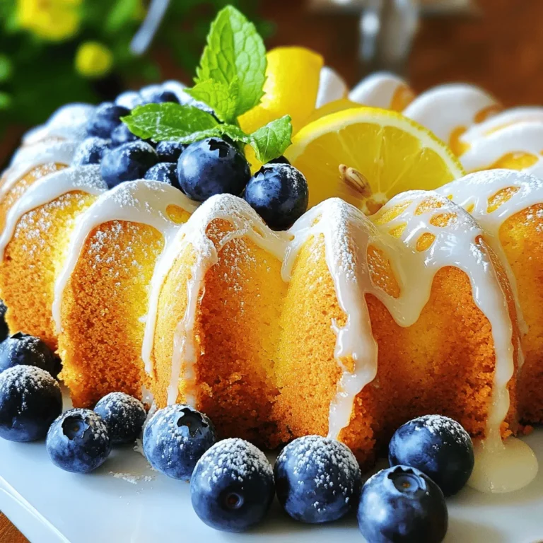 To make this delightful cake, you will need the following ingredients: - 1 cup unsalted butter, softened to room temperature - 1 ½ cups granulated sugar - 4 large eggs, at room temperature - 1 tablespoon freshly grated lemon zest - 1 tablespoon freshly squeezed lemon juice - 1 teaspoon pure vanilla extract - 2 cups all-purpose flour - 1 teaspoon baking powder - ½ teaspoon baking soda - ¼ teaspoon salt - 1 cup fresh blueberries, lightly tossed in flour - ½ cup powdered sugar (for glaze) - 2 tablespoons freshly squeezed lemon juice (for glaze) Using quality ingredients makes a big difference. Fresh blueberries give the best flavor. If you can’t find fresh, you may use frozen ones. Just make sure to thaw and drain them first. For butter, use unsalted for better control of salt in the recipe. If you need a dairy-free option, try using vegan butter. For sugar, granulated sugar works best. You can also experiment with coconut sugar for a different flavor. If you want to cut down on sugar, reduce it by a quarter cup. Just keep in mind that it may change the texture. Accurate measurements are key to a perfect pound cake. Baking is a science. Too much flour can make the cake dry. Too little sugar can make it flat. Always use dry measuring cups for flour and sugar. For liquids, use a clear measuring cup. This helps you see the exact amount. When you follow these measurements, your cake will rise and have the right texture. Remember, baking powder and baking soda are not the same. They serve different purposes. Using them correctly will make your cake light and airy. For best results, level off your measuring cups. For the full recipe, check out the detailed instructions that follow. Start by preheating your oven to 350°F (175°C). This step is key for even baking. Grab a 9x5 inch loaf pan and grease it well with butter. Then, dust it with flour. This helps the cake slide out easily after baking. In a large bowl, mix the softened butter and granulated sugar. Use an electric mixer on medium speed. Beat until the mix looks light and fluffy, about 3-5 minutes. This step adds air, making your cake tender. Next, add four large eggs, one at a time. Mix well after each egg. This ensures a smooth batter. Then, stir in the lemon zest, lemon juice, and vanilla extract. Make sure everything is well blended. In another bowl, whisk together the flour, baking powder, baking soda, and salt. This helps to evenly distribute the leavening agents. Gradually add this dry mix to the wet ingredients. Mix on low speed until just combined. Be careful not to overmix. Overmixing can make the cake tough. Finally, gently fold in the floured blueberries. Use a spatula to avoid crushing them. This keeps the blueberries whole and juicy in your cake. Once your batter is ready, pour it into the greased loaf pan. Smooth the top with a spatula for a nice finish. Place the pan in the preheated oven. Bake for 50-60 minutes. To check for doneness, insert a toothpick into the center. If it comes out clean, your cake is ready. If not, give it a few more minutes. Remember, every oven is different, so keep an eye on it. Once baked, take the cake out of the oven. Let it cool in the pan for about 10 minutes. This helps it set and makes it easier to remove. After 10 minutes, carefully transfer the cake to a wire rack. Let it cool completely before adding the glaze. For the glaze, mix powdered sugar and lemon juice in a small bowl. Whisk until smooth and pourable. Drizzle it over the cooled cake. Allow the glaze to set before slicing and serving. This Lemon Blueberry Pound Cake is a true delight. Enjoy the bright flavors and moist texture! For the complete recipe, please refer to the Full Recipe section. To keep your Lemon Blueberry Pound Cake moist, use room-temperature ingredients. This helps them mix well and trap air. Butter should be soft but not melted. Also, avoid overmixing the batter. Mix until just combined to keep the cake light. Adding lemon zest will enhance the cake’s flavor and give it a refreshing taste. To store your cake, wrap it in plastic wrap or place it in an airtight container. This keeps the cake fresh and prevents it from drying out. Keep it at room temperature for up to three days. If you need to store it longer, consider freezing it. Wrap the cake tightly and place it in the freezer for up to three months. Serve your Lemon Blueberry Pound Cake plain or with a scoop of vanilla ice cream. Fresh whipped cream also makes a great topping. For a fun twist, pair it with a lemon curd or a berry compote. Adding a sprig of mint on top can elevate the look and flavor too. Enjoy this delicious cake with a cup of tea or coffee for a delightful treat. For more detailed steps, check the Full Recipe. {{image_4}} You can change this lemon blueberry pound cake by adding new flavors. Try adding a hint of lavender for a floral twist. Use about 1 teaspoon of dried lavender. This gives a nice aroma and taste. Adding almond extract is another option. Use 1 teaspoon of almond extract instead of vanilla. This makes the cake rich and nutty. You can mix and match flavors to find your favorite. If you need a gluten-free cake, it’s easy to adapt this recipe. Substitute all-purpose flour with a gluten-free blend. Look for a blend that works well for baking. Make sure it has xanthan gum in it. This helps the cake hold its shape. The taste will still be delicious, and your guests won’t even notice. If you want a less sweet cake, you can cut back on sugar. Reduce the granulated sugar to 1 cup instead of 1 ½ cups. This gives you a lighter flavor. You can also use a sugar substitute if you prefer. Just follow the package instructions for the right amount. For a sweeter touch, drizzle more glaze on top. This adds sweetness and makes the cake shine. Check out the Full Recipe for specific ingredient amounts and baking tips. To keep your lemon blueberry pound cake fresh, wrap it tightly. Use plastic wrap or foil. Place it in an airtight container. This method helps to lock in moisture. Store it at room temperature for up to three days. For longer storage, refrigeration is an option. Just know it can dry out in the fridge. Freezing lemon blueberry pound cake is easy. First, let it cool completely. Then, slice the cake into pieces. Wrap each slice in plastic wrap securely. Place the wrapped slices in a freezer-safe bag. This way, you can enjoy a slice anytime. The cake stays good for up to three months in the freezer. Thaw it in the fridge overnight before serving. If stored at room temperature, your pound cake lasts about three days. In the fridge, it can stay fresh for one week. If frozen, it can last up to three months. Always check for any signs of spoilage, like mold. Enjoy your delicious lemon blueberry pound cake with confidence! Yes, you can use frozen blueberries. They work well in this recipe. Just toss them in a bit of flour before adding them to the batter. This helps keep them from sinking. Keep in mind that frozen blueberries may make your batter a little more wet. Adjust your baking time if needed. If your cake turns out dense, check a few things. First, ensure you measure your flour correctly. Use a spoon to fluff it up, then scoop it into your measuring cup. Don't pack it down. Second, mix your batter just until combined. Overmixing can create a heavy texture. Lastly, check your baking powder and baking soda for freshness. Old leavening agents can cause density issues. Yes, you can make this recipe vegan. Replace the eggs with flax eggs or applesauce. Use non-dairy butter and a dairy-free yogurt as a substitute for the eggs. Also, choose a plant-based milk. This keeps the flavor and texture similar while making it vegan-friendly. People often ask about the best lemon to use. Fresh lemons give the best flavor. You can also explore using lemon oil for a stronger taste. When it comes to storage, wrap the cake tightly and keep it in the fridge for freshness. For a fun twist, consider adding spices like cinnamon or nutmeg to the batter. In this post, I shared key insights on making Lemon Blueberry Pound Cake. We covered essential ingredients, tips for baking, and how to store leftovers. I discussed variations to suit your taste and answered common questions. To achieve the best cake, focus on quality ingredients and precise measurements. Have fun with flavors and make this cake your own. Enjoy a slice with friends or family; it's a treat everyone will love.