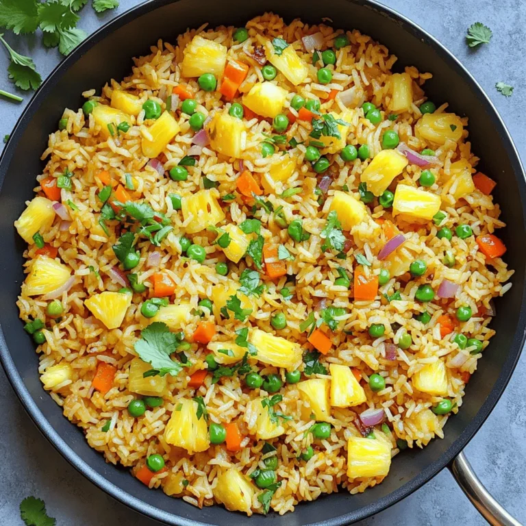 - 2 cups cooked jasmine rice - 1 cup fresh pineapple, diced - 1/2 cup frozen peas and carrots - 2 eggs, beaten - Fresh cilantro or parsley for garnishing - 2 tablespoons low-sodium soy sauce - 1 tablespoon sesame oil - 1/2 tablespoon curry powder When you cook Pineapple Fried Rice, you need the right ingredients. Start with jasmine rice. I find that day-old rice works best. It has a firmer texture. Freshly cooked rice can be too soft. Next, use fresh pineapple. Diced pineapple adds sweetness and bright color. Frozen peas and carrots bring in great texture and flavor. They are easy and quick to use. For extra protein, consider adding beaten eggs. They make the dish richer and more filling. Fresh cilantro or parsley adds a pop of color and freshness. It's a nice touch on top. Now, let’s talk about seasoning. Low-sodium soy sauce is key. It gives umami without being too salty. The sesame oil adds a nutty flavor. Lastly, curry powder gives a warm twist. It makes your fried rice unique. This combo of ingredients makes your Pineapple Fried Rice tasty and fun. For the full recipe, check the link. Enjoy cooking! Using day-old rice is best for pineapple fried rice. It dries out a bit, making it less sticky. If you only have fresh rice, don’t worry! Spread it on a baking sheet. Let it cool for about 30 minutes. This cools the rice and helps it firm up. Start by heating a large skillet or wok. Add sesame oil over medium-high heat. Once hot, toss in finely chopped red onion and minced garlic. Sauté for 2-3 minutes. You want them fragrant and soft, but not brown. Next, stir in diced bell pepper, frozen peas, and carrots. Cook them for another 2-3 minutes. This step keeps the veggies crisp and colorful. Now it’s time to mix in the pineapple. Add the diced pineapple to the pan and stir gently. This allows the pineapple to caramelize and brings out its sweetness. Next, add the cooled jasmine rice, soy sauce, and curry powder. Use a spatula to combine everything well. Stir-fry for 5-7 minutes, letting the flavors blend. If you want added protein, create a space in the pan. Pour in beaten eggs and scramble until cooked. Mix the eggs into the rice. Finally, taste and adjust with salt and pepper if needed. Fold in chopped green onions for a fresh touch. Serve hot and enjoy this tasty dish! For more details, refer to the Full Recipe. Using day-old rice is key for great pineapple fried rice. Freshly cooked rice may clump together. Day-old rice has dried out slightly, which helps it fry better. This method gives you that nice, fluffy texture. When you stir-fry, use a high heat and keep the rice moving. This prevents it from getting mushy. Make sure not to overcrowd the pan. If you do, the rice will steam instead of fry. To take your fried rice up a notch, try adding more seasonings. A splash of lime juice can brighten the dish. You might also add a pinch of red pepper flakes for heat. For a unique twist, incorporate diced bell peppers or cashews for crunch. You can also add protein like shrimp or chicken if you want more substance. Each ingredient changes the flavor and texture, so feel free to experiment. A beautiful dish makes for a great meal. Use fresh herbs like cilantro or parsley as a garnish. They add color and freshness to your plate. You can also serve the rice in a hollowed-out pineapple for a fun twist. For special occasions, consider adding sliced green onions on top. This not only looks nice but also adds a burst of flavor. Serve it hot and enjoy the smiles around the table! {{image_4}} To make pineapple fried rice vegetarian, simply skip the eggs. You can replace them with tofu or chickpea flour. Tofu adds protein and texture. Use firm tofu, and cube it before cooking. For a vegan option, consider using nutritional yeast for added flavor. This way, you keep the dish hearty and satisfying. You can play with different vegetables to change the flavor. Try adding broccoli, corn, or snap peas. Each brings its own taste and crunch. For a fusion twist, mix in spices from other cuisines. Think about adding curry spices for a unique flair. Thai basil or lime juice can also enhance the dish. These small changes can make your fried rice exciting and new. You can add a variety of proteins to your fried rice. Shrimp, chicken, or tofu all work well. For shrimp, cook them for 2-3 minutes until pink. Chicken should be cooked through, which takes about 5-7 minutes. Tofu needs about 4-5 minutes to brown nicely. Each protein adds its own flavor and makes the dish more filling. Remember to adjust the cooking time based on what you choose. For more details on how to make this dish, check out the Full Recipe. Store your leftover pineapple fried rice in an airtight container. This keeps it fresh and tasty. It’s best to eat it within 3 days. After that, the flavor and texture may change. When cooling, let it sit for no more than two hours. This helps avoid bacteria growth. You can freeze pineapple fried rice for later use. First, let it cool completely. Then, pack it in a freezer-safe bag or container. Remove as much air as possible to avoid freezer burn. It can last for about 2 months in the freezer. When you're ready to eat it, thaw it overnight in the fridge. This helps keep its taste and texture. To reheat fried rice, use a skillet on medium heat. Add a splash of water or oil to keep it moist. Stir it often to avoid sticking. You can also use the microwave. Place it in a bowl with a lid. Heat in short bursts, stirring in between. This helps heat evenly and keeps it from getting soggy. Enjoy your delicious meal just like it was fresh! For fried rice, jasmine rice works best. It has a lovely aroma and a light texture. Day-old jasmine rice is ideal. It dries out a bit, which helps it stay firm when you fry it. Other good options include basmati rice and long-grain rice. These types also stay fluffy and do not clump together. Yes, you can make pineapple fried rice ahead of time. It stores well in the fridge for up to three days. To keep it fresh, place it in an airtight container. You can also freeze it for up to three months. Just make sure to cool it down before storing to avoid extra moisture. To keep your fried rice from getting mushy, avoid using freshly cooked rice. Always use day-old rice. If you must use fresh rice, spread it out on a baking sheet to cool. This helps remove excess moisture. Stir-fry quickly over high heat and avoid crowding the pan. This keeps the rice from steaming and turning mushy. Pineapple fried rice is simple and fun to make. We discussed essential ingredients, key steps, and creative variations. Remember, using day-old rice helps achieve great texture. Customize the dish with different proteins or veggies for a unique taste. Proper storage lets you enjoy leftovers later. Experiment with flavors and presentations to impress your friends. Happy cooking, and enjoy your delicious meal!