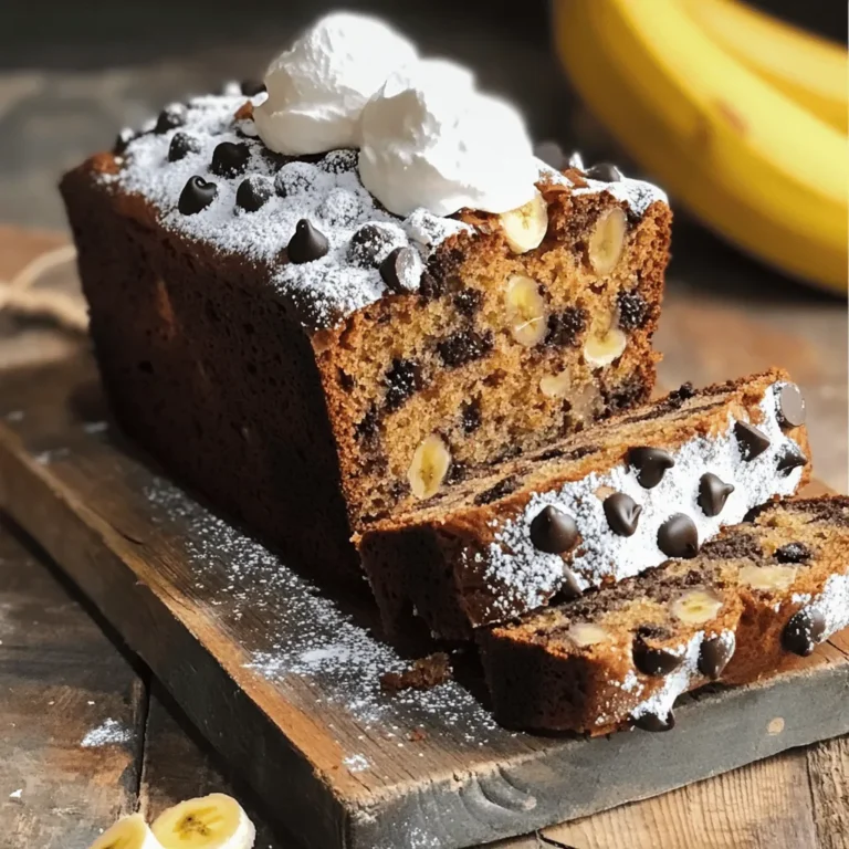To make my chocolate chip banana bread, gather these key ingredients: - 3 ripe bananas, thoroughly mashed - 1/3 cup coconut oil, melted until liquid - 1 teaspoon pure vanilla extract - 1 teaspoon baking soda - A pinch of salt - 3/4 cup packed brown sugar - 1 large egg, beaten until frothy - 1 cup all-purpose flour, sifted - 1/2 cup chocolate chips (choose dark or semi-sweet based on preference) These ingredients work together to create a moist and delicious loaf. The ripe bananas add natural sweetness and moisture. Coconut oil gives a rich flavor, while brown sugar enhances the sweetness. For even more flavor, consider adding these optional ingredients: - 1/4 cup chopped walnuts (for added crunch) - 1/4 teaspoon ground cinnamon (to add warmth and depth) Chopped walnuts bring a nice texture. Ground cinnamon gives the bread a warm, inviting taste. When choosing chocolate chips, here are my top picks: - Dark chocolate chips: They add a rich, bold flavor. - Semi-sweet chocolate chips: They strike a perfect balance of sweet and rich. - Milk chocolate chips: They create a sweeter taste for those who love chocolate. Each type of chocolate brings its own twist to the bread. You can mix and match for a unique flavor experience. For the best results, go with high-quality chocolate chips. They will melt beautifully, adding gooey pockets of chocolate in every bite. For the complete recipe, check out the Full Recipe. Start by gathering your ingredients. You will need three ripe bananas, coconut oil, vanilla extract, baking soda, salt, brown sugar, an egg, flour, chocolate chips, walnuts, and cinnamon. Preheat your oven to 350°F (175°C). Grease a 9x5 inch loaf pan with oil or butter. This helps the bread come out easily after baking. In a large bowl, mash the ripe bananas until smooth. Add the melted coconut oil to the bananas. Mix well until it looks creamy. Next, stir in the vanilla extract and the beaten egg. Ensure everything is combined nicely. Sprinkle the baking soda and salt over the mixture, blending them in thoroughly. Gradually mix in the brown sugar until it is fully combined. Then, gently fold in the sifted flour until just mixed. Avoid overmixing. Lastly, add the chocolate chips and walnuts, if you choose to use them. Add a bit of cinnamon, and give a light stir. Pour the batter into your prepared loaf pan. Use a spatula to smooth the top. Place the pan in your preheated oven. Bake for 55 to 65 minutes. To check if it's done, insert a toothpick into the center. It should come out clean or with a few moist crumbs. Once baked, let your bread cool in the pan for about 10 minutes. Then, move it to a wire rack to cool completely. Enjoy the sweet aroma and the delight of your chocolate chip banana bread! To get the best texture, make sure you use very ripe bananas. The riper the banana, the sweeter and moister your bread will be. Mash them until they are smooth, with no lumps. This helps the bread rise well and stay soft. When mixing, fold in the flour gently. Overmixing can make your bread dense and tough. You want it light and fluffy. Bake it until the top is golden brown and a toothpick comes out clean. One common mistake is using unripe bananas. They won’t give you the sweet flavor you want. Another mistake is overmixing the batter. This can lead to tough bread. Also, be careful with your oven temperature. If it's too hot, the outside may burn before the inside cooks. Make sure to check the bread a few minutes before the time is up. Lastly, don’t skip the cooling step! Letting it cool helps set the bread for easier slicing. The best way to mash bananas is with a fork or a potato masher. Start by breaking them into smaller pieces in a bowl. Then, press down firmly to create a smooth mixture. If you want to save time, you can use a food processor. Just pulse the ripe bananas until smooth. You can mash them right in the peel if they are very ripe. Just cut a slit in the skin and squeeze the banana out into your bowl. This method is quick and keeps your hands clean! For the full recipe, check out the [Full Recipe]. {{image_4}} You can make a gluten-free version of chocolate chip banana bread. Use almond flour or coconut flour instead of all-purpose flour. These options keep the bread moist and tasty. You may need to adjust the amount. Start with 3/4 cup of almond flour or 1/2 cup of coconut flour. Add 1/4 teaspoon of xanthan gum to help with texture. For a vegan twist, swap the egg for flaxseed meal. Mix 1 tablespoon of flaxseed with 2.5 tablespoons of water. Let it sit for five minutes to thicken. Replace coconut oil with a plant-based butter or applesauce. This change keeps the bread rich and moist. Use dairy-free chocolate chips to complete this yummy recipe. You can personalize your banana bread by adding nuts or fruits. Walnuts add a nice crunch. Pecans also work well for a sweeter taste. Dried fruits like raisins or cranberries give a chewy texture. You can even mix in some berries for extra flavor. Just remember to keep the total amount of mix-ins to about 1 cup. This rule helps your bread bake evenly. For the full recipe, check out the Choco-Banana Delight Bread section. To store leftover banana bread, let it cool completely. Then, wrap it in plastic wrap or aluminum foil. This helps keep the bread moist. You can also place it in an airtight container. Store it on your kitchen counter for up to three days. If you want to keep it longer, consider freezing it. Freezing banana bread is a great way to save it for later. First, slice the bread if you want easy portions. Wrap each slice tightly in plastic wrap. Then place the wrapped slices in a freezer-safe bag. Label the bag with the date. You can freeze the bread for up to three months. When you want to eat it, just thaw it in the fridge overnight. The best containers for storing banana bread are airtight ones. Glass or plastic containers work well. They keep out air and moisture. If you use foil or plastic wrap, ensure it is tight. This keeps the bread fresh and soft. Avoid metal containers, as they can alter the taste. For the best results, store it in a cool, dry place. Yes, you can use frozen bananas. Just thaw them first. Once thawed, drain any excess liquid. Mash them well before adding to your mix. They will still give your bread that sweet banana flavor. Plus, they make the bread extra moist! To make the bread more chocolatey, use more chocolate chips. Add an extra half cup to your mix. You could also sprinkle some on top before baking. For a richer taste, use dark chocolate chips. They bring a deep flavor that pairs well with bananas. If you don’t have coconut oil, you can use other oils. Vegetable oil or canola oil work well. You can also use melted butter for a richer taste. Just keep the same amount as in the recipe. Each option gives a slightly different flavor but will still keep your bread moist. This blog post covered how to make delicious chocolate chip banana bread. We explored key ingredients, step-by-step baking instructions, and tips to improve your bread. I also shared variations for gluten-free and vegan options. Lastly, we discussed proper storage to keep your bread fresh. Making great banana bread is easy with these tips. You can customize it and enjoy it any time. Happy baking!