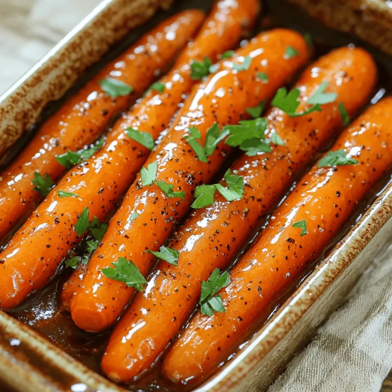 - 1 pound baby carrots, peeled and trimmed - 2 tablespoons unsalted butter - 3 tablespoons pure maple syrup - 1 tablespoon extra virgin olive oil To make maple glazed carrots, you need fresh baby carrots. These sweet, tender veggies roast well. The unsalted butter adds creaminess, while pure maple syrup gives a lovely sweetness. Extra virgin olive oil helps the glaze stick and enhances flavor. - 1 teaspoon ground cinnamon - 1/2 teaspoon sea salt - 1/4 teaspoon freshly ground black pepper The spices make the dish special. Ground cinnamon adds warmth and depth. Sea salt balances the sweetness. Freshly ground black pepper gives a slight kick. This mix creates a perfect harmony of flavors in each bite. - Fresh parsley, finely chopped (for garnish) Adding fresh parsley at the end makes the dish pop. The green color brightens the plate. It also adds a hint of freshness. You can skip it, but it’s a nice touch for presentation. For the full recipe, check the section above. Enjoy making these delicious maple glazed carrots! Preheat your oven to 400°F (200°C). This heat helps the carrots cook evenly. Take 1 pound of baby carrots, peeled and trimmed. Place them in a large bowl. Drizzle 1 tablespoon of olive oil over the carrots. Toss them until they are fully coated in oil. In a small saucepan, melt 2 tablespoons of unsalted butter over low heat. Once melted, add 3 tablespoons of pure maple syrup, 1 teaspoon of ground cinnamon, 1/2 teaspoon of sea salt, and 1/4 teaspoon of black pepper. Whisk everything together until smooth. Pour the warm maple glaze over the carrots. Use a spatula to toss the carrots so they are well coated. Spread the glazed carrots in a single layer in a baking dish. Bake them for 20-25 minutes. Stir the carrots halfway through for even cooking. They should become tender and caramelized. After roasting, let the carrots cool for about 5 minutes. Transfer them to a serving platter. Just before serving, sprinkle finely chopped fresh parsley on top for a pop of color. Enjoy your delicious maple glazed carrots! For full details, check the Full Recipe. To get that lovely caramelization, start with fresh, uniform baby carrots. Cut larger ones to match the size of the smaller ones. This helps them cook evenly. Don't skip the oil; it helps the glaze stick and adds flavor. Roast them at 400°F for 20-25 minutes. Stir halfway through to ensure even cooking. Look for a golden color that signals sweetness and tenderness. For a festive look, serve your carrots on a colorful platter. Arrange them in a circular pattern for visual interest. You can also drizzle extra maple syrup on top. This adds shine and makes them more appealing. A sprinkle of fresh parsley gives a pop of color and freshness. Maple glazed carrots pair well with many dishes. Try them with roasted chicken or grilled salmon for a great meal. You can also serve them with rice or quinoa for a hearty side. To enhance flavor, consider adding spices like nutmeg or ginger for warmth. A pinch of cayenne can add a nice kick if you like spice. For a complete meal, serve with a salad or crusty bread. You can find the full recipe in the main article. {{image_4}} You can swap maple syrup for honey or agave. Both add sweetness but change the flavor slightly. Honey gives a floral note, while agave offers a milder taste. Try using them in equal amounts for a similar effect. Adding spices can change the taste of your carrots. Nutmeg adds warmth, while ginger brings a spicy kick. You can mix and match to find what you like best. A pinch of nutmeg or ginger can elevate the dish. Feel free to add other vegetables or nuts for texture. You can mix in parsnips or sweet potatoes for variety. Chopped nuts like pecans or walnuts add a nice crunch. This will not only enhance the flavor but also make the dish more interesting. To keep your maple glazed carrots fresh, place them in an airtight container. Refrigerate them within two hours after cooking. They will stay good for about three to five days. Make sure to let the carrots cool before sealing them in the container. This helps maintain their flavor and texture. When you're ready to enjoy leftovers, reheating them right is key. You can use the oven or the microwave. For the oven, preheat it to 350°F (175°C). Place the carrots in a baking dish, cover with foil, and heat for about 10-15 minutes. This method helps keep the carrots tender. If using the microwave, place the carrots in a microwave-safe dish. Heat them in 30-second bursts, stirring in between. This way, you keep their sweet flavor intact. If you want to save some for later, freezing is a great option. First, let the glazed carrots cool completely. Then, place them in a freezer-safe bag or container. Squeeze out as much air as possible to avoid freezer burn. You can freeze them for up to three months. To thaw, simply transfer the carrots to the fridge overnight before reheating. This way, you can enjoy maple glazed carrots anytime! Check out the Full Recipe for more details. Maple glazed carrots last about 3 to 5 days in the fridge. To keep them fresh, store them in an airtight container. Avoid leaving them out at room temperature for long. Yes, you can prepare this recipe ahead of time. Roast the carrots, then let them cool. Store them in the fridge. When you are ready to eat, simply reheat them in the oven at 350°F (175°C) for about 10–15 minutes. You can use regular carrots cut into sticks, or even parsnips. Both options add similar flavor and texture. Just remember to adjust cooking times if your pieces are larger. To make this recipe vegan, swap the unsalted butter for vegan butter or coconut oil. The maple syrup and other ingredients are already vegan-friendly. Yes, adding nuts can enhance the texture. Consider walnuts or pecans for a nice crunch. Toss them in with the carrots during the last 5 minutes of roasting for extra flavor. In this post, I shared how to make delicious maple glazed carrots. We covered the key ingredients, step-by-step instructions, and helpful tips for perfect results. I also explored fun variations and smart storage options. Maple glazed carrots are easy to make and taste great. They can fit any meal. Try this recipe to enjoy a sweet, savory side dish. You will love how simple and tasty it is!