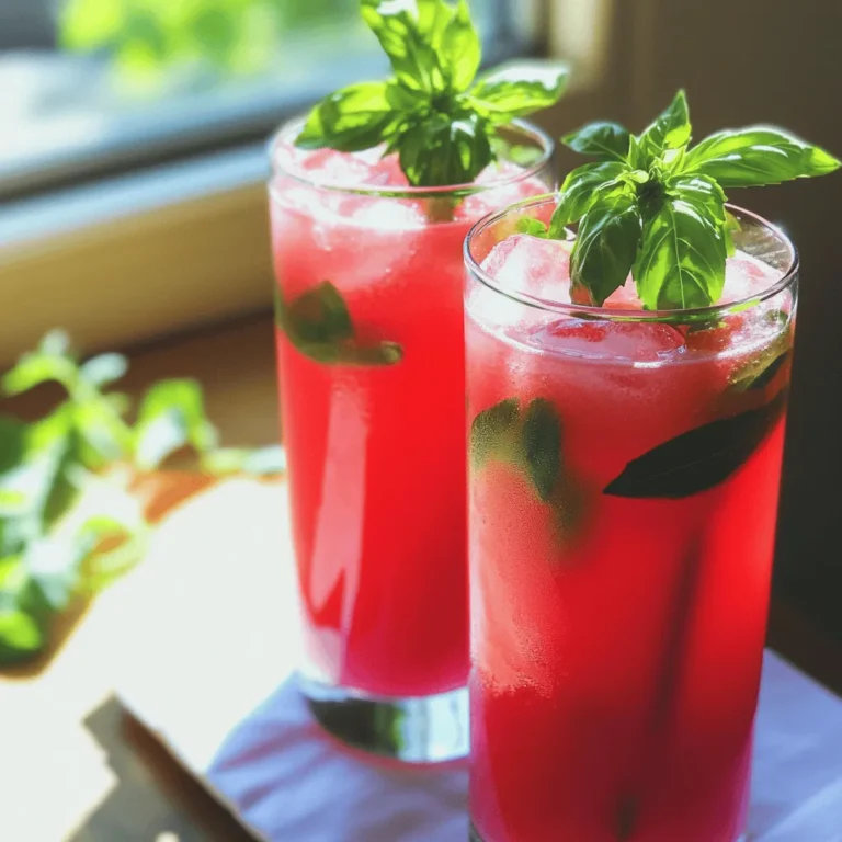 - 4 cups seedless watermelon, cut into cubes - 1/4 cup fresh basil leaves, tightly packed - 2 tablespoons honey or agave syrup - 1 tablespoon freshly squeezed lime juice - 2 cups sparkling water or club soda - Ice cubes - Additional basil leaves for garnish To make the Watermelon Basil Cooler, you need fresh ingredients. Start with seedless watermelon. This fruit gives the drink a sweet and juicy base. Choose a ripe watermelon for the best flavor. Next, gather fresh basil leaves. They add a unique and fragrant touch. You can use honey or agave syrup to sweeten the drink. Both options blend well with the watermelon. The lime juice adds a zesty kick. This brightens the overall flavor and balances the sweetness. Sparkling water or club soda provides a fizzy lift. Finally, have ice cubes ready to chill your drink and keep it refreshing. Each ingredient plays a key role in creating this delightful summer sip. You can find the full recipe linked above for guidance on mixing these flavors into a wonderful drink. Start with the watermelon cubes. Add them to a blender. Blend on high speed until smooth. This creates a vibrant watermelon puree. If you want a smoother drink, strain the puree through a fine-mesh sieve into a pitcher. This step removes any pulp or solids. Now, take your watermelon puree. Add the fresh basil leaves, honey, and freshly squeezed lime juice. Blend again for just a few seconds. This helps to finely chop the basil and mix it well. Blending is key here. It allows all the flavors to blend together beautifully. Grab your glasses and fill each one with ice cubes. Pour the watermelon-basil mixture into the glasses until they are about two-thirds full. This leaves room for the sparkling water. Carefully top each glass with sparkling water or club soda. Stir gently to blend the flavors without losing the bubbles. For a nice touch, add a few extra basil leaves on top. This makes for a beautiful presentation. Enjoy your refreshing cooler! To make your Watermelon Basil Cooler truly shine, you can adjust the sweetness based on your taste. Start with the honey or agave syrup. If you like it sweeter, add more. If you prefer a light touch, use less. This drink is all about your choice. Adding lime juice gives your cooler a refreshing zing. It cuts through the sweetness and brightens the flavors. One tablespoon is a great start, but feel free to add a bit more if you want extra tang. Choosing the right blender is key for a smooth puree. A high-speed blender works best, as it can mix the watermelon cubes quickly. This helps create a vibrant and smooth drink. Be careful not to over-blend the mixture. You want a nice texture. Blend just enough to combine the ingredients and keep some of that fresh watermelon feel. Presentation is important for any drink, and your Watermelon Basil Cooler deserves it! For garnishing, slice a thin piece of watermelon and place it on the rim of your glass. You can also add a few fresh basil leaves on top. This not only adds color but also enhances the aroma. A simple garnish can make your cooler look fancy and fun! For the full recipe, check the detailed steps above. Enjoy! {{image_4}} You can make a fun cocktail with this cooler. Adding alcohol gives it a grown-up twist. Vodka works well because it blends nicely. You can also try white rum for a tropical vibe. Just mix one part alcohol with three parts cooler. This balance keeps the drink light and refreshing. To make your cooler even more exciting, think about adding extra flavors. Fresh mint gives a bright taste that pairs well with watermelon. You can also use ginger for a spicy kick. If you want to switch up the fruit, try adding strawberries or pineapple. They both add sweetness and a new flavor profile. This cooler is perfect for summer days or gatherings. Serve it at picnics, barbecues, or pool parties. It’s a great drink to cool down on hot days. You can also serve it at brunch for a refreshing twist. The bright colors make it a beautiful addition to any table. To store leftover watermelon basil cooler, pour it into a clean jar. Seal it tightly with a lid. Make sure to refrigerate the jar right away. This keeps the drink fresh and tasty. If you use a pitcher, cover it with plastic wrap. Aim to use the leftover drink within two days for the best flavor. The cooler is best enjoyed fresh. However, it can stay good in the fridge for about two days. After that, the taste may change. If you notice any strange smells or colors, it’s best to throw it out. Freshness matters, so always check before sipping! Freezing is a great way to save watermelon basil cooler for later. You can freeze the watermelon cubes before blending. Just cut the watermelon and place the cubes on a baking sheet. After they freeze, store them in a freezer bag. This way, you can blend them into a cooler anytime. You can also freeze the mixed drink in ice cube trays. Pop them into your next drink for a cool twist! Yes, you can use other sweeteners. Agave syrup works well in this drink. It has a mild taste and blends smoothly. You might also try stevia for a low-calorie option. Just remember to adjust the amount to fit your taste. Each sweetener brings its unique flavor, so feel free to experiment and find what you like best. Absolutely! This drink is perfect for kids. To make it even more appealing, skip the lime juice for a sweeter taste. You can also serve it without the sparkling water if they prefer a still drink. To make it fun, add colorful straws or fun cups. Kids love the bright colors and fruity flavor! Basil adds a nice flavor, but there are other great options. Mint is a refreshing choice and pairs well with watermelon. You can also use cilantro for a unique twist. Each herb gives a different taste, so feel free to mix and match. Get creative and find your favorite! This blog post shared how to make a refreshing watermelon basil drink. We covered the key ingredients, step-by-step instructions, and helpful tips. You learned how to blend flavors and enhance the drink's look. With options for variations and storage, you'll enjoy this cooler on any occasion. Remember, you can always adjust sweetness or try different herbs. Making this drink can be fun, fresh, and easy. So grab some watermelon and get started!