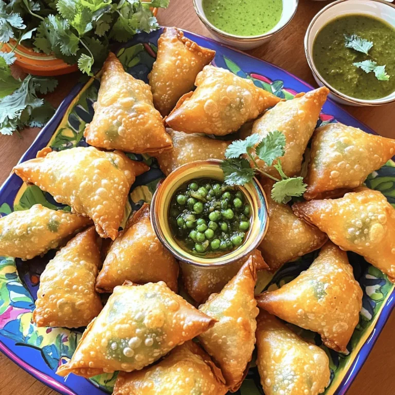 To make delicious vegetable samosas, you need a few key ingredients. These ingredients come together to create a crispy and flavorful treat. Here’s what you will need: - 2 cups all-purpose flour - 1/4 cup vegetable oil - 1/2 teaspoon salt - 6-8 tablespoons water (adjust as necessary) - 2 tablespoons oil (for sautéing) - 1 teaspoon cumin seeds - 1 medium onion, finely chopped - 1 teaspoon fresh ginger, grated - 2 green chilies, finely chopped (adjust to your spice preference) - 2 medium potatoes, boiled and mashed - 1/2 cup green peas (fresh or frozen) - 1 teaspoon garam masala - 1/2 teaspoon turmeric powder - Salt to taste - Fresh coriander leaves, chopped (for garnish) - Oil for deep-frying Each ingredient plays a role. The all-purpose flour forms the dough, while the spices add flavor. Potatoes and peas create a hearty filling. You can find the full recipe to guide you through the process. Enjoy every step as you create this tasty snack! To start, combine 2 cups of all-purpose flour, 1/2 teaspoon of salt, and 1/4 cup of vegetable oil in a bowl. Mix them well until the mixture looks crumbly. Next, add water slowly, about 6-8 tablespoons, mixing until a firm dough forms. Knead the dough for a few minutes until it feels smooth. Cover the dough with a damp cloth and let it rest for 30 minutes. Resting helps relax the gluten, making it easier to roll out later. In a pan, heat 2 tablespoons of oil over medium heat. Add 1 teaspoon of cumin seeds and let them sizzle for a moment. Then, add 1 finely chopped onion and cook until it turns golden brown. Stir in 1 teaspoon of grated ginger and 2 finely chopped green chilies. Cook for about a minute until fragrant. Now, add 2 boiled and mashed potatoes, 1/2 cup of green peas, 1 teaspoon of garam masala, 1/2 teaspoon of turmeric powder, and salt to taste. Mix well and cook for 2-3 minutes. Once done, remove from heat and let the filling cool. Finish by adding chopped coriander leaves for extra flavor. After the dough has rested, divide it into 10-12 small balls. Roll each ball into a thin oval on a floured surface. Cut the oval in half to form two semi-circles. Take one semi-circle and bring the straight edges together, forming a cone. Use a bit of water to seal the edges. Carefully fill the cone with the vegetable filling, but don't overfill. Seal the open edge firmly with your fingers. Heat oil in a deep frying pan over medium heat. When hot, slide in the samosas in batches. Fry until they turn golden brown and crispy, about 5-7 minutes. Turn them occasionally for even cooking. Once done, use a slotted spoon to remove the samosas and place them on paper towels to drain excess oil. For the complete recipe, check the section above. Enjoy your homemade vegetable samosas! To make great samosas, start with smooth dough. Mix the flour, salt, and oil well. Add water slowly until the dough feels soft but firm. Knead for a few minutes to develop the texture. If your kitchen is humid, you may need less water. For dry days, add a bit more water. Let the dough rest under a damp cloth for 30 minutes. This helps the gluten relax and makes rolling easier. Balancing spices is key for a tasty filling. Use cumin seeds, ginger, and green chilies for a spicy kick. The filling should taste strong, as it will mellow when cooked. Always cool the filling before shaping the samosas. This helps the dough stay firm and prevents sogginess. If the filling is warm, it may break the dough when you seal it. Frying temperature matters for crispy samosas. Heat the oil until it reaches about 350°F (175°C). If the oil is too hot, the outside will burn. If it’s too cool, they will absorb too much oil. Fry in small batches to ensure even cooking. Turn the samosas gently while frying. This helps them cook evenly and get that golden color. When done, place them on paper towels to drain excess oil. Follow these tips to create perfect crispy and flavorful vegetable samosas! Check out the Full Recipe for more details. {{image_4}} You can mix up the filling in your samosas. Add colorful vegetables like carrots, spinach, or bell peppers. These not only taste good but also make your samosas pop with color. Do you want more protein? Consider adding lentils or chickpeas. They are hearty and add a nice texture. You can even use cooked quinoa for a twist! Each filling adds a unique flavor and keeps things exciting. If you want a lighter option, try baking your samosas instead of frying. Preheat your oven and brush them with a little oil for a crispy finish. This method gives you that crunch without all the extra fat. Another tip is to use whole wheat flour for the dough. This makes your samosas more nutritious and adds a nice flavor. Plus, whole wheat flour gives you more fiber! For serving, pair your samosas with mint chutney and tamarind sauce. These dips add a fresh and tangy taste that complements the samosas perfectly. You can also serve them with a side salad for extra crunch and freshness. For drinks, try a light chai or lassi. These pair well with the spices in the samosas and round out your meal. Enjoy the burst of flavors! To keep your leftover samosas fresh, follow these steps: - Refrigeration: Place samosas in an airtight container. They can stay in the fridge for about 3-4 days. - Freezing: For longer storage, freeze them. Use a freezer-safe bag or container. They can last up to 3 months. When you want to enjoy them again, reheating is key. - Oven: Preheat to 350°F (175°C). Bake for 10-15 minutes until crispy. - Air Fryer: Heat to 350°F (175°C) for about 5-7 minutes. This keeps them crunchy. Making samosas ahead of time saves you effort during busy days. - Prepare Filling: You can make the filling a day before. Store it in the fridge for easy use. - Shape Samosas: Form the samosas and keep them on a tray. Cover with a damp cloth to prevent drying. You can freeze them at this stage as well. Kitchen Organization Tips: - Label containers with dates. - Keep your workspace clear to speed up the process. Samosas can stay tasty for a good while if stored right. - Refrigerated: Up to 4 days. - Frozen: Maintain quality for about 3 months. Watch out for spoilage signs: - Texture: If they feel soggy or dry, it's time to toss them. - Smell: Any off smell indicates they are no longer good. Enjoy making and storing your samosas! For the full recipe, check out the detailed instructions provided. Vegetable samosas are made of simple yet flavorful ingredients. Here’s the breakdown: - Dough: All-purpose flour, vegetable oil, salt, and water create a crispy shell. - Filling: Potatoes and green peas form the base. They provide a satisfying texture. - Spices: Cumin seeds, garam masala, turmeric, and green chilies add warmth and depth. - Aromatics: Onions and ginger bring a fresh and zesty taste. These ingredients come together to form a delicious treat. Yes, you can bake samosas for a healthier option. Here’s how: - Prepare the samosas: Follow the same steps to shape and fill them. - Preheat your oven: Set it to 375°F (190°C). - Brush with oil: Lightly coat the samosas with oil to help them crisp up. - Bake: Place them on a baking sheet and cook for about 25-30 minutes. Flip halfway through for even cooking. Baked samosas will be less oily but still tasty. To spice up your samosas, you can adjust the heat level with these tips: - Green chilies: Add more finely chopped green chilies to the filling. - Red chili powder: Mix in a pinch of red chili powder for extra heat. - Pepper: Incorporate black pepper for a different kind of spice. - Garam masala: Use a spicier blend or increase the amount for a bolder flavor. Experimenting with these spices helps you find your perfect heat level. Samosas pair well with various dips. Here are some popular choices: - Mint chutney: This fresh green sauce adds a cooling effect. - Tamarind sauce: Its sweet and tangy flavor contrasts nicely with the samosas. - Yogurt sauce: A dollop of yogurt can balance the spices. - Chili sauce: For those who love heat, a spicy chili sauce works great. These dips enhance the eating experience, making it even more enjoyable. Making samosas is a rewarding experience. We covered the key ingredients, like flour, spices, and filling. I shared steps for making dough, filling, and frying them just right. You learned tips for perfect texture and flavorful mixtures. We explored tasty variations and how to store leftovers effectively. Enjoy creating and sharing your samosas! With practice, you’ll master this snack and impress everyone.