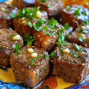 - 1 pound sirloin steak, cut into bite-sized cubes - 4 tablespoons unsalted butter - 4 cloves garlic, finely minced - 1 tablespoon fresh rosemary, finely chopped - 1 tablespoon fresh thyme, finely chopped - Salt and freshly ground black pepper, to taste - 1 tablespoon olive oil - ¼ teaspoon red pepper flakes (optional for heat) - Fresh parsley, finely chopped, for garnish The right ingredients make all the difference. For this dish, you want a good cut of meat. Sirloin steak works well because it’s tender and flavorful. Cut it into bite-sized cubes. This size helps them cook quickly and evenly. Butter adds richness. The unsalted kind allows you to control the salt level. Garlic gives a strong, tasty punch. Fresh herbs, like rosemary and thyme, add a nice touch. They bring out the beefy flavor. You can add red pepper flakes for a bit of heat. If you prefer a milder dish, just skip this ingredient. Fresh parsley is perfect for garnishing. It adds color and freshness to the final plate. Every ingredient plays a role. Together, they create joy in every bite. For the complete recipe, check out the Full Recipe section. Start by patting the steak cubes dry with a paper towel. This helps create a nice crust when searing. Moisture can make it hard to get that perfect sear. Next, season each steak cube with salt and freshly ground black pepper. This simple step packs in flavor. Let the seasoned steak sit for a bit. This allows the salt to work its magic. In a large skillet, heat the olive oil over medium-high heat until it shimmers. This means the oil is hot enough for searing. Carefully add the steak cubes. Make sure they are in a single layer. Sear the steak for 2-3 minutes without moving them. This helps form a beautiful crust. After that, flip the cubes and sear for another 2-3 minutes. Adjust the time if you want your steak more done. Once they’re seared to your liking, take the steak bites out and set them aside. In the same skillet, lower the heat to medium. Add the unsalted butter and minced garlic. Then toss in the chopped rosemary, thyme, and red pepper flakes if you want some heat. Stir everything together until the butter melts and the garlic smells great. This should take about a minute. Now, return the cooked steak bites to the skillet. Toss them gently in the garlic butter sauce. Cook for another 1-2 minutes. This lets all the flavors mix well together. Take the skillet off the heat. For the final touch, garnish the steak bites with freshly chopped parsley. Serve them on a colorful platter for a nice look. For fun, you can skewer the bites with toothpicks. This makes them easy to eat. Drizzle some of that garlic butter sauce on top to make them even more tasty! For the full recipe, check out the details provided earlier. Enjoy your cooking! To make the best garlic butter steak bites, start with patting the steak dry. This step is key. Dry steak creates a nice crust when you sear it. Use a paper towel to soak up any moisture. Next, adjust your cooking times based on how you like your steak. For medium-rare, sear the cubes for 2-3 minutes on each side. If you prefer your steak more done, add an extra minute or two. Remember, don’t overcrowd the pan. This helps the steak cook evenly. To boost flavor, consider adding spices and herbs. Fresh rosemary and thyme work wonders. The aroma will fill your kitchen and make the bites irresistible. You can also customize your steak bites with optional add-ins. If you like heat, sprinkle in some red pepper flakes. Want a bit of sweetness? Try adding a splash of balsamic vinegar. Each tweak can create a new taste experience. For the full recipe, click here: [Full Recipe]. {{image_4}} You can swap steak for chicken or shrimp. Chicken thighs work well because they stay juicy. Cut the pieces into bite-sized chunks. Cook for about 5-7 minutes until they are golden brown. Shrimp cooks quickly and adds a sweet taste. Use large shrimp and cook them for 2-3 minutes on each side until they turn pink. Both options absorb the garlic butter flavor nicely. For a gluten-free meal, use gluten-free soy sauce instead of regular soy sauce. Always check the label on your butter and spices. Most of them are naturally gluten-free. This keeps the dish safe for those with gluten sensitivities. Enjoy the same great taste without worry. If you want a vegetarian version, mushrooms are a great substitute. Portobello or cremini mushrooms can mimic the texture of meat. Slice them into bite-sized pieces and cook until golden. You can also use tofu for added protein. Press the tofu to remove moisture, then cut it into cubes. Sauté in the garlic butter for a tasty, plant-based dish. To keep your leftover steak bites fresh, store them in an airtight container. Make sure to cool them first. Place them in the fridge within two hours of cooking. This way, they stay safe to eat. Good storage helps keep the flavor and texture. Leftover steak bites last about three to four days in the fridge. When you're ready to enjoy your steak bites again, reheating is key. Use a skillet for the best results. Heat it over medium-low heat. Add a small amount of butter or oil to help keep them moist. Stir gently for about five minutes. This way, you keep the great taste and tender bite. Avoid using the microwave, as it can make the steak chewy. If you want to save steak bites for later, freezing is a good option. First, let them cool completely. Then, place them in a freezer-safe container. You can also use freezer bags, making sure to remove as much air as possible. They can last up to three months in the freezer. When ready to eat, thaw in the fridge overnight. Reheat them in a skillet for the best flavor. Enjoy your Garlic Butter Steak Bites with these storage tips for later meals! For the full recipe, check out the earlier section. Garlic butter steak bites pair well with many sides. Here are some great options: - Roasted vegetables: Carrots, Brussels sprouts, or asparagus are tasty choices. - Mashed potatoes: Creamy potatoes balance the rich steak flavor. - Rice: Fluffy rice soaks up the garlic butter sauce nicely. - Salad: A fresh green salad adds a crisp bite. - Garlic bread: Perfect for dipping into the garlic butter sauce. Yes, you can prep some parts ahead. Here are my tips: - Season the steak: You can season the steak cubes a few hours before cooking. This helps the flavors soak in. - Make the garlic butter sauce: Prepare the sauce in advance and store it in the fridge. Just warm it up before tossing in the steak. - Cook and store: You can cook the steak bites and store them in the fridge for up to two days. Reheat them gently before serving. If you want more heat, try these ideas: - Add more red pepper flakes: Increase the amount to your taste. - Use hot sauce: Drizzle some hot sauce over the finished dish. - Add jalapeños: Sauté sliced jalapeños with the garlic for extra spice. - Try chili powder: Sprinkle some chili powder on the steak while seasoning. These changes will add a nice kick to your garlic butter steak bites! For the full recipe, check out the [Full Recipe]. In this guide, we explored making garlic butter steak bites. We covered key ingredients, step-by-step cooking instructions, and tips for perfecting your dish. Remember to use fresh herbs for great flavor and adjust cooking times for your preference. You can also try alternatives like chicken or mushrooms. This dish is easy to store and reheat, making it perfect for any meal. Enjoy experimenting with flavors and creating a delicious steak experience!