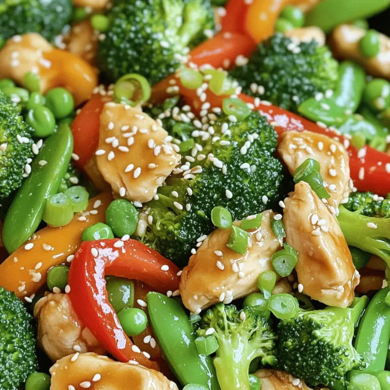 - 1 lb boneless, skinless chicken thighs, cut into bite-sized chunks - 2 tablespoons olive oil - 1 cup broccoli florets, washed and trimmed - 1 red bell pepper, sliced into thin strips - 1 cup snap peas, ends trimmed - 1 small carrot, julienned - 3 green onions, finely chopped - 2 cloves garlic, minced - 1 tablespoon fresh ginger, grated - 1/4 cup low-sodium soy sauce - 2 tablespoons honey - 1 tablespoon rice vinegar - 1 teaspoon sesame oil - Salt and freshly ground black pepper to taste - Toasted sesame seeds for garnish The chicken is the star here. I use boneless, skinless thighs for juiciness. They cook quickly and stay tender. For veggies, I choose bright broccoli, sweet bell pepper, crisp snap peas, and a touch of carrot for color. Fresh garlic and ginger add a zing. The sauce blends soy sauce, honey, rice vinegar, and sesame oil for a sweet and savory mix. - Other protein options: shrimp, beef, or tofu - Additional veggies: zucchini, mushrooms, or bell peppers - Garnishes and toppings: cilantro, green onions, or chili flakes You can swap chicken for shrimp, beef, or even tofu for a vegetarian twist. Feel free to add other veggies like zucchini or mushrooms. They all taste great! Top with fresh cilantro or chili flakes for extra flavor. This dish is fun to customize based on what you have at home. For more details, you can check the Full Recipe. To start, gather your teriyaki sauce ingredients. You need low-sodium soy sauce, honey, rice vinegar, sesame oil, garlic, and ginger. In a small bowl, mix these ingredients well. A whisk works great here. This sauce adds a sweet and savory taste to your dish. Next, heat olive oil in a large skillet or wok. Use medium-high heat for the best results. When the oil shimmers, add the chicken chunks. Sprinkle a pinch of salt and black pepper over it. Cook for about 5-7 minutes. Turn the chicken often until it is brown and cooked through. Remove the chicken and set it aside on a plate. In the same skillet, add your vegetables: broccoli, bell pepper, snap peas, and carrot. Stir them for 3-4 minutes. You want the veggies to stay bright and start to soften. This keeps them crunchy and full of flavor. Now, return the cooked chicken to the skillet. Pour the teriyaki sauce over everything. Toss gently to coat the chicken and veggies evenly. Cook for another 2-3 minutes. This allows the flavors to meld nicely. Finally, remove the skillet from the heat. Stir in finely chopped green onions. This adds a fresh taste. To serve, spoon the stir fry onto plates. Sprinkle toasted sesame seeds on top for a nice finish. You can serve it over jasmine rice or alongside quinoa. This makes a complete meal. Enjoy the vibrant colors and flavors! - Overcooking the chicken: Overcooked chicken turns dry and tough. Cook it just until it's no longer pink inside. This usually takes about 5-7 minutes on medium-high heat. - Vegetable texture issues: If you overcook the veggies, they lose their crispness. Stir fry them for about 3-4 minutes. They should be bright and tender but still crunchy. - Flavor tweaks: Want more heat? Add chili flakes or sriracha to your teriyaki sauce. Prefer a sweeter taste? Mix in more honey or brown sugar. Adjust the sauce to match your taste. - Alternative vegetables: You can swap out the veggies based on what you have. Try bell peppers, zucchini, or even bok choy. Mix and match for fun flavors and colors. - Sweetness adjustments: If the sauce is too sweet, add a splash of soy sauce. If it’s not sweet enough, add more honey. Taste as you go to get it just right. - Thickness options: To thicken your sauce, simmer it longer in the pan. For a thinner sauce, add a bit of water or broth. This helps you control the sauce for your liking. By following these tips, you'll create a teriyaki chicken stir fry that's both delicious and fun to make. If you're ready to dive in, check out the Full Recipe for all the details! {{image_4}} You can easily make this dish fit your diet. - Low-Carb Options: Swap the chicken for shrimp or tofu. Use cauliflower rice instead of white rice. This keeps the flavor but cuts carbs. - Vegetarian or Vegan Swaps: For a plant-based dish, use tofu or tempeh. You can also add more veggies like bell peppers or mushrooms. You can give your stir fry a twist. - Different Sauce Options: Try a hoisin sauce or sweet chili sauce for a different taste. You can even add peanut butter for a creamy texture. - Cultural Twists on Stir Fry: Add spices like curry powder for an Indian flavor. Or use a teriyaki sauce recipe from Japan. Each culture adds its unique flair. Using seasonal produce can enhance your dish. - Best Vegetables to Use Per Season: In spring, use asparagus and snap peas. In summer, add zucchini and bell peppers. Fall is great for carrots and squash. Winter brings hearty greens like kale. - Sustainable Sourcing Tips: Shop local farmers' markets. This supports local farms and gets you fresh ingredients. You can also look for organic labels to ensure quality. Explore these options to make your teriyaki chicken stir fry even more special! To store your teriyaki chicken stir fry, first let it cool down. Place it in an airtight container. This helps keep the flavors fresh. You can refrigerate it for up to three days. If you want to keep it longer, freezing is a good option. Use a freezer-safe container or bag. It can last up to three months in the freezer. When you're ready to eat your leftovers, reheating is easy. For the microwave, place the stir fry in a bowl. Cover it with a microwave-safe lid. Heat it for one to two minutes, stirring halfway. This ensures even heating. If you prefer a skillet, heat a small amount of oil over medium heat. Add the stir fry and stir until warm, about three to five minutes. In the fridge, your teriyaki chicken stir fry lasts about three days. Be sure to check for signs of spoilage before eating. If you see any mold or if it smells off, it's best to throw it away. When frozen, the stir fry can sit for up to three months. After that, the taste may not be as good. Always trust your senses when it comes to food safety. You can serve teriyaki chicken stir fry with rice or noodles. Here are some great options: - Jasmine rice: This fluffy rice pairs well with teriyaki sauce. - Brown rice: A healthier option with more fiber. - Egg noodles: These add a nice chew to your meal. - Quinoa: A protein-rich choice that adds texture. - Side salad: A fresh salad can balance the flavors. Try pairing your stir fry with steamed or sautéed vegetables. Broccoli, bok choy, and carrots work well. You can also serve it with a light soup for a complete meal. Yes, you can make teriyaki chicken stir fry in advance. Here are some tips: - Cook and cool: Prepare the dish fully, then cool it quickly. - Store properly: Place it in an airtight container in the fridge. - Reheat gently: When ready to eat, heat it on the stove or in the microwave. Meal prep makes busy nights easier. You can also chop veggies ahead of time. This saves time and lets you enjoy a fresh meal. Teriyaki chicken stir fry is tasty and nutritious. Here are the key facts: - Caloric content: One serving has about 350 calories. - Protein: It has around 30 grams of protein from chicken. - Carbohydrates: Expect about 30 grams, mostly from veggies and sauce. - Fat: It contains about 10 grams, mostly healthy fats from olive oil. This dish is rich in vitamins and minerals, thanks to the colorful veggies. Broccoli offers vitamin C, while carrots are high in beta-carotene. Enjoy this dish for a balanced meal! For the complete instructions and ingredient list, check out the [Full Recipe]. Teriyaki chicken stir fry is a simple dish to make at home. You learned key ingredients, how to prepare the sauce, and tips for cooking. Avoid common mistakes like overcooking chicken. Customize your stir fry with different veggies or proteins to suit your taste. Remember, fresh ingredients make a big difference. Whether you serve it fresh or store leftovers, this dish is delicious. Enjoy creating your own unique stir fry!