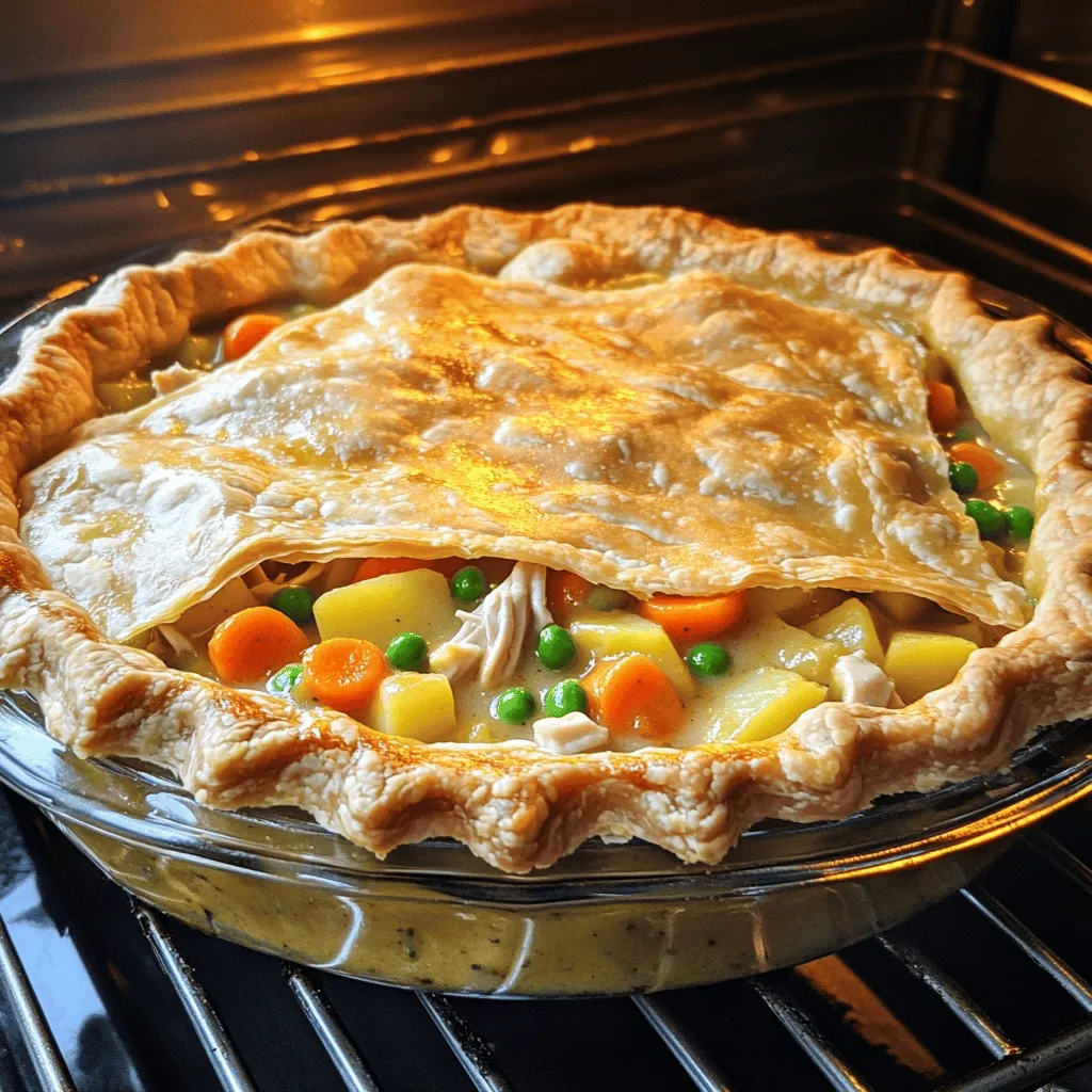 To create a classic chicken pot pie, you need the right ingredients. Here’s what you’ll need: - 2 cups cooked chicken, shredded - 1 cup carrots, diced - 1 cup peas (fresh or frozen) - 1 cup potatoes, diced into small cubes - 1/2 cup celery, diced - 1/2 cup onion, finely chopped - 3 tablespoons unsalted butter - 3 tablespoons all-purpose flour - 1 3/4 cups low-sodium chicken broth - 1/2 cup whole milk - 1 teaspoon dried thyme - Salt and freshly ground black pepper to taste - 1 pre-made pie crust (store-bought or homemade) - 1 egg, beaten (for egg wash) These ingredients combine to create a rich and savory filling. Herbs and seasonings bring life to your chicken pot pie. I always use dried thyme for its warm, earthy flavor. Salt and fresh black pepper add a nice touch. Feel free to add herbs like rosemary or parsley if you want more flavor. Fresh herbs can brighten the dish. You can customize your pot pie with optional add-ins. Try adding: - Corn for sweetness - Green beans for crunch - Mushrooms for an earthy taste These add-ins can make your pot pie unique. Experiment and find your favorite mix! For the full recipe, check out the link. Start by cooking your chicken. You can use leftover chicken or boil it fresh. Once cooked, shred the chicken into bite-sized pieces. Next, chop your vegetables. Dice the carrots, celery, and potatoes. Make sure the pieces are small for even cooking. In a large pot, melt the butter over medium heat. Add the diced onion, celery, carrots, and potatoes. Cook these veggies for about 5-7 minutes, stirring often. You want them tender but not mushy. After the vegetables soften, sprinkle the flour over them. Stir this mix for about a minute. This forms a roux, which thickens the filling. Slowly add the chicken broth while whisking. This helps avoid lumps. Once combined, stir in the milk and bring everything to a gentle simmer. Now it’s time for flavor. Add the shredded chicken, peas, thyme, salt, and pepper. Keep stirring for about 5-10 minutes until the filling thickens nicely. Take the pot off the heat and let it cool for a bit. If you made your pie crust, roll it out on a floured surface. Place it into a pie dish, covering the bottom and sides. Spoon the creamy chicken mixture into the crust evenly. If you have another crust, place it over the filling. Pinch the edges to seal them. Cut some slits in the top crust. This lets steam escape while baking. Brush the top with the beaten egg for a golden finish. Now, preheat your oven to 425°F (220°C). Place the pot pie in the oven on the middle rack. Bake it for 30-35 minutes. You want the crust golden brown and the filling bubbling. Once baked, take the pot pie out and let it cool for about 10 minutes. This makes it easier to slice and serve. Enjoy this classic dish with family or friends! For the full recipe, check out the section above. To get a flaky pie crust, keep your ingredients cold. Use cold butter and ice water. When mixing, work the dough quickly. Overworking makes it tough. Roll the dough gently and avoid using too much flour. Chill the crust for at least 30 minutes before baking. This helps create layers and makes it rise nicely. The filling should be creamy but not watery. Start by cooking the vegetables until they are just tender. When adding flour, stir it in well to avoid lumps. Gradually add the broth and milk while whisking. Let the filling simmer until it thickens. If it gets too thick, add a splash of broth or milk to adjust. To boost flavor, use fresh herbs like thyme or parsley. A splash of lemon juice adds brightness. You can also try adding a dash of hot sauce for a kick. For a richer taste, substitute some broth with white wine. Each of these tips enhances the dish and makes it even more comforting. Check out the Full Recipe for more ideas! {{image_4}} You can easily make a vegetarian chicken pot pie. Start by swapping chicken for plant-based proteins. Consider using chickpeas or lentils as a hearty option. For a richer flavor, add mushrooms and a mix of your favorite vegetables. Carrots, peas, and green beans work well. Use vegetable broth instead of chicken broth. This will keep that comforting taste without the meat. You can also switch up the protein in your pot pie. Try turkey for a festive twist. You can even use beef or pork for a heartier dish. Just make sure to cook the meat thoroughly before adding it to the filling. Adjust the cooking time if needed. This gives you a chance to explore new flavors while still enjoying the classic pot pie style. Adding different herbs and spices can change the flavor of your pot pie. For a spicy kick, toss in some cayenne pepper or smoked paprika. If you want a fresh taste, try adding lemon zest or dill. You can also experiment with cheeses, like cheddar or gouda, for a creamy finish. These tweaks can make your pot pie feel new and exciting each time you bake it. For the full recipe, refer to the Comforting Chicken Pot Pie section. Store your leftover pot pie in the fridge. Place it in an airtight container. Make sure to cover it well if you don't have one. It stays fresh for about 3 to 4 days. If you have a slice or two, you can wrap them in plastic wrap. This protects the filling and crust. You can freeze chicken pot pie, too! To freeze, let it cool first. Wrap it tightly in plastic wrap and then in aluminum foil. This keeps out air and prevents freezer burn. You can freeze it for up to 3 months. Just remember to label it with the date. Reheat your pot pie in the oven for the best results. Preheat the oven to 350°F (175°C). Place the pie on a baking sheet. Heat it for about 25 to 30 minutes. If it's frozen, it may take longer. Check for warmth in the center. You can also microwave it for a quick fix, but the crust won't be as crispy. Yes, you can use rotisserie chicken. It saves time and adds great flavor. Just shred the chicken and add it to your filling. This shortcut makes the process quick and easy, perfect for busy nights. If you need a crust swap, try phyllo dough or biscuit dough. You can also use mashed potatoes for a fun twist. Just layer it on top of the filling. Each option gives a unique taste and texture to your dish. You can keep leftovers in the fridge for about three days. Store them in an airtight container to keep them fresh. If you want to save them longer, consider freezing. Just make sure to wrap it well before freezing. Absolutely! You can prepare the filling a day ahead. Just assemble the pie before baking. This way, you save time on busy days. Follow the Full Recipe for best results when making it ahead. We explored the essentials of making a classic chicken pot pie. You learned about key ingredients, herbs, and optional add-ins. The step-by-step guide helped you prepare and bake your dish. I shared tips for a flaky crust and perfect filling. We also discussed tasty variations and storage options. Making chicken pot pie is fun and rewarding. Enjoy creating your own with the ideas shared here. Your kitchen will smell amazing, and your taste buds will thank you!