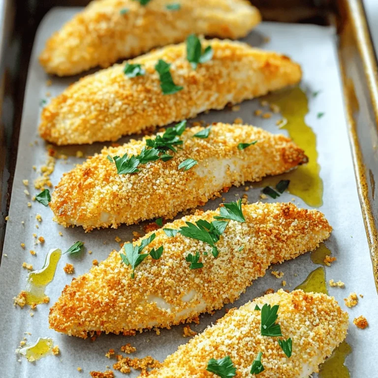 - 1 pound boneless, skinless chicken breasts - Marinade: 1 cup buttermilk - Breading elements: 1 cup panko breadcrumbs, 1/2 cup all-purpose flour - Seasonings: 1 teaspoon garlic powder, 1 teaspoon onion powder, 1 teaspoon smoked paprika, 1/2 teaspoon salt, 1/2 teaspoon black pepper, 1/4 teaspoon cayenne pepper (optional) - Cooking oil: 2 tablespoons extra virgin olive oil - Garnish: Fresh parsley, finely chopped I love using fresh, simple ingredients for my crispy baked chicken tenders. The chicken breasts are the star here. I always choose boneless and skinless for easy handling. This keeps them juicy and tender. For the marinade, I use buttermilk. It helps to make the chicken soft and adds great flavor. Soak the chicken for at least 30 minutes. You can go up to two hours for the best taste. Next comes the breading. I prefer panko breadcrumbs because they give the best crunch. The all-purpose flour helps the breadcrumbs stick. Mixing garlic powder, onion powder, smoked paprika, salt, and pepper adds a nice depth of flavor. I add cayenne pepper for those who like a bit of heat. It’s optional, but it gives a great kick. Finally, a drizzle of extra virgin olive oil helps the tenders bake to a golden brown. You can finish with fresh parsley for a pop of color. Want the full recipe? Check out the [Full Recipe]. It’s a delicious way to enjoy chicken! First, set your oven to 425°F (220°C). While it heats up, grab a baking sheet. Line it with parchment paper. This will help the chicken not stick. It also makes cleanup easy. Take a big bowl and pour in the buttermilk. Add the chicken strips. Make sure they are all covered. Cover the bowl with plastic wrap. Let it sit for at least 30 minutes. For even more flavor, you can marinate it for up to 2 hours in the fridge. In another shallow dish, mix the flour, garlic powder, onion powder, smoked paprika, salt, black pepper, and cayenne pepper. Whisk it well. In a separate bowl, place the panko breadcrumbs. This is what will give your chicken that crunchy outside. After marinating, take the chicken out of the buttermilk. Let the excess drip off. Next, coat each piece in the flour mixture. Make sure each strip is covered. Gently shake off the extra flour. For extra crunch, dip the chicken back into the buttermilk. Then, roll it in the panko breadcrumbs. Press down a bit to help the crumbs stick. Arrange the coated chicken on the lined baking sheet. Drizzle a little olive oil on top. This helps it get golden brown. Bake the chicken for 20-25 minutes. Check with a meat thermometer. It should reach 165°F (75°C). Once the chicken is baked, take it out of the oven. Let it rest for about 5 minutes. This helps keep the juices in. Finally, garnish with fresh parsley. It adds a nice touch. Serve hot with your favorite sauces. Don't forget to check the Full Recipe for all the details! For the crispiest chicken tenders, use panko breadcrumbs. Panko adds a light and airy crunch that regular breadcrumbs can't match. Their larger flakes create a wonderful texture. To take it up a notch, use the double-dipping technique. First, coat the chicken in flour, then dip it back into the buttermilk before rolling it in panko. This extra layer of breading will give you an amazing crunch. To make your chicken tenders more flavorful, add spices to the breading mix. Garlic powder, onion powder, and smoked paprika all work great. Feel free to adjust the amounts to fit your taste. You can also try different marinades. A simple mix of lemon juice and herbs can change the flavor profile entirely. Experiment with your favorites to find the perfect taste. If you want a healthier option, consider using an air fryer. It cooks the chicken tenders with less oil while still keeping them crispy. Adjust the cooking time to about 12-15 minutes at 400°F (200°C). Another great tip is to place the chicken tenders on a wire rack. This allows hot air to circulate around the tenders, leading to even cooking and a crispier finish. {{image_4}} You can easily change the flavor of your chicken tenders. Here are two fun ideas: - Lemon pepper chicken tenders: Add lemon zest and black pepper to the flour mix. This gives a bright and zesty taste that wakes up your meal. - BBQ chicken tenders: Brush the tenders with your favorite BBQ sauce before baking. This adds a sweet and tangy flavor that kids love. If you have dietary needs, you can still enjoy these tenders: - Gluten-free options: Use gluten-free breadcrumbs instead of regular. This way, everyone can enjoy the meal without any worry. - Low-carb alternatives: Swap regular flour with almond flour or coconut flour. Both options give you a nice crunch while keeping carbs low. Pair your chicken tenders with tasty sides and dips: - Suggested dipping sauces: Try ranch dressing, honey mustard, or spicy sriracha. Each adds a unique kick to your tenders. - Side dish pairings: Serve them with a fresh salad, crispy fries, or steamed veggies. These sides complete your meal and add more nutrition. For more ideas, check out the Full Recipe to explore different flavors and tips! To keep your chicken tenders fresh, store them right. First, let the cooked tenders cool. Then, place them in an airtight container. You can store them in the fridge for up to three days. If you want to keep them longer, freezing is a great option. Use containers that seal tightly. Glass or plastic containers work well. If you use plastic wrap, make sure it hugs the tenders closely. This way, they won’t dry out. When you want to enjoy your leftovers, reheating is key. The best way to keep them crispy is to use the oven. Preheat your oven to 375°F (190°C) and bake for about 10 to 15 minutes. This method makes the chicken hot and crispy again. You can also use an air fryer. Set it to 375°F (190°C) and heat for about 5 to 7 minutes. This method is quick and gives great results. You can freeze both uncooked and cooked chicken tenders. For uncooked tenders, place them on a baking sheet to freeze individually first. Once they are frozen, transfer them to a freezer bag. This keeps them from sticking together. For cooked tenders, let them cool, then store them in an airtight container. They can last up to three months in the freezer. When you are ready to eat, just reheat them as mentioned earlier. For more detailed cooking methods, check the Full Recipe. Bake chicken tenders for 20 to 25 minutes at 425°F. This time gives them a golden color and keeps them juicy. Always check their internal temperature; it should reach 165°F for safety. Yes, you can make these chicken tenders ahead of time. Prepare them fully and store them in the fridge for up to 24 hours. When you're ready to eat, just pop them in the oven to reheat. This way, you save time while still enjoying a tasty meal. If you don't have buttermilk, use regular milk with a splash of vinegar or lemon juice. Let it sit for about five minutes. This method mimics buttermilk's acidity and helps tenderize the chicken just as well. Check chicken tenders with a meat thermometer. They are done when they hit 165°F inside. If you don’t have a thermometer, cut one open. The meat should be white, not pink, and the juices should run clear. Yes, chicken thighs work well in this recipe. They are more flavorful and juicy than breasts. Just cut them into strips like you would with the chicken breasts. The cooking time may be similar, so keep an eye on them. Crispy baked chicken tenders are easy and tasty. You start with simple ingredients, like chicken, buttermilk, and spices. The steps are clear, from marinating to baking. I shared tips for extra crunch and tasty flavors. Finally, you can personalize these tenders with countless variations and sides. Whether it's for a family dinner or meal prep, these tenders will impress. Enjoy making them and exploring your options!
