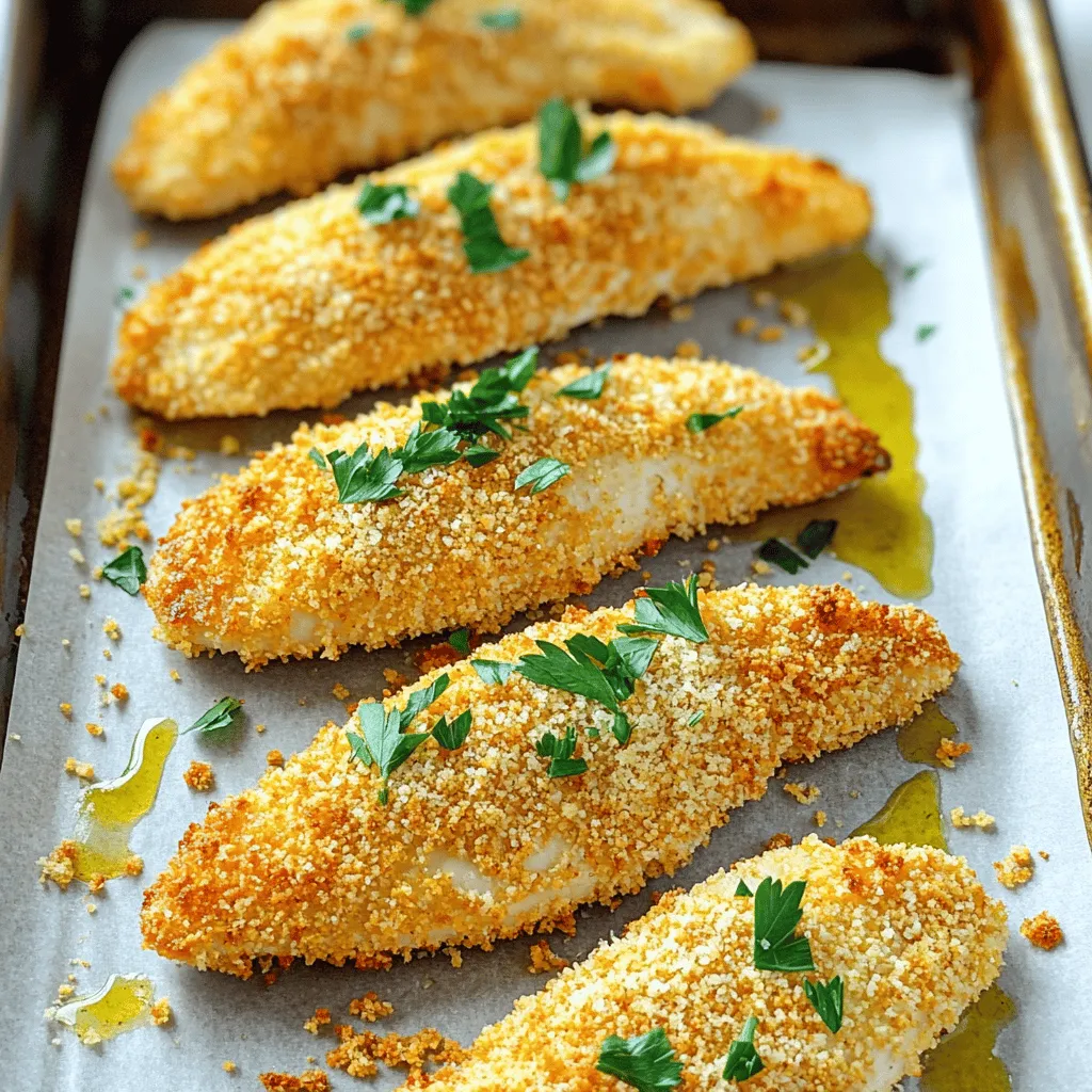 - 1 pound boneless, skinless chicken breasts - Marinade: 1 cup buttermilk - Breading elements: 1 cup panko breadcrumbs, 1/2 cup all-purpose flour - Seasonings: 1 teaspoon garlic powder, 1 teaspoon onion powder, 1 teaspoon smoked paprika, 1/2 teaspoon salt, 1/2 teaspoon black pepper, 1/4 teaspoon cayenne pepper (optional) - Cooking oil: 2 tablespoons extra virgin olive oil - Garnish: Fresh parsley, finely chopped I love using fresh, simple ingredients for my crispy baked chicken tenders. The chicken breasts are the star here. I always choose boneless and skinless for easy handling. This keeps them juicy and tender. For the marinade, I use buttermilk. It helps to make the chicken soft and adds great flavor. Soak the chicken for at least 30 minutes. You can go up to two hours for the best taste. Next comes the breading. I prefer panko breadcrumbs because they give the best crunch. The all-purpose flour helps the breadcrumbs stick. Mixing garlic powder, onion powder, smoked paprika, salt, and pepper adds a nice depth of flavor. I add cayenne pepper for those who like a bit of heat. It’s optional, but it gives a great kick. Finally, a drizzle of extra virgin olive oil helps the tenders bake to a golden brown. You can finish with fresh parsley for a pop of color. Want the full recipe? Check out the [Full Recipe]. It’s a delicious way to enjoy chicken! First, set your oven to 425°F (220°C). While it heats up, grab a baking sheet. Line it with parchment paper. This will help the chicken not stick. It also makes cleanup easy. Take a big bowl and pour in the buttermilk. Add the chicken strips. Make sure they are all covered. Cover the bowl with plastic wrap. Let it sit for at least 30 minutes. For even more flavor, you can marinate it for up to 2 hours in the fridge. In another shallow dish, mix the flour, garlic powder, onion powder, smoked paprika, salt, black pepper, and cayenne pepper. Whisk it well. In a separate bowl, place the panko breadcrumbs. This is what will give your chicken that crunchy outside. After marinating, take the chicken out of the buttermilk. Let the excess drip off. Next, coat each piece in the flour mixture. Make sure each strip is covered. Gently shake off the extra flour. For extra crunch, dip the chicken back into the buttermilk. Then, roll it in the panko breadcrumbs. Press down a bit to help the crumbs stick. Arrange the coated chicken on the lined baking sheet. Drizzle a little olive oil on top. This helps it get golden brown. Bake the chicken for 20-25 minutes. Check with a meat thermometer. It should reach 165°F (75°C). Once the chicken is baked, take it out of the oven. Let it rest for about 5 minutes. This helps keep the juices in. Finally, garnish with fresh parsley. It adds a nice touch. Serve hot with your favorite sauces. Don't forget to check the Full Recipe for all the details! For the crispiest chicken tenders, use panko breadcrumbs. Panko adds a light and airy crunch that regular breadcrumbs can't match. Their larger flakes create a wonderful texture. To take it up a notch, use the double-dipping technique. First, coat the chicken in flour, then dip it back into the buttermilk before rolling it in panko. This extra layer of breading will give you an amazing crunch. To make your chicken tenders more flavorful, add spices to the breading mix. Garlic powder, onion powder, and smoked paprika all work great. Feel free to adjust the amounts to fit your taste. You can also try different marinades. A simple mix of lemon juice and herbs can change the flavor profile entirely. Experiment with your favorites to find the perfect taste. If you want a healthier option, consider using an air fryer. It cooks the chicken tenders with less oil while still keeping them crispy. Adjust the cooking time to about 12-15 minutes at 400°F (200°C). Another great tip is to place the chicken tenders on a wire rack. This allows hot air to circulate around the tenders, leading to even cooking and a crispier finish. {{image_4}} You can easily change the flavor of your chicken tenders. Here are two fun ideas: - Lemon pepper chicken tenders: Add lemon zest and black pepper to the flour mix. This gives a bright and zesty taste that wakes up your meal. - BBQ chicken tenders: Brush the tenders with your favorite BBQ sauce before baking. This adds a sweet and tangy flavor that kids love. If you have dietary needs, you can still enjoy these tenders: - Gluten-free options: Use gluten-free breadcrumbs instead of regular. This way, everyone can enjoy the meal without any worry. - Low-carb alternatives: Swap regular flour with almond flour or coconut flour. Both options give you a nice crunch while keeping carbs low. Pair your chicken tenders with tasty sides and dips: - Suggested dipping sauces: Try ranch dressing, honey mustard, or spicy sriracha. Each adds a unique kick to your tenders. - Side dish pairings: Serve them with a fresh salad, crispy fries, or steamed veggies. These sides complete your meal and add more nutrition. For more ideas, check out the Full Recipe to explore different flavors and tips! To keep your chicken tenders fresh, store them right. First, let the cooked tenders cool. Then, place them in an airtight container. You can store them in the fridge for up to three days. If you want to keep them longer, freezing is a great option. Use containers that seal tightly. Glass or plastic containers work well. If you use plastic wrap, make sure it hugs the tenders closely. This way, they won’t dry out. When you want to enjoy your leftovers, reheating is key. The best way to keep them crispy is to use the oven. Preheat your oven to 375°F (190°C) and bake for about 10 to 15 minutes. This method makes the chicken hot and crispy again. You can also use an air fryer. Set it to 375°F (190°C) and heat for about 5 to 7 minutes. This method is quick and gives great results. You can freeze both uncooked and cooked chicken tenders. For uncooked tenders, place them on a baking sheet to freeze individually first. Once they are frozen, transfer them to a freezer bag. This keeps them from sticking together. For cooked tenders, let them cool, then store them in an airtight container. They can last up to three months in the freezer. When you are ready to eat, just reheat them as mentioned earlier. For more detailed cooking methods, check the Full Recipe. Bake chicken tenders for 20 to 25 minutes at 425°F. This time gives them a golden color and keeps them juicy. Always check their internal temperature; it should reach 165°F for safety. Yes, you can make these chicken tenders ahead of time. Prepare them fully and store them in the fridge for up to 24 hours. When you're ready to eat, just pop them in the oven to reheat. This way, you save time while still enjoying a tasty meal. If you don't have buttermilk, use regular milk with a splash of vinegar or lemon juice. Let it sit for about five minutes. This method mimics buttermilk's acidity and helps tenderize the chicken just as well. Check chicken tenders with a meat thermometer. They are done when they hit 165°F inside. If you don’t have a thermometer, cut one open. The meat should be white, not pink, and the juices should run clear. Yes, chicken thighs work well in this recipe. They are more flavorful and juicy than breasts. Just cut them into strips like you would with the chicken breasts. The cooking time may be similar, so keep an eye on them. Crispy baked chicken tenders are easy and tasty. You start with simple ingredients, like chicken, buttermilk, and spices. The steps are clear, from marinating to baking. I shared tips for extra crunch and tasty flavors. Finally, you can personalize these tenders with countless variations and sides. Whether it's for a family dinner or meal prep, these tenders will impress. Enjoy making them and exploring your options!