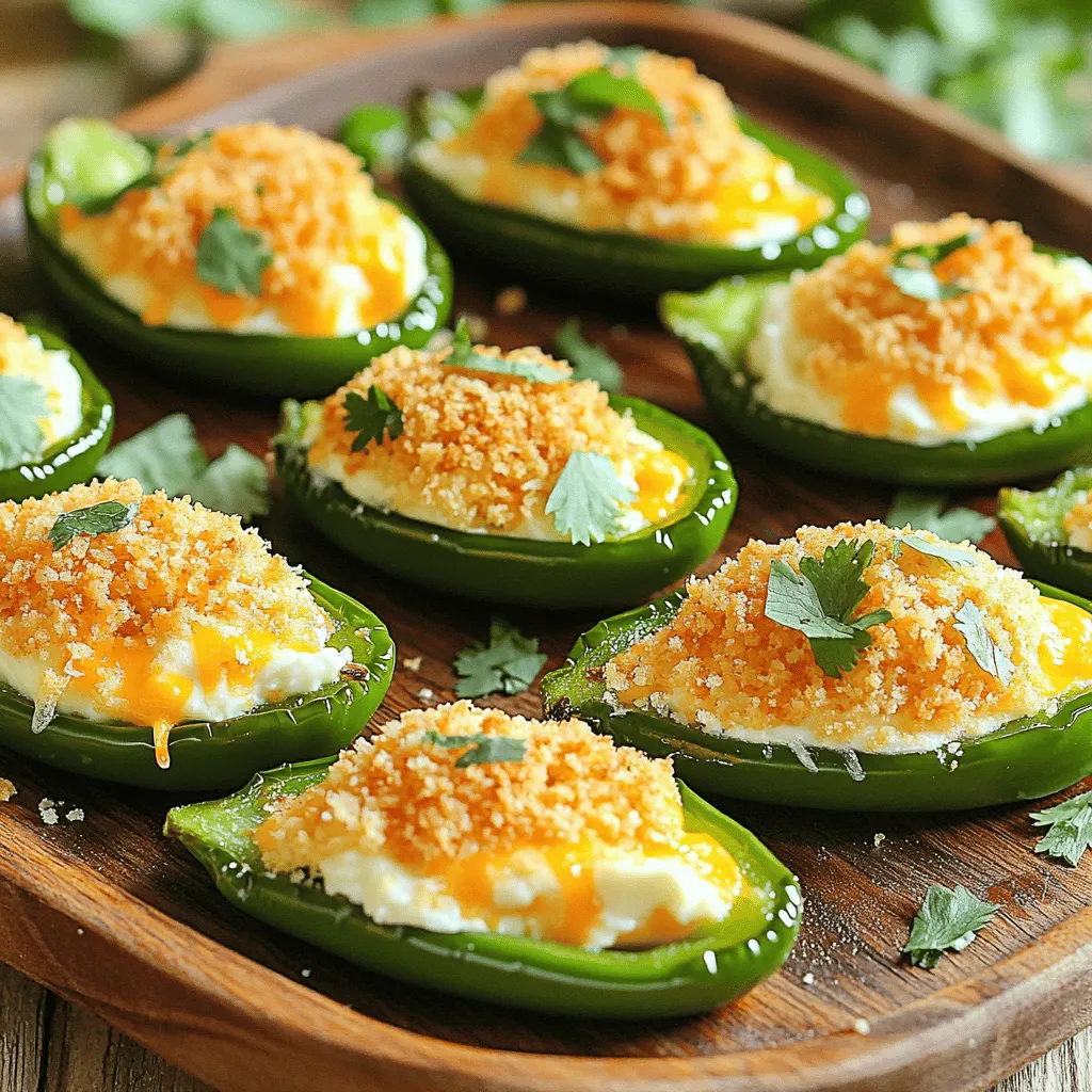 To make delicious baked jalapeño poppers, gather these ingredients: - 12 fresh jalapeño peppers - 8 oz cream cheese, softened - 1 cup shredded sharp cheddar cheese - 1/2 cup panko breadcrumbs - 2 cloves garlic, finely minced - 1 teaspoon smoked paprika - 1/2 teaspoon onion powder - 1/2 teaspoon salt - 1/4 teaspoon black pepper - 2 tablespoons finely chopped fresh cilantro (optional) - Olive oil, for drizzling When choosing jalapeños, look for bright green peppers. They should feel firm and smooth. Avoid any that are soft or have brown spots. The size matters too; smaller peppers often pack more heat. If you want a milder flavor, pick larger ones. A fresh jalapeño smells earthy and spicy. While cream cheese is a classic choice, you can try other cheeses too. For a richer taste, use a blend of cream cheese and goat cheese. If you like a stronger flavor, add pepper jack cheese. This gives your poppers a nice kick. For a creamier texture, mix in some ricotta cheese. Each cheese adds a unique twist to the dish. Use what you love! First, you need to preheat your oven. Set it to 400°F (200°C). Next, grab a baking sheet and line it with parchment paper. This helps the poppers not stick and makes cleanup easy. Now, take the jalapeños and slice each one in half lengthwise. Use a small spoon or knife to scoop out the seeds and membranes. This step is key. Removing these parts makes the poppers less spicy and more enjoyable. In a large bowl, mix together the softened cream cheese and shredded cheddar cheese. Add in minced garlic, smoked paprika, onion powder, salt, and black pepper. If you want, throw in some chopped cilantro for extra flavor. Stir well until your mixture is creamy and smooth. Now for the fun part: stuffing! Use a small spoon or a pastry bag to fill each jalapeño half with the cheese mixture. Be generous and mound the filling high. This makes every bite deliciously cheesy. In a small bowl, drizzle olive oil over panko breadcrumbs. Mix it well so every crumb is coated. This will give your poppers a crispy crust that is hard to resist. Place the stuffed jalapeños on your prepared baking sheet. Bake them in the oven for 20 to 25 minutes. Keep an eye on them. The cheese should bubble, and the breadcrumbs should turn a lovely golden brown. Once done, take them out and let them cool for a few minutes. This prevents burns when you take a bite. You can control the heat of your jalapeño poppers. If you want less spice, remove the seeds and membranes inside the peppers. This part holds most of the heat. For more spice, leave some seeds in. You can also choose milder jalapeños or substitute with banana peppers for a sweet touch. Having the right tools makes cooking easier. Here are my top picks: - Baking sheet: A sturdy one lined with parchment paper helps with cleanup. - Mixing bowl: Use a large bowl for mixing the cheese filling. - Spoon or piping bag: A small spoon or bag helps fill the peppers neatly. - Knife: A sharp knife makes slicing the jalapeños easy. - Measuring cups: Use them for accurate ingredient amounts. Serve your jalapeño poppers on a nice platter. A colorful presentation catches the eye. Consider adding garnishes like fresh cilantro or sliced limes. These add color and flavor. Pair them with a small bowl of sour cream or guacamole for dipping. It balances the heat and makes each bite special. For the full recipe, check the link provided. {{image_4}} For a tasty vegetarian twist, swap out meat for black beans. This option is both healthy and filling. Mix 1 cup of cooked black beans with your cheese filling. You can add diced tomatoes and corn for extra flavor. This mix gives a great texture and taste. These poppers will please everyone at your table. If you love heat, try adding hot sauce or red pepper flakes. Start with 1 teaspoon of hot sauce mixed into the cheese filling. For red pepper flakes, add about 1/2 teaspoon. Adjust the amount based on your spice level. This extra kick will make your poppers stand out. Your friends will love the added heat! For a low-carb option, use cauliflower or almond flour instead of breadcrumbs. For the cauliflower, pulse it in a food processor to create a fine texture. Mix it with melted butter and seasonings. If you choose almond flour, combine it with olive oil and spices. Both options will give a nice crunchy topping while cutting down on carbs. Enjoy a guilt-free snack without losing flavor! After enjoying your baked jalapeño poppers, you may have some left. To store them, let the poppers cool completely. Place them in an airtight container. They can last in the fridge for up to four days. If you want to keep them longer, consider freezing. When you are ready to enjoy your leftovers, reheating them right is key. Preheat your oven to 350°F (175°C). Place the poppers on a baking sheet. Heat them for about 10-15 minutes. This method helps keep them crispy while warming the cheese inside. Avoid using the microwave, as it can make them soggy. If you want to save your jalapeño poppers for later, freezing works great. First, let them cool completely. Then, place them on a baking sheet in a single layer. Freeze them for about one hour. Once frozen, transfer them to a freezer bag or container. They can last up to three months in the freezer. When you're ready to cook them, bake them straight from frozen. Just add a few extra minutes to the cooking time. You can find the full recipe to get started on these tasty treats again! Yes, you can prepare jalapeño poppers ahead of time. Just stuff the peppers and store them in the fridge. Cover them with plastic wrap to keep them fresh. Bake them when you're ready to eat. This way, you save time and still enjoy a warm snack. If you need a substitute for cream cheese, try using Greek yogurt or sour cream. Both options add creaminess. You can also use ricotta cheese for a different flavor. Each choice gives a unique taste to your jalapeño poppers. Baked jalapeño poppers can last about 3 to 5 days in the fridge. Store them in an airtight container. Make sure they cool completely before placing them in the fridge. This keeps them fresh and tasty for later snacking. Serve jalapeño poppers on a nice platter. You can add a dip like sour cream or guacamole. Fresh cilantro on top adds a pop of color. This makes for a fun and tasty presentation that impresses your guests. You can find the full recipe for baked jalapeño poppers in the section above. It covers all the steps and ingredients needed for this delicious treat. Follow it closely for great results every time! You now have all you need to make tasty baked jalapeño poppers. We covered ingredients, step-by-step instructions, and helpful tips. You learned how to adjust the spice and explore fun variations. Storing and reheating your jalapeño poppers is easy, too. Remember, the right cheese and fresh jalapeños make a big difference. Try your own twist on the recipe, and share it with friends. Enjoy every bite of these delicious snacks!