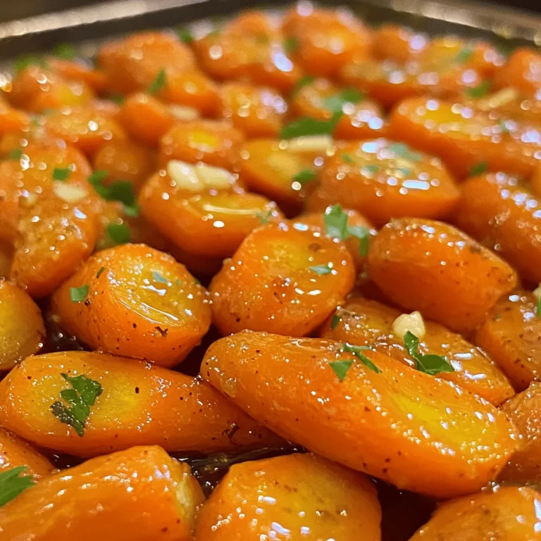 - 1 lb baby carrots or 4 large carrots - 3 tablespoons honey - 2 tablespoons extra virgin olive oil - 4 cloves garlic, finely minced - 1 teaspoon fresh thyme leaves or ½ teaspoon dried thyme - Sea salt and freshly ground black pepper To make honey garlic roasted carrots, you need fresh carrots as the main ingredient. I like using baby carrots because they are sweet and tender. If you prefer, you can use large carrots. Just peel and cut them into sticks. Honey adds a lovely sweetness, while olive oil helps the carrots roast nicely. Garlic gives a great savory taste that pairs well with the honey. Thyme brings in a fresh, herbal note that makes this dish special. Don't forget the sea salt and pepper! They help bring out all the flavors. - Freshly chopped parsley - Additional herbs for flavor variations For garnish, freshly chopped parsley adds color and a fresh taste. You can also use other herbs if you like, such as rosemary or dill. They can change the flavor and make the dish even more exciting. Using these simple ingredients, you can create a dish that is both sweet and savory. This recipe is not only easy but also fun to make. You can find the full recipe with detailed steps to guide you through the cooking process. 1. Preheat your oven to 425°F (220°C). This step is key for great roasting. 2. In a bowl, whisk together: - 3 tablespoons honey - 2 tablespoons extra virgin olive oil - 4 cloves garlic, finely minced - 1 teaspoon fresh thyme leaves (or ½ teaspoon dried thyme) - Sea salt and freshly ground black pepper This mix will be the tasty marinade for your carrots. 1. Toss the baby carrots (or carrot sticks) in the marinade. Make sure they are well-coated. 2. Line a baking sheet with parchment paper for easy cleanup. 3. Spread the carrots in a single layer on the sheet. This helps them cook evenly. 4. Roast them in the preheated oven for 25-30 minutes. Halfway through, turn them with tongs. This gives them a nice brown color. 1. After roasting, let the carrots cool for a few minutes. This helps the flavors mix. 2. If you want, sprinkle freshly chopped parsley on top. It adds a nice touch. For the full recipe, check out the section above. Enjoy your sweet and savory honey garlic roasted carrots! To get the best roasted carrots, space them out on the baking sheet. This helps them cook evenly. If they are too close, they will steam instead of roast. Aim to keep some room between each carrot. For the oven, set it to 425°F (220°C). Roast the carrots for about 25 to 30 minutes. Turn them halfway through for even browning. You can switch up the honey if you want. Maple syrup or agave nectar works great too. Fresh herbs like rosemary or dill can add a new twist. If you want a different taste, try adding more garlic or a pinch of chili flakes. Adjust the salt and pepper to fit your taste. Don't be afraid to experiment with the flavors. Serve the carrots on a nice platter. Drizzle any leftover marinade over them for more flavor. You can pair these carrots with grilled chicken or fish. They also go well with rice or quinoa. For a special touch, add some extra thyme leaves on top. This makes the dish look beautiful and inviting. {{image_4}} You can use more than just baby carrots. Rainbow carrots add color and fun to your dish. They come in bright hues like purple, yellow, and orange. Each type has its own flavor, making your dish even more exciting. If you have larger carrots, just cut them into sticks. This way, they roast evenly, just like smaller ones. Want to spice things up? Try adding a dash of cinnamon or cumin for warmth. These spices give a unique twist to the sweet and savory blend. You could also add a splash of citrus juice. Orange or lemon juice can brighten the flavor. If you want more sweetness, consider maple syrup or agave nectar. These alternatives work well with the honey. If you follow a vegan diet, you can replace honey. Try using maple syrup or agave syrup instead. Both options keep the sweet taste. For gluten-free cooks, this recipe is already safe! Just ensure all your ingredients are gluten-free. This way, everyone can enjoy the dish without worry. To store your honey garlic roasted carrots, keep them in the fridge. Place them in an airtight container. This helps maintain their flavor and texture. For best results, use a glass or plastic container with a tight lid. If you have a lot, divide them into smaller portions. This makes it easier to grab a quick snack or side dish later. To reheat your carrots, aim to restore their original flavor. The oven is the best method. Preheat it to 350°F (175°C). Place the carrots on a baking sheet. Cover them with foil to keep moisture in. Heat for about 10-15 minutes, or until they are warm. If you’re in a hurry, you can use the microwave. Place the carrots in a microwave-safe dish. Add a splash of water to keep them moist. Cover the dish and heat in short bursts. Start with 1 minute, then check and stir. Repeat until heated through. These methods help keep the carrots tender and delicious. Enjoy the sweet and savory flavors again! You can make Honey Garlic Roasted Carrots easily! For a full guide, check the Full Recipe. Yes, you can use frozen carrots! Just remember to adjust the cooking time. Frozen carrots may take a bit longer to roast. Check for tenderness before serving. Honey Garlic Roasted Carrots are great with many dishes! Here are a few ideas: - Grilled chicken - Roasted pork loin - Beef stew - Quinoa salad - Creamy mashed potatoes These pairings will enhance your meal and make it even more delicious! Honey garlic roasted carrots are simple, tasty, and healthy. You learned about the key ingredients, useful tips, and various ways to enjoy this dish. Adjust the flavors and try different herbs or carrots for fun. Remember, these carrots pair well with many meals. Keep leftovers fresh and know how to reheat them correctly. Now, you have all the tools to make these delicious carrots a regular part of your cooking routine. Enjoy the process and savor every bite!