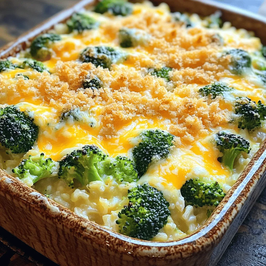 To create a delicious Cheesy Broccoli Rice Casserole, you need a mix of creamy, cheesy, and fresh ingredients. Here’s what you will need: - 2 cups cooked jasmine rice - 3 cups fresh broccoli florets - 1 ½ cups shredded sharp cheddar cheese, divided - ½ cup cream cheese, softened to room temperature - 1 cup sour cream - 1 cup vegetable broth - 1 cup shredded mozzarella cheese - 1 teaspoon garlic powder - 1 teaspoon onion powder - ½ teaspoon black pepper - ½ teaspoon salt - ½ cup bread crumbs (optional, for a crunchy topping) - 2 tablespoons olive oil (if using bread crumbs) These ingredients blend together to form a tasty casserole. The fresh broccoli adds a pop of color and nutrients. The cheeses ensure a rich and creamy texture that everyone loves. Using jasmine rice gives a soft base to hold everything together. If you like some crunch, consider adding bread crumbs on top. For the complete recipe and detailed steps to make this comforting dish, check the Full Recipe. 1. Preheat the oven to 350°F (175°C). This step is key for even cooking. 2. Bring a large pot of water to a boil. Blanch the broccoli florets for 2-3 minutes. This makes them bright green and slightly tender. Drain the broccoli and set it aside. 1. In a large mixing bowl, combine the cooked jasmine rice, softened cream cheese, sour cream, garlic powder, onion powder, black pepper, and salt. Mix these well until the mixture is creamy. 2. Gently fold in the blanched broccoli and half of the shredded sharp cheddar cheese. This adds a rich, cheesy flavor to your dish. 3. Gradually pour in the vegetable broth while stirring. This keeps the casserole moist without making it watery. 1. Pour the mixture into a greased 9x13-inch baking dish, spreading it evenly. 2. Sprinkle the remaining sharp cheddar cheese and the mozzarella cheese on top. This will melt into a delicious layer. 3. If you want a crunchy topping, mix the bread crumbs with olive oil in a small bowl. Then, sprinkle this mix over the cheese layer. 4. Bake the casserole in the preheated oven for 25-30 minutes. Watch for the cheese to get bubbly and golden brown on top. You can find the full recipe for Cheesy Broccoli Rice Casserole for more details! To get the best cheese melt, use a mix of cheeses. I love sharp cheddar and mozzarella. Sharp cheddar gives a strong flavor, while mozzarella adds creaminess. Layer them well on top for that gooey finish. For vibrant broccoli, blanch it first. Boil water and add the florets for just 2-3 minutes. This keeps the green color bright and the texture crisp. Quickly drain and cool them in ice water to stop cooking. For a great presentation, serve the casserole warm from the dish. Garnish with fresh parsley for a pop of color. This adds freshness and looks nice. Pair it with a simple green salad or crusty bread for balance. Timing is key for perfect texture. Bake the casserole for 25-30 minutes. Look for bubbling cheese and a golden top. This shows it’s ready. Adjust the seasoning to your taste. Before baking, taste the creamy mixture. Add more salt or pepper if needed. This way, you ensure every bite is full of flavor. For the full recipe, check out the details in the earlier section. {{image_4}} You can change the cheese for different tastes. Try using gouda for a smoky flavor. Or go with pepper jack for a spicy kick. If you want a lighter dish, use a mix of mozzarella and parmesan. You can also swap jasmine rice for brown rice or quinoa. Both options add fiber and make the dish more filling. You can make this dish healthier by using low-fat cream cheese and sour cream. This keeps the creaminess but cuts some calories. Adding more veggies is a great way to boost nutrition. Carrots, bell peppers, or spinach taste good in this casserole. You can even add some chopped kale for extra health benefits. To spice things up, try adding herbs like thyme or rosemary. These herbs bring a fresh taste to the dish. You can also mix in proteins like cooked chicken or turkey. This adds more flavor and makes it heartier. If you love a bit of heat, toss in some red pepper flakes for a fun twist. For the full recipe, check out the main article. To keep your Cheesy Broccoli Rice Casserole fresh, store it in an airtight container. This will prevent it from drying out. Place it in the fridge within two hours of cooling. Make sure it is fully cooled before sealing. If you want to keep it longer, you can freeze it. For freezing, wrap the casserole tightly in plastic wrap, then in foil. This helps avoid freezer burn. You can freeze it for up to three months. When it's time to enjoy your casserole again, use the oven for reheating. Preheat it to 350°F (175°C). Place the casserole in a baking dish and cover it with foil. This keeps the moisture in. Heat for about 20-25 minutes or until warm. To ensure the cheese stays gooey, remove the foil during the last 5-10 minutes of heating. This will help the cheese melt nicely without getting hard. In the fridge, your casserole lasts about three to four days. Always check for signs of spoilage before eating. Look for changes in smell, color, or texture. If it smells off or has mold, throw it out. Always trust your senses; if it doesn't look or smell right, it's best to discard it. Yes, you can make this casserole ahead. Just prepare it up to the baking step. Cover it well and store it in the fridge. When you're ready to bake, take it out and let it sit for about 30 minutes. This helps it bake evenly. You may need to add a few extra minutes to the baking time. Look for a few signs to know it’s done. The cheese should be melted and bubbly. You want a light golden brown on top. You can also check the center with a knife. If it comes out hot, it’s ready. Yes, you can use frozen broccoli. It’s easy and quick. Just thaw and drain it well before adding. Frozen broccoli may release more water than fresh. This can make the casserole a bit soggy. Fresh broccoli keeps the dish bright and crunchy. If you need a substitute for sour cream, try plain yogurt. It has a similar taste and texture. Cream cheese can work too, but it may make the dish thicker. You can also use cottage cheese for a lower-fat option. Yes, this recipe can be made gluten-free. Just check the labels on your broth and cheese. Some brands add gluten to their products. Use gluten-free bread crumbs if you want a crunchy top. This will ensure everyone can enjoy your casserole without worry. For the full recipe, refer to the details shared above. This blog post covered a cheesy broccoli rice casserole recipe, with easy steps and tips. You learned about the key ingredients, baking instructions, and variations to suit your taste. Remember to store leftovers properly and reheat them for best results. With a bit of creativity and care, this dish can please everyone. Enjoy cooking and sharing it with family and friends!
