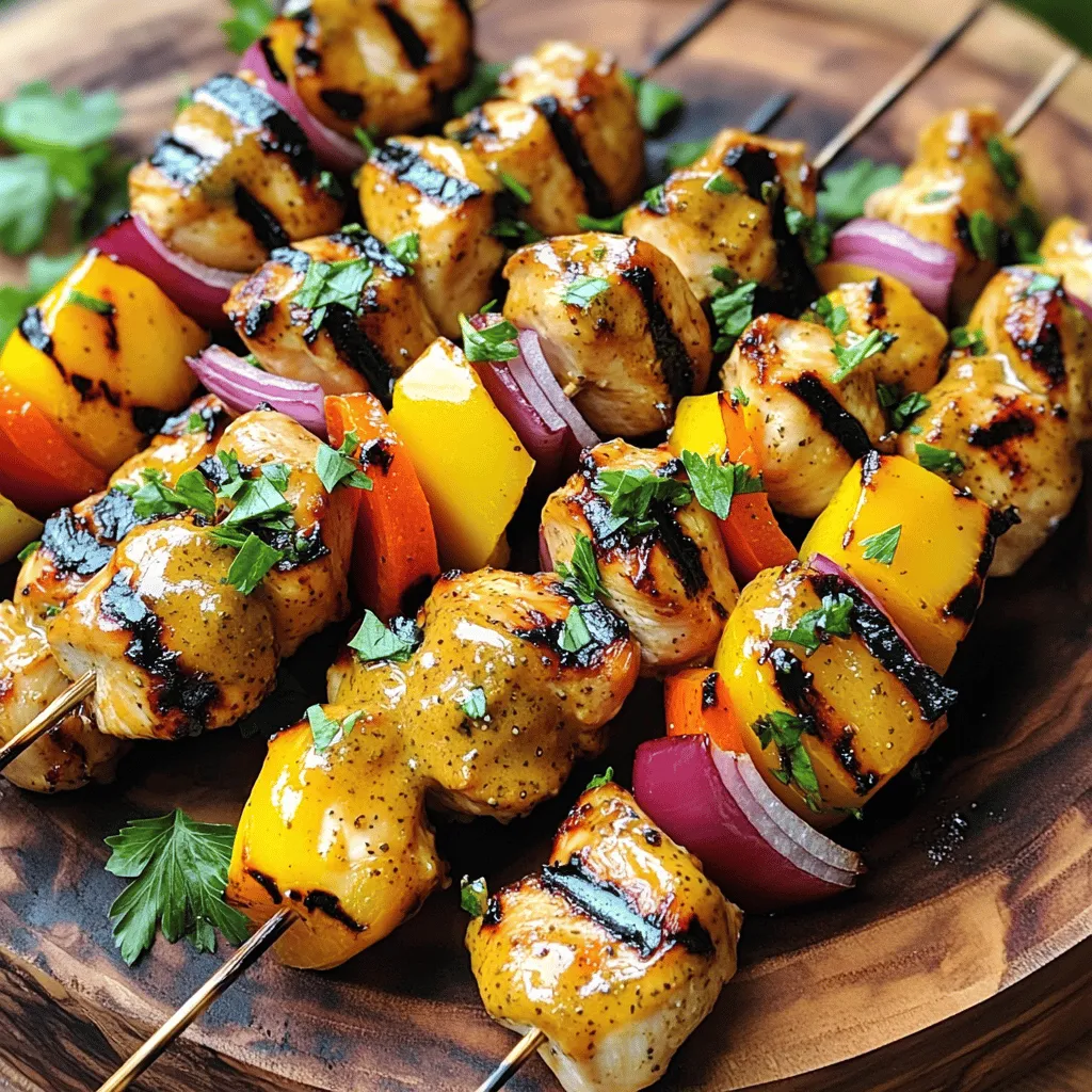 To make honey mustard chicken skewers, you need a few key items. Here’s a list of the main ingredients: - 1 lb chicken breast, cut into 1-inch cubes - 1 bell pepper (any color), cut into 1-inch pieces - 1 red onion, cut into 1-inch pieces - Wooden or metal skewers (if using wooden skewers, soak them in water for 30 minutes to prevent burning) The marinade adds flavor and tenderness to the chicken. Here are the marinade components: - 1/4 cup honey - 1/4 cup Dijon mustard - 1 tablespoon olive oil - 2 cloves garlic, minced - 1 teaspoon smoked paprika - Salt and freshly ground black pepper to taste Mix these items well to create a delicious blend. The honey and mustard bring a sweet and tangy taste. The garlic and smoked paprika add depth and warmth. Garnishes can make your dish look even better. Here are some optional garnishes to consider: - Fresh parsley - Fresh cilantro - A small bowl of warmed leftover honey mustard marinade for dipping These simple touches can really enhance your plate. They add color and extra flavor. For the full recipe, check out the complete guide on honey mustard chicken skewers. To make the marinade, start with a large bowl. Add 1/4 cup of honey and 1/4 cup of Dijon mustard. Then, pour in 1 tablespoon of olive oil. Next, add 2 cloves of minced garlic and 1 teaspoon of smoked paprika. Finish with salt and pepper to taste. Whisk everything until it is smooth. This marinade gives the chicken a sweet and tangy flavor that makes it shine. Cut 1 pound of chicken breast into 1-inch cubes. Place these cubes into the marinade. Make sure each piece is coated well. Cover the bowl with plastic wrap. Let it sit in the fridge for at least 30 minutes. If you have more time, marinate it for up to 2 hours. This step is key to infusing the chicken with flavor. First, preheat your grill or grill pan to medium-high heat. While it heats, take the marinated chicken from the fridge. Start threading the chicken onto skewers. Alternate between chicken, bell pepper, and red onion pieces. This not only adds flavor but also makes the skewers look beautiful. When the grill is hot, place the skewers on it. Cook for 10-12 minutes, turning them often for even cooking. The chicken is done when it hits 165°F. Let the skewers rest for a few minutes after grilling. This step keeps the chicken juicy. For the full recipe, check the details above. Grilling at the right heat is key. Aim for medium-high heat, around 375°F to 450°F. This range helps the chicken cook evenly and develop nice grill marks. If your grill is too hot, the outside may burn before the inside cooks through. If it's too cool, the chicken will turn dry. Use a grill thermometer to find that sweet spot. To keep your chicken juicy, marinate it well. Use a mix of honey, Dijon mustard, and olive oil. This adds flavor and moisture. Let the chicken marinate for at least 30 minutes, but 2 hours is even better. Make sure the chicken pieces are similar in size. This helps them cook evenly and stay tender. If you use wooden skewers, soak them in water for 30 minutes before grilling. This step prevents them from burning on the grill. It’s a simple trick that makes a big difference. Just fill a bowl with water and place the skewers inside. This helps them stay strong while cooking. For a fun twist, you can add herbs or spices to the soaking water for extra flavor. For the full recipe, check out the Honey Mustard Chicken Skewers section. {{image_4}} You can swap chicken for other proteins. Try shrimp, pork, or beef. Each option brings a new taste. For shrimp, use large ones. They cook fast and soak up flavors. For pork, choose tender cuts like loin. Beef works well too; just slice it thin. Adjust cooking times to ensure they are safe to eat. You can make this dish vegetarian or vegan too. For vegetarians, use firm tofu or tempeh. Cut them into cubes and marinate just like chicken. For vegans, use the same marinade. Pair with colorful veggies like zucchini or mushrooms. Grilling these adds great flavor. You can also try halloumi cheese for a tasty twist. Want to change the flavor? Add spices or citrus to the marinade. Try cayenne pepper for heat. Lemon juice or zest can add brightness. You can even mix in herbs like thyme or rosemary. These simple changes can give you a whole new dish. Explore different combinations to find your favorite! For the full recipe, check out the Honey Mustard Chicken Skewers section above. After you enjoy your honey mustard chicken skewers, store any leftovers in a sealed container. They stay tasty for up to three days in the fridge. Make sure they cool down first. This way, you avoid steam and sogginess. To reheat, place the skewers on a baking sheet. Preheat your oven to 350°F. Heat them for about 10-15 minutes, or until warm. You can also use a microwave, but the oven keeps them crispier. If you want, brush a little olive oil on them before reheating for extra flavor. You can freeze these skewers too! Wrap them tightly in plastic wrap, then place them in a freezer bag. They can last up to three months in the freezer. When you're ready to use them, thaw them overnight in the fridge. Then, reheat them as mentioned above. Enjoy the full recipe anytime! You should marinate the chicken for at least 30 minutes. This allows the flavors to soak in. For even better taste, try marinating for up to 2 hours. The longer you marinate, the more flavor your chicken will have. Just be sure not to go over 2 hours, as the texture can change. Yes, you can use store-bought honey mustard. It saves time and still tastes great. Just pick a brand you like. If you want to enhance the flavor, you can mix in a bit of olive oil or garlic. This gives it a fresh twist and makes it more unique. You can serve many sides with honey mustard chicken skewers. Some great options are: - Grilled vegetables like zucchini and corn - Rice or quinoa for a filling side - Fresh salad with greens and a light dressing - A warm pita or flatbread These sides complement the skewers and make your meal more balanced and tasty. For more ideas, check out the Full Recipe. In this guide, we covered how to make honey mustard chicken skewers step-by-step. I shared essential ingredients, marinade tips, and grilling secrets. I also offered ideas for variations and storage tips to enjoy later. Remember, making these skewers is fun and flexible. You can adjust flavors or try different proteins. With practice, you'll create a dish that's sure to impress. Enjoy every bite of your tasty creation!