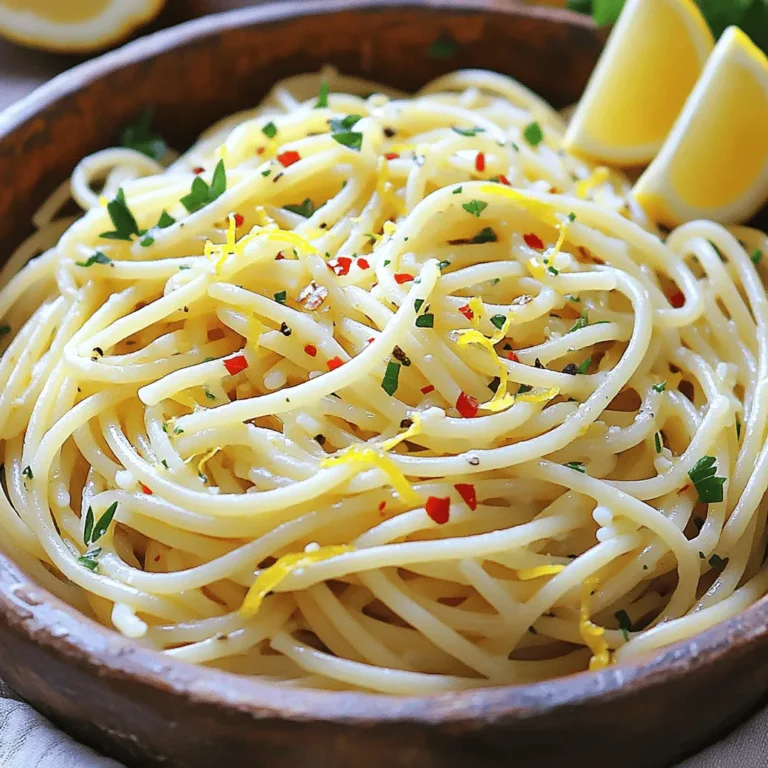 To make a great Spaghetti Aglio e Olio, you need a few key items: - 400g spaghetti - 5 cloves garlic, thinly sliced - 1/2 cup extra virgin olive oil - 1/2 teaspoon red pepper flakes - Zest of 1 lemon - Juice of 1 lemon - 1/2 cup fresh parsley, finely chopped - Salt, to taste - Freshly grated Parmesan cheese (optional) These ingredients create a simple yet tasty dish. The garlic and olive oil bring richness, while the red pepper adds a kick. You can elevate your dish with these extras: - Fresh basil for a sweet touch - Capers for a briny flavor - Cherry tomatoes, halved for sweetness - Anchovies for umami depth These optional ingredients can give your meal a unique twist. Feel free to mix and match based on what you have. Using fresh ingredients makes a big difference. Here are some tips: - Choose firm, bright garlic. Avoid any sprouted or soft cloves. - Use high-quality olive oil for the best taste. - Pick parsley that looks vibrant and smells fresh. Always wash your produce before use. Freshness shines in every bite and boosts the flavor of your dish. For the complete recipe, check the Full Recipe section. To start, bring a large pot of salted water to a boil. The salt adds flavor to the pasta. When the water is boiling, add 400g of spaghetti. Cook it according to the package instructions. I like it al dente, which means it’s firm but not hard. Before you drain the spaghetti, reserve 1 cup of the pasta water. This water will help with the sauce. After that, drain the spaghetti in a colander. Next, take a large skillet and pour in 1/2 cup of extra virgin olive oil. Heat it over medium heat. Once the oil is warm, add 5 cloves of thinly sliced garlic. Sauté the garlic for about 2 minutes. Watch it closely; you want it golden brown, not burnt. Burnt garlic will make your dish taste bitter. Stir frequently to keep it from burning. Now it’s time to add flavor! When the garlic is golden, sprinkle in 1/2 teaspoon of red pepper flakes. Stir for another 30 seconds. This step helps the oil soak up the spicy flavor. Then, carefully add the drained spaghetti into the skillet. Use tongs or a spatula to toss the pasta with the garlic oil. If the pasta seems dry, add some reserved pasta water, a little at a time. This will make it silky and smooth. Finally, squeeze in the juice of 1 lemon and add the zest. Toss in 1/2 cup of chopped fresh parsley. Mix it all well, and taste. Add salt if you need more flavor. For the full recipe, refer to the section above. Enjoy your meal! When making Spaghetti Aglio e Olio, many people rush the cooking. Don’t let the garlic burn; it can ruin the dish. Keep a close eye on it. Also, avoid adding too much salt too soon. Taste as you go, and adjust later. Use high-quality extra virgin olive oil for the best flavor. Fresh garlic makes a big difference too. Always choose fresh parsley instead of dried. The zest of lemon brightens the dish, so don't skip it. This adds that authentic Italian touch. Cook your spaghetti until it is al dente. This means firm to the bite. Reserve some pasta water before draining. This starchy water helps bind the sauce and pasta. Toss the spaghetti quickly in the garlic oil for a silky finish. For the best results, serve it right away. You can find the Full Recipe linked above. {{image_4}} Want to add some zing? Lemon zest and juice brighten the dish. The zest adds freshness. It makes the garlic flavor pop. Trust me, this simple twist transforms the meal. You can adjust the heat too. If you love spice, add more red pepper flakes. The balance of flavors is key. This zesty version keeps the original charm. Craving protein? Shrimp, chicken, or tofu works well. For shrimp, sauté them in the garlic oil. Cook until they turn pink and firm. Toss them with the pasta for a hearty dish. For chicken, grill or pan-fry it first. Slice it into bite-sized pieces. Mix it in after combining the spaghetti and oil. Tofu is a great plant-based option. Use firm tofu, cut into cubes. Sauté until golden before adding it to the pasta. It soaks up the flavors beautifully. Going vegan? It’s easy! Skip the Parmesan cheese, or use a vegan alternative. You can also replace the olive oil with avocado oil. This keeps the taste light and fresh. Try adding veggies for extra nutrition. Spinach, cherry tomatoes, or bell peppers work well. Sauté them with the garlic for a colorful dish. Don't forget to check out the Full Recipe for more ideas! To keep your spaghetti fresh, place it in an airtight container. Make sure the pasta cools to room temperature first. This helps prevent condensation. Store it in the fridge for up to three days. When you’re ready to eat, reheat your spaghetti gently. Use a skillet over low heat. Add a splash of olive oil or some reserved pasta water. This keeps the pasta moist and tasty. Stir well to combine the flavors again. You can also freeze leftover spaghetti Aglio e Olio. Divide it into portions and place them in freezer-safe bags. Remove as much air as you can. It will keep for up to three months. To defrost, place it in the fridge overnight before reheating. Enjoy your meal any time with this easy meal prep option! For the full recipe, check out the details above. Spaghetti Aglio e Olio is a simple Italian dish. It features spaghetti, garlic, and olive oil. You can make it in under 20 minutes! This dish is flavorful and comforting. The garlic infuses the oil, creating a rich sauce. Red pepper flakes add a bit of heat. Fresh parsley and lemon zest brighten the meal. It’s a perfect choice for a quick dinner. You can skip the garlic, but it changes the flavor a lot. Garlic gives this dish its unique taste. Without it, the dish may taste bland. If you’re allergic to garlic, try using shallots instead. Shallots will add a mild onion flavor. They won’t give the same punch, but they work well. To change the spiciness, adjust the red pepper flakes. For a mild dish, use less than half a teaspoon. If you love heat, add more flakes. You can also use fresh chili peppers. Slice them thin and add them to the oil. Taste as you go; you can always add more spice! Spaghetti Aglio e Olio is simple yet packed with flavor. You learned about key ingredients and tips for cooking. I shared ways to enhance its taste and texture. Plus, I covered helpful storage methods and answered common questions. Cooking this dish allows for many twists and variations. Keep experimenting with flavors that you love. Enjoy making Spaghetti Aglio e Olio your way!