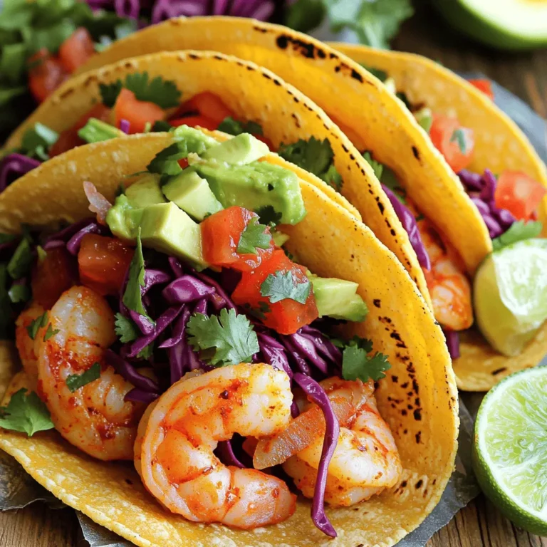 - 1 pound fresh shrimp, peeled and deveined - 1 tablespoon extra virgin olive oil - 1 teaspoon chili powder - 1 teaspoon ground cumin - 1 clove garlic, finely minced - Juice of 1 lime - 1/2 teaspoon sea salt - 1/4 teaspoon freshly ground black pepper The main ingredients create the base of your dish. Fresh shrimp gives a sweet and juicy taste. Olive oil adds richness and helps with cooking. The spices and seasonings bring the zing. Chili powder and cumin mix well for flavor. Garlic adds depth, while lime juice brightens the dish. - 8 small corn tortillas - 1 cup finely shredded red cabbage - 1/2 cup ripe tomatoes, diced - 1 ripe avocado, sliced into thin wedges - Fresh cilantro leaves, chopped For the tacos, corn tortillas are perfect. They hold all the goodness inside. Red cabbage gives a nice crunch. Diced tomatoes add a fresh touch. Avocado brings creaminess, balancing the flavors. Cilantro adds a bright note, making each bite special. - Lime wedges - Salsa Garnishes add fun and flavor. Squeeze fresh lime over the tacos for more zest. Salsa can give extra taste and a little heat. These choices let you customize each taco just how you like it. You can find the full recipe for Zesty Shrimp Tacos, and enjoy cooking! To start, I prepare the marinade. In a medium bowl, I combine fresh shrimp with olive oil, chili powder, cumin, minced garlic, lime juice, sea salt, and black pepper. I mix everything well so the shrimp get coated evenly. This step is crucial for flavor. I let the shrimp marinate for about 15 minutes. This time allows the flavors to blend and makes the shrimp taste amazing. Next, I heat a non-stick skillet over medium-high heat. Once it's hot, I add the marinated shrimp in a single layer. I make sure not to crowd the pan. I cook the shrimp for about 2-3 minutes on each side. They turn pink and opaque when done. Once cooked, I remove them from the heat and set them aside. While the shrimp cook, I warm the corn tortillas. I have two methods. First, I can use a pan. I heat it over low heat for about 30 seconds on each side. This keeps them soft. The second way is to use the microwave. I place the tortillas on a plate, cover them with a damp paper towel, and microwave them for 15-20 seconds. Soft tortillas are key for great tacos. Now it’s time to assemble the tacos. I take each warm tortilla and place 3-4 shrimp pieces on it. I ensure each taco has enough filling. Then, I top the shrimp with shredded red cabbage, diced tomatoes, and avocado slices. This layering makes each bite full of flavor. For the finishing touch, I sprinkle fresh cilantro leaves on top. If I want, I can add a squeeze of lime juice for extra zest. For the full recipe, check out the detailed instructions. To avoid overcooking shrimp, watch the clock closely. Cook them for only 2-3 minutes per side. Shrimp cooks fast and can turn rubbery if you leave them too long. Look for signs of perfectly cooked shrimp: they should be pink and opaque. The texture should be firm but not tough. Adding extra spices can boost the taste of your shrimp. Try cayenne for heat or smoked paprika for a deeper flavor. Pair your tacos with sauces like spicy crema or zesty salsa. These add layers of flavor and make each bite exciting. When serving, make your tacos look appealing. Use a colorful platter to catch the eye. Arrange lime wedges around the tacos for a bright touch. For gatherings, consider serving with a small bowl of extra toppings. Diced tomatoes or fresh salsa can be fun for guests to add themselves. {{image_4}} You can switch up the protein in your tacos for different tastes. Fish like salmon or tilapia works great instead of shrimp. Just follow the same marinade and cooking steps. Chicken is another option. Use diced chicken breast and cook it until golden. If you want a vegetarian version, try grilled portobello mushrooms or spicy tofu. Both options soak up flavors well and add a hearty bite. Experimenting with marinades can add fun twists to your tacos. Try a mango lime marinade for a sweet and tangy kick. A chipotle marinade gives a smoky, spicy flavor. You can also mix herbs like oregano and basil for a fresh taste. For toppings, get creative! Add sliced radishes for crunch or pickled onions for tang. Feta cheese can also lend a creamy touch. Each of these will make your tacos unique and exciting. To make your meal more complete, serve your tacos with side dishes. Black beans or corn salad pair well. A light cucumber salad can also balance the spice. If you have leftovers, use them in new ways. Toss shrimp in a salad or mix with rice for a bowl. You can also make a shrimp quesadilla using the tortillas left over. There are many ways to enjoy what you have! For the full recipe, check out the [Full Recipe]. To keep leftover shrimp fresh, store them in an airtight container. Make sure to refrigerate them right away. Shrimp can stay good in the fridge for up to three days. If you wait longer, they may spoil. Always check for any bad smell before using leftovers. To keep tortillas fresh, wrap them tightly in foil or plastic wrap. You can also place them in a resealable bag. Store them in the fridge for up to a week. For toppings like avocado and cabbage, use airtight containers. Avocado can turn brown quickly, so add lime juice to slow down this process. Cabbage stays fresh for about five days when stored properly. Yes, you can freeze cooked shrimp. Place them in a single layer on a baking sheet. Once frozen, transfer them to a freezer-safe bag. They can last for up to three months in the freezer. For raw shrimp, store them in a freezer-safe bag with as much air removed as possible. They can also last for up to three months. Always label your bags with the date for easy tracking. You should marinate shrimp for about 15 minutes. This short time lets the flavors soak in. The lime juice adds a nice tang, while the spices enhance the taste. Don't go too long, or the shrimp can become tough. Yes, you can prep some parts in advance. You can marinate the shrimp and store it in the fridge for a few hours. Just cook it when you’re ready. You can also chop veggies early and keep them in airtight containers. If you have shrimp allergies, try chicken or fish. Thinly sliced chicken breast works well. You can also use tofu or tempeh for a plant-based option. Just keep the marinade the same for great flavor. To spice up your tacos, add jalapeños or hot sauce. You can mix in cayenne pepper or chipotle powder with the marinade. Another idea is to top with a spicy salsa. These tweaks will give your tacos an extra kick. For the full recipe, check out the Full Recipe section. In summary, this guide covered how to make zesty shrimp tacos from start to finish. We discussed key ingredients, step-by-step instructions, useful tips, and delicious variations. You learned how to marinate shrimp perfectly, warm tortillas, and assemble the tacos for the best flavor. Remember, customizing your tacos keeps things fresh and fun. Enjoy experimenting with different ingredients and flavors. These tacos can make every meal feel special. Dive in, and happy cooking!