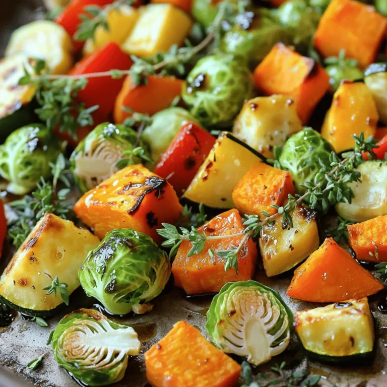 To make honey balsamic roasted vegetables, you need these fresh veggies: - 2 cups Brussels sprouts, halved - 1 medium sweet potato, peeled and diced into 1-inch cubes - 1 red bell pepper, chopped into bite-sized pieces - 1 zucchini, sliced into ½-inch rounds - 1 red onion, cut into wedges These simple pantry items add flavor to the dish: - 3 tablespoons extra virgin olive oil - 3 tablespoons balsamic vinegar - 2 tablespoons honey - 1 teaspoon garlic powder - Salt and freshly ground black pepper, to taste Garnishes make your dish look and taste better: - Fresh thyme or parsley, chopped for garnish You can find the full recipe in the earlier section. Enjoy creating this tasty side dish! Start by preheating your oven to 425°F (220°C). This high heat helps the veggies caramelize. Preheating is key for even cooking. In a large bowl, add: - 2 cups Brussels sprouts, halved - 1 medium sweet potato, peeled and diced into 1-inch cubes - 1 red bell pepper, chopped into bite-sized pieces - 1 zucchini, sliced into ½-inch rounds - 1 red onion, cut into wedges Gently toss the vegetables together. This step mixes the flavors well and ensures even roasting. In a small bowl, whisk together: - 3 tablespoons extra virgin olive oil - 3 tablespoons balsamic vinegar - 2 tablespoons honey - 1 teaspoon garlic powder - Salt and freshly ground black pepper, to taste Whisk until smooth. This dressing gives the vegetables a sweet and tangy flavor. Pour the dressing over the mixed vegetables. Toss them well to coat. Spread the vegetables on a baking sheet lined with parchment paper. Make sure they are in a single layer. This helps them roast evenly. Place the baking sheet in your preheated oven. Roast for 25-30 minutes. Halfway through, toss the veggies gently to ensure even cooking. When they are tender and caramelized, take them out and let them cool slightly. Serve them warm, garnished with fresh thyme or parsley. For the full recipe, check the earlier section. To get the best roasted vegetables, you need the right temperature. I recommend using 425°F (220°C). This heat helps caramelize the veggies, giving them a sweet flavor. Cut your vegetables into similar sizes. This helps them cook evenly. Spread them out in a single layer on your baking tray. Crowding the pan will steam the veggies instead of roasting them. Different vegetables need different times to roast. Here are some tips: - Brussels sprouts: Roast for 25-30 minutes. - Sweet potato: Roast for 30-35 minutes. - Bell pepper: Roast for 20-25 minutes. - Zucchini: Roast for 15-20 minutes. - Red onion: Roast for 20-25 minutes. Check on them halfway through and give them a good toss for even cooking. You can boost the flavor of your honey balsamic roasted vegetables in many ways. Here are some ideas: - Add spices: Try chili powder or smoked paprika for a kick. - Use fresh herbs: Toss in rosemary or oregano for a fragrant touch. - Add nuts: Sprinkle some walnuts or almonds for crunch. - Drizzle more honey: A touch of extra honey before serving will enhance sweetness. These tips will make your vegetables pop with flavor. For the full recipe, refer to the ingredients and steps provided earlier. Enjoy the deliciousness! {{image_4}} You can mix and match vegetables to suit your taste. Try carrots, butternut squash, or cauliflower. Each choice adds a unique flavor. For a twist, use root veggies like parsnips or turnips. They roast well and add sweetness. If you want color, add yellow bell peppers or purple eggplant. Keep in mind, different veggies may need varying cooking times. If you follow a special diet, there are easy swaps. For a vegan option, replace honey with maple syrup or agave nectar. This keeps the sweetness without animal products. If you need gluten-free, all ingredients are already safe. You can also use coconut oil instead of olive oil for a different taste. These roasted vegetables shine in many meals. Serve them as a side dish with grilled chicken or fish. They also work great in salads or grain bowls. For a hearty meal, toss them with quinoa or farro and a drizzle of more balsamic glaze. You can even add nuts like walnuts or almonds for crunch. Check out the Full Recipe for more tips on serving! After enjoying your honey balsamic roasted vegetables, let them cool. Place the leftovers in an airtight container. Store them in the fridge. They will stay fresh for about three to five days. Make sure to keep them sealed tight to prevent drying out. To reheat, use the oven for the best texture. Preheat your oven to 350°F (175°C). Spread the vegetables on a baking sheet. Heat them for about 10 to 15 minutes. This helps to keep them crispy and flavorful. You can also use a microwave if you're short on time. Just be aware that they may lose some crispness. You can freeze honey balsamic roasted vegetables for later use. First, let them cool completely. Then, spread them on a baking sheet in a single layer. Freeze for about an hour until they are firm. After that, transfer them to a freezer-safe bag or container. They will last for up to three months in the freezer. When ready to use, thaw them overnight in the fridge before reheating. This method keeps the flavors intact. You can make honey balsamic roasted vegetables vegan by replacing honey with maple syrup or agave. These sweeteners work well and maintain the dish's flavor. Simply swap the honey in the recipe for an equal amount of your chosen sweetener. Yes, you can use different vegetables! Feel free to swap in your favorites. Carrots, cauliflower, or even asparagus can work great. Just make sure to cut them into similar sizes for even roasting. Adjust the cooking time based on the vegetables you choose. Honey balsamic roasted vegetables are packed with nutrients. They provide vitamins, minerals, and fiber. The variety of colorful veggies boosts antioxidants too. The olive oil adds healthy fats, while honey offers natural sweetness without refined sugars. This dish supports a balanced diet. Roasted vegetables can last in the fridge for about 3 to 5 days. Store them in an airtight container to keep them fresh. When reheating, use the oven or a skillet to maintain their texture. Enjoy your tasty leftovers! This blog post covered the key steps to make delicious honey balsamic roasted vegetables. We discussed the essential ingredients, simple instructions, and helpful tips for perfect results. You can mix and match vegetables and make it your own. Remember, leftovers can be stored well and enjoyed later. Roasted vegetables are easy and tasty for meals. Try this recipe for a healthy side dish or snack today. Keep experimenting and enjoy your cooking journey!