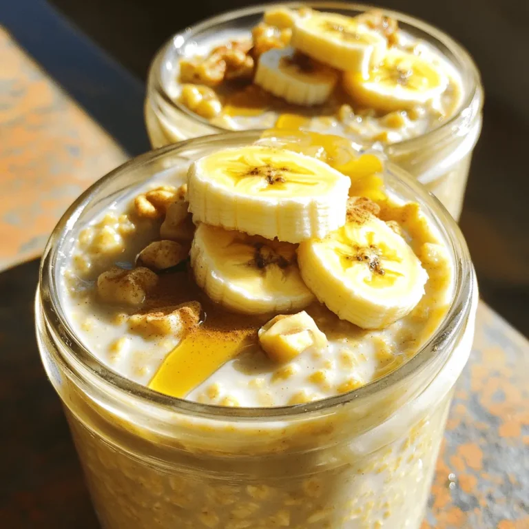 For the base of your banana bread overnight oats, you will need: - 1 cup rolled oats - 1 ripe banana, mashed until smooth - 1 tablespoon maple syrup (optional) - 1 cup almond milk (or choice of milk) - 1 teaspoon vanilla extract - 1 teaspoon ground cinnamon - 1 tablespoon chia seeds - ¼ cup chopped walnuts (or pecans) These ingredients come together to create a creamy and hearty dish. The oats provide fiber, while the banana adds natural sweetness. You can adjust the maple syrup based on your taste. For an extra touch, consider these toppings and add-ins: - Slices of banana for topping - Extra walnuts or other nuts for garnish - Sweeteners and spices Adding banana slices on top not only looks great but also enhances the flavor. A sprinkle of walnuts gives a nice crunch. Feel free to experiment with your favorite spices! For the full recipe, check out the detailed instructions to make your breakfast even more delightful. 1. Mixing the Base Ingredients Start by taking a medium mixing bowl. Add 1 cup rolled oats and 1 ripe banana, mashed until smooth. If you like sweetness, mix in 1 tablespoon maple syrup. Stir well to ensure the banana blends smoothly with the oats. 2. Adding Wet Ingredients Next, pour in 1 cup almond milk. You can use any milk you prefer. Add 1 teaspoon pure vanilla extract, 1 teaspoon ground cinnamon, 1 tablespoon chia seeds, and a small pinch of salt. Mix everything until it's smooth and combined. 3. Incorporating Nuts Now, fold in ¼ cup chopped walnuts. You can swap them for pecans if you want a different nutty taste. Make sure they are evenly spread throughout the mixture. - Using Jars or Airtight Containers Divide the oat mixture into two jars or airtight containers. This helps keep the oats fresh and tasty. - Refrigeration Time and Tips Seal the jars tightly. Place them in the fridge for at least 4 hours, but overnight is best. This allows the flavors to blend and the oats to soften. - How to Garnish for Best Presentation When you are ready to eat, take the jars out of the fridge. Top your oats with slices of banana and sprinkle some extra walnuts on top. This makes your dish look great and adds flavor. - Adjusting Consistency with Almond Milk If the oats are too thick, add a splash of almond milk. Stir until the mixture reaches your desired creamy texture. Enjoy your banana bread-inspired oats right away! To get the best flavor, mix the banana well with the oats. This way, you spread the banana taste throughout the dish. You want each bite to taste like banana bread! Adjust the sweetness to fit your taste. If you like it sweeter, add more maple syrup. For a spicier kick, increase the ground cinnamon. You can play with these flavors until you find your perfect mix. Making these oats in bulk saves time. You can prepare a few jars at once for quick breakfasts. Just double the recipe for more servings. Use jars or airtight containers for storage. They keep your oats fresh and tasty. I find that small mason jars work great for this. You can add different nuts or seeds to change the texture. Try almonds, pecans, or even pumpkin seeds. Each will give a unique crunch. Don't be afraid to swap flavors and ingredients. You could use almond butter instead of maple syrup. Or add a scoop of cocoa powder for a chocolate twist. {{image_4}} You can make banana bread overnight oats even more fun with flavor twists. Here are two great ideas: - Chocolate chip banana bread overnight oats: Add a handful of chocolate chips to your basic recipe. This will give you a sweet treat that feels like dessert. - Peanut butter banana blend: Mix in a spoonful of creamy peanut butter. This adds richness and protein, making your oats extra filling. You might want to change the recipe to fit your diet. Here are a few easy swaps: - Gluten-free alternatives: Use gluten-free oats. They work just like regular oats but are safe for those who are gluten-sensitive. - Vegan-friendly swaps: Replace dairy milk with plant-based options like almond or oat milk. You can also skip the honey and use maple syrup instead. Don’t forget to match your oats with the seasons. Here are some ideas to keep things fresh: - Incorporating seasonal fruits: Use fresh berries in the spring or diced apples in the fall. They add color and flavor to your oats. - Holiday spice additions: Try adding nutmeg or pumpkin spice during the holidays. This makes your oats taste festive and cozy. These variations make your banana bread overnight oats exciting and adaptable to your tastes. Explore these options to keep your breakfasts fun and flavorful! You can find the full recipe for banana bread overnight oats above. Store your banana bread overnight oats in the fridge. They stay fresh for about 3 to 5 days. Check for signs of spoilage before eating. If you see mold or an off smell, toss them out. You can freeze overnight oats for longer storage. Use airtight containers to prevent freezer burn. To freeze, simply fill the containers and seal tightly. They can last up to 3 months in the freezer. When you are ready to eat, thaw them in the fridge overnight. If you need them fast, use the microwave on low. Stir well after thawing for a smooth texture. Enjoy the convenience of a healthy breakfast anytime! For the full recipe, check out the earlier section. Yes, you can! If you don’t have a banana, try using applesauce or mashed sweet potato as substitutes. Both add moisture and sweetness. You can also blend in some nut butter for a creamy texture. For flavor, add a splash of almond extract or a bit of cocoa powder for a chocolate twist. Banana bread overnight oats last for about 3 to 5 days in the fridge. Store them in airtight containers to keep them fresh. Always check for any signs of spoilage, like an off smell or mold. If they look good, they’re likely safe to eat. Yes, you can warm them up! Place the oats in a microwave-safe bowl. Heat in short bursts of 30 seconds, stirring in between. Add a splash of almond milk if they seem too thick. This keeps the texture nice and creamy while warming. Enjoy your cozy breakfast! In this article, we explored how to make banana bread overnight oats. We covered main ingredients, steps for preparation, and storage tips. Customization options let you create flavors just right for you. Remember to store oats safely and adjust them to your taste. This easy recipe can fit many diets and makes meal prep a breeze. Try experimenting with different nuts or spices to keep things fun. Enjoy your delicious and healthy breakfast!