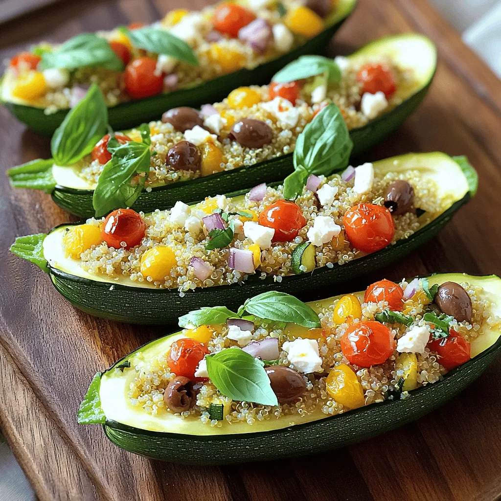- 4 medium-sized zucchini - 1 cup cherry tomatoes, diced into small pieces - 1 cup cooked quinoa, cooled - 1/2 cup feta cheese, crumbled - 1/4 cup Kalamata olives, pitted and roughly chopped - 1/4 cup red onion, finely diced - 2 cloves garlic, minced - 1 teaspoon dried oregano - 1 teaspoon smoked paprika - 2 tablespoons extra virgin olive oil - Salt and freshly ground black pepper to taste - Fresh basil leaves, for garnish Zucchini serves as the boat, holding all the tasty filling. It has a mild flavor and a soft texture when cooked. Quinoa is the star grain here. It adds protein and a nice chewiness. Feta cheese adds a creamy, salty kick that brightens the dish. Kalamata olives bring a briny depth, while cherry tomatoes add sweetness and juiciness. Red onion and garlic give a bold base flavor. Dried oregano and smoked paprika add essential herbs and spices, enhancing the Mediterranean taste. If you can’t find zucchini, try bell peppers or eggplant. For quinoa, you could use rice or couscous. If you want a dairy-free option, swap feta for a vegan cheese. You can skip Kalamata olives if you don’t like them, or use green olives instead. If you don’t have dried oregano, try Italian seasoning. You can also use fresh herbs like parsley or cilantro for a different twist. 1. Preheat the Oven: Start by setting your oven to 375°F (190°C). This step helps cook the zucchini evenly. 2. Prepare the Zucchini: Take your zucchini and cut each one in half lengthwise. Use a small spoon to scoop out the seeds and some flesh. This creates a boat shape. Place the zucchini halves cut-side up on a baking sheet. 3. Sauté the Aromatics: In a medium skillet, heat the olive oil over medium heat. Add the diced red onion and minced garlic. Cook for 3-4 minutes, stirring often, until the onion turns soft and clear. 4. Add the Juicy Ingredients: Now, mix in the diced cherry tomatoes, chopped Kalamata olives, oregano, and smoked paprika. Cook for 3-5 minutes. This lets the tomatoes soften and add flavor. 5. Combine the Filling: In a large bowl, blend the cooked quinoa with the sautéed mix and crumbled feta cheese. Add salt and pepper to taste. Gently stir to combine all the ingredients. 6. Stuff the Zucchini: Fill each zucchini half with the quinoa mixture. Use the back of a spoon to press the filling down slightly. This keeps everything snug and packed. 7. Bake the Boats: Put the baking sheet in the oven and bake for 25-30 minutes. The zucchini should be soft when you poke it with a fork, and the tops will look golden. 8. Final Touches: After baking, let the zucchini boats cool for a few moments. Just before serving, add fresh basil leaves for a pop of color and taste. - When cutting the zucchini, use a sharp knife for clean cuts. This helps avoid any mess. - For better flavor, let the filling cool slightly before stuffing the zucchini. This prevents the zucchini from getting too soft. - Ensure your filling is not too watery. This keeps the boats firm and tasty. - Preheat Temperature: 375°F (190°C) - Baking Time: 25-30 minutes - Prep Time: 15 minutes - Total Time: 45 minutes This recipe is simple and very rewarding. You can find the full recipe for these zesty Mediterranean stuffed zucchini boats in my earlier notes. Enjoy your cooking! To get the best stuffing, always mix the filling well. You want every bite full of flavor. Make sure to combine the quinoa, feta, and veggies evenly. If you find the mixture too dry, add a splash of olive oil. If it feels too wet, add a bit more quinoa. This balance helps keep the stuffing from falling apart. Soggy zucchini boats can ruin your meal. To prevent this, scoop out enough flesh to create space but leave some for texture. Salting the insides of the zucchini can help, too. Let them sit for 10 minutes after salting. This draws out moisture. Finally, remember to bake them at the right temperature to allow for proper cooking. Presentation makes a dish more inviting. Place your stuffed zucchini boats on a nice platter. Drizzle some extra virgin olive oil over them for shine. Sprinkle more feta cheese on top for added flavor. Fresh basil leaves add color and aroma. For a personal touch, use colorful plates or bowls to serve, making your meal even more special. For more details, check the Full Recipe. {{image_4}} You can fill zucchini boats with many tasty options. Try using ground turkey or beef for a heartier meal. For a fresh twist, add black beans and corn for a Southwest style. You can also use rice or couscous as a base for your filling. Mix in spices like cumin or chili powder for extra flavor. The key is to balance protein, grains, and veggies for a well-rounded dish. For a vegetarian version, skip the meat and use mushrooms or lentils instead. This adds great texture and taste. If you want a vegan meal, replace feta cheese with a plant-based cheese or leave it out entirely. You can also add nutritional yeast for a cheesy flavor without dairy. Always remember to check the labels on any substitutes to ensure they fit your diet. Boost the flavor with herbs and spices. Fresh parsley or cilantro can add a bright touch. Consider topping your zucchini boats with a drizzle of tahini or a sprinkle of crushed red pepper for heat. You can also serve them with a side of yogurt or a light dressing for a creamy finish. Experiment with different toppings to find your favorite combination. For a full recipe, check out the Zesty Mediterranean Stuffed Zucchini Boats. Store leftover stuffed zucchini boats in an airtight container. Let them cool to room temperature first. Then, place the container in the fridge. They stay fresh for about three to four days. This way, you can enjoy the flavors later! Reheat the zucchini boats in the oven for the best taste. Preheat the oven to 350°F (175°C). Place the boats on a baking sheet and cover them with foil. Heat for about 15-20 minutes, or until warm. You can also use a microwave. Heat them for about 1-2 minutes, but the oven keeps them crispy. To freeze stuffed zucchini boats, let them cool completely. Wrap each boat in plastic wrap, then place them in a freezer bag. Squeeze out the air before sealing. They freeze well for up to three months. When ready, thaw them in the fridge overnight before reheating. Enjoy your delicious meal anytime! For the full recipe, check out the Zesty Mediterranean Stuffed Zucchini Boats. Yes, you can use other vegetables. Bell peppers, eggplants, or even tomatoes work well too. These veggies can hold filling and bake nicely. Each choice adds its own flavor. I love using bell peppers for their sweetness. Your zucchini boats are done when they feel tender. Use a fork to test them. If the fork easily pierces the zucchini, they are ready. The tops should also look golden. This shows the filling is hot and flavorful. Stuffed zucchini boats go great with many sides. Here are some ideas: - A simple green salad - Garlic bread for crunch - Quinoa or rice for heartiness - Roasted vegetables for a colorful plate These sides balance the meal and add variety. Enjoy experimenting with different combinations! Stuffed zucchini boats are a fun dish made from fresh ingredients. We explored the best ingredients, how to prepare them, and helpful tips. You learned about tasty variations and how to store leftovers properly. Remember, using fresh vegetables and trying new fillings can elevate your dish. With this guide, you can now make perfect stuffed zucchini boats that impress. Enjoy your cooking journey!