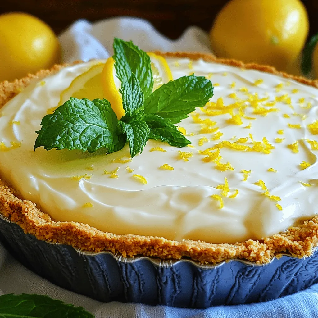 - 1 ½ cups graham cracker crumbs - ⅓ cup granulated sugar - ½ cup unsalted butter, melted - 1 cup sweetened condensed milk - ½ cup freshly squeezed lemon juice - 2 tablespoons lemon zest - 1 cup heavy whipping cream - ¼ cup powdered sugar - Fresh mint leaves for garnish (optional) The ingredients for No Bake Lemon Icebox Pie are simple yet flavorful. You need graham cracker crumbs for the crust, which adds a nice crunch. Sugar sweetens the pie perfectly. The melted butter helps bind the crumbs together. Sweetened condensed milk gives the filling a rich, creamy texture. Fresh lemon juice brightens the pie, while lemon zest enhances the flavor. Heavy whipping cream adds fluffiness, and powdered sugar balances the sweetness. For a touch of color, garnish with mint leaves. Follow the Full Recipe for exact steps. If you don't have graham cracker crumbs, you can use crushed cookies or digestive biscuits. For those avoiding sugar, try using a sugar substitute like stevia or erythritol. If you want a dairy-free pie, coconut cream works well instead of heavy whipping cream. These substitutions keep the pie tasty and fun for everyone! Start by mixing graham cracker crumbs with granulated sugar in a bowl. Next, pour in the melted butter. Stir until the mixture looks like wet sand. This step is key for a tasty crust. Now, take this crumb mixture and press it into a pie pan. Make sure it covers the bottom and sides evenly. Chill the crust in the fridge while you make the filling. In a clean bowl, combine sweetened condensed milk, freshly squeezed lemon juice, and lemon zest. Whisk these together until the mixture thickens a bit. This adds a nice lemony flavor. In another bowl, whip the heavy cream with powdered sugar. Use an electric mixer and whip until you see stiff peaks form. This should take around 3 to 4 minutes. Gently fold the lemon mixture into the whipped cream. Be careful not to deflate the cream; you want it light and airy. Once mixed well, pour this filling into the chilled crust. Spread it evenly across the top. Cover the pie with plastic wrap and chill it in the refrigerator. Let it set for at least 4 hours, or overnight for the best taste. After chilling, you can garnish with fresh mint leaves if you like. Serve the pie cold for a refreshing treat. For the Full Recipe, check the top of the article. To get that perfect creamy texture, fold the lemon mixture into the whipped cream gently. Use a spatula and work from the bottom up. This helps keep the air in the whipped cream. For stiff peaks, I recommend brands like Heavy Whipping Cream from Land O'Lakes or Horizon Organic. They whip up nicely and hold their shape well. For the best results, chill your pie for at least 4 hours. If you can wait overnight, that's even better! This helps the flavors blend and the filling to firm up. To avoid a soggy crust, make sure your crust is set before adding the filling. Chilling the crust helps it stay crisp. When it's time to serve, add a fun touch! Garnish each slice with a sprig of fresh mint and a slice of lemon. This makes it look bright and inviting. You can also top each slice with a dollop of whipped cream or a sprinkle of lemon zest for extra flair. These small details make a big difference! {{image_4}} You can change up the flavor of your No Bake Lemon Icebox Pie easily. Adding berries like blueberries or raspberries creates a tasty twist. Just layer them on top or mix them into the filling. For something different, try using lime or orange juice instead of lemon juice. These citrus combinations add a fun new taste. Pair lime with zest for a zesty pie, or mix orange for a sweeter version. If you need a gluten-free option, use almond flour or gluten-free cookies for the crust. This keeps the pie tasty while meeting dietary needs. For those who prefer vegan treats, replace sweetened condensed milk with coconut cream. You can whip coconut cream to create a light filling. Using maple syrup instead of sugar gives a nice sweetness without animal products. Making mini versions of this pie is a fun idea! Use small tart pans to create individual servings. These mini pies are perfect for parties or gatherings. You can also try different crust types, like chocolate cookie crusts or nut-based crusts. Each option offers a unique flavor and texture. Enjoy the fun of serving these small delights! To keep your No Bake Lemon Icebox Pie fresh, cover it well. Use plastic wrap or a pie lid. This protects the pie from odors in the fridge. Place it in the coldest part of your fridge. Avoid the door where it gets warm. You might wonder, can you freeze no-bake lemon icebox pie? Yes! You can freeze it for later. Wrap it tightly in plastic wrap and foil. This helps prevent freezer burn. When ready to eat, thaw it in the fridge overnight. How long can you store this pie in the fridge? It stays good for about 3 to 4 days. After that, it may lose its fresh taste. Look for signs of spoilage. If you see any mold or a sour smell, toss it out. The filling may separate if it sits too long. Always check before serving. Enjoy your pie at its best with this storage advice. The pie needs to chill for at least 4 hours. For best results, chill it overnight. This time helps the filling set and the flavors blend. A longer chill makes the pie more refreshing and tasty. You can use bottled lemon juice, but fresh is better. Fresh juice has a bright, zesty flavor. Bottled juice may taste dull and less fresh. It can also lack the natural oils found in lemon zest. If your pie is runny, check the filling. It may need more time to chill. You can also try adding more whipped cream to thicken it. If you need to, put it in the freezer for a short time, but watch it closely. Yes, you can make the pie ahead of time. It stays fresh in the fridge for up to 3 days. Just cover it well to keep it from drying out. Making it early lets the flavors develop and makes serving easier. For the full recipe, check out the detailed steps above. You learned all about making a No Bake Lemon Icebox Pie. We covered needed ingredients, step-by-step directions, and tips for success. Remember to use fresh ingredients for the best taste. Don’t skip the chilling time; it helps the pie set properly. Try different flavors or mini versions to mix things up. With the right techniques, you’ll have a tasty dessert everyone will love. Happy baking!
