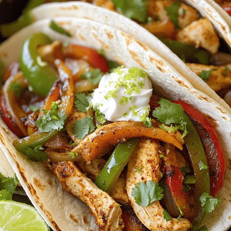 When making easy chicken fajitas, you need fresh and simple ingredients to bring out the best flavors. Here’s the detailed list: - 2 boneless, skinless chicken breasts, thinly sliced into strips - 1 red bell pepper, sliced into thin strips - 1 green bell pepper, sliced into thin strips - 1 medium onion, sliced into thin rings - 3 cloves garlic, minced - 2 tablespoons olive oil - 1 teaspoon chili powder - 1 teaspoon ground cumin - 1 teaspoon smoked paprika - Salt and freshly ground black pepper, to taste - Juice of 1 fresh lime - Flour tortillas, for serving - Fresh cilantro, chopped, for garnish - Sour cream and salsa, for serving (optional) - You can swap chicken for shrimp or beef if you prefer. - Use corn tortillas if you want a gluten-free option. - Lemon juice can replace lime juice for a different zing. - Look for high-quality chili powder and smoked paprika for a rich taste. - I trust McCormick and Penzeys for spices that boost flavor. - Fresh herbs like cilantro add a nice touch, so always use fresh when possible. For more details on how to prepare your ingredients and cook this dish, check the Full Recipe. To start, prepare your chicken and veggies. Take the two boneless, skinless chicken breasts. Slice them into thin strips. Next, grab one red bell pepper, one green bell pepper, and one medium onion. Slice these into thin strips and rings, respectively. Now, let’s marinate the chicken. In a large bowl, mix the sliced chicken with minced garlic, olive oil, chili powder, cumin, smoked paprika, lime juice, salt, and pepper. Toss everything well. Make sure the chicken is coated evenly with the spices. Let the chicken marinate for at least 15 minutes. You can refrigerate it for up to 2 hours for more flavor. When you are ready to cook, heat a large skillet on medium-high heat. Add the marinated chicken to the skillet. Cook it for about 5 to 7 minutes. Stir occasionally until it reaches an internal temperature of 165°F (75°C). After the chicken is cooked, add the sliced peppers and onion to the skillet. Sauté the mixture for another 5 to 7 minutes. Cook until the veggies are tender but still crunchy. Taste and adjust the seasoning with salt and pepper if needed. Now, let's assemble the fajitas. Start with warm flour tortillas. Place a generous portion of the chicken and vegetable mix in the center of each tortilla. For a lovely presentation, serve the fajitas on a bright platter. Stack the tortillas neatly on the side. Arrange toppings like sour cream and salsa in small bowls. This makes it colorful and inviting. When serving, don’t forget the garnishes. Sprinkle freshly chopped cilantro on top. This adds a fresh touch and enhances the flavor. Enjoy your easy chicken fajitas! For the full recipe, check out [Full Recipe]. To make your chicken fajitas burst with flavor, try these cooking tips: - Use a cast-iron skillet. This tool holds heat well and gives a nice sear to the chicken. - Preheat your pan. A hot pan helps to cook the chicken fast and keeps it juicy. - Don’t overcrowd the pan. Cook in batches if needed. This helps the chicken brown instead of steam. - Add a splash of broth. If the chicken seems dry, add a little chicken broth while cooking. Pair your chicken fajitas with these tasty sides: - Mexican rice. It adds a nice, filling touch. - Refried beans. They give a creamy texture and flavor. - Guacamole. This creamy dip adds richness to the meal. For extra flavor, consider these enhancers: - Squeeze fresh lime juice. It brightens the dish and adds a zesty kick. - Top with sliced avocado. This adds creaminess and balances the spices. - Drizzle with hot sauce. It brings heat and excitement to each bite. Explore the [Full Recipe] for detailed steps on creating this quick dinner. {{image_4}} You can change up the protein in your fajitas. Try shrimp or beef for a new twist. You can even use tofu or tempeh for a plant-based option. Each protein brings a different flavor, so have fun with it. For seasoning, you can mix things up too. Use taco seasoning for a spicier kick. You might enjoy adding lime zest for a fresh taste. Try using garlic powder or onion powder for extra flavor. Each option can make your dish unique. If you want to keep it low-carb, use lettuce wraps instead of tortillas. It gives you a crunchy bite and cuts down on carbs. You can also find low-carb tortillas at the store. For gluten-free options, use corn tortillas. They taste great and work well with the filling. If you're dairy-free, skip the sour cream and use avocado instead. It adds creaminess and flavor without the dairy. To keep your chicken fajitas fresh, store them in an airtight container. Make sure to separate the chicken from the tortillas and toppings. This helps keep everything tasty. You can refrigerate them for up to three days. If you want to save them longer, freeze the chicken and veggies in a freezer-safe bag. They can last for up to three months in the freezer. When you’re ready to eat, thaw them in the fridge overnight. To reheat, use a skillet over medium heat. This method keeps the chicken juicy and the veggies crisp. You can also microwave them, but be careful not to overcook. The expected shelf life for your chicken fajitas is about three days in the fridge. In the freezer, they last about three months. Always check for signs of spoilage before eating. If you see any off smells, discoloration, or mold, it’s best to toss the leftovers. Keeping track of freshness helps you enjoy your meal safely. What is the best way to marinate chicken for fajitas? To marinate chicken for fajitas, mix olive oil, lime juice, and spices. Use chili powder, cumin, and smoked paprika for a great flavor. Combine these in a bowl, add the chicken, and coat it well. Let it marinate for at least 15 minutes. Longer marinating, up to 2 hours, gives better taste. Can I prepare chicken fajitas ahead of time? Yes, you can prepare chicken fajitas ahead of time. Marinate the chicken and store it in the fridge. You can also slice the vegetables early. Just keep them in a sealed container. When you're ready, cook everything up quickly. This makes weeknight meals super easy! What toppings are best for chicken fajitas? Great toppings for chicken fajitas include fresh cilantro, sour cream, and salsa. You can also add sliced avocado, shredded cheese, or jalapeños for extra flavor. These toppings add color and taste, making your fajitas even better. What to do if the chicken is tough or dry? If your chicken is tough or dry, try cooking it at a lower heat next time. Overcooking can dry it out. Also, make sure to marinate the chicken well. This helps keep it juicy. If it happens, serve with a sauce or salsa to add moisture. How to avoid soggy tortillas? To avoid soggy tortillas, warm them briefly in a pan. This keeps them soft but not wet. You can also heat them in the oven wrapped in foil. Serve the hot filling right away to keep your tortillas crisp. How to add more spice to the dish? To add more spice, include extra chili powder or a pinch of cayenne pepper. You can also add sliced jalapeños to the mix. If you want heat at the table, serve hot sauce on the side. Adjust spice levels to suit your taste. Chicken fajitas are a tasty and fun meal to make. You learned about the right ingredients, how to cook them, and tips for perfect fajitas. Whether you want to change the protein or try new spices, options are endless. Store leftovers well to enjoy later. Keep these tips in mind for your next cooking adventure. Enjoy your delicious fajitas with family and friends!