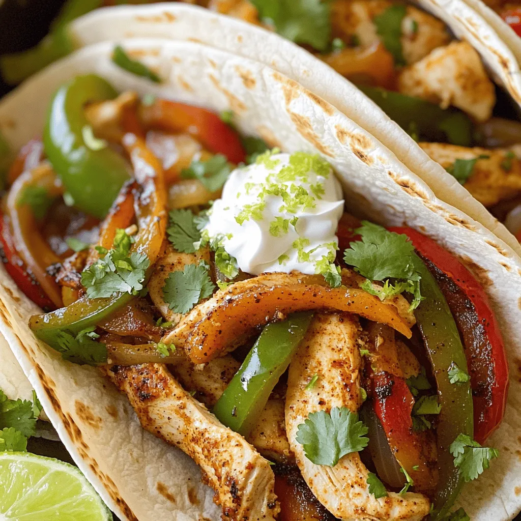 When making easy chicken fajitas, you need fresh and simple ingredients to bring out the best flavors. Here’s the detailed list: - 2 boneless, skinless chicken breasts, thinly sliced into strips - 1 red bell pepper, sliced into thin strips - 1 green bell pepper, sliced into thin strips - 1 medium onion, sliced into thin rings - 3 cloves garlic, minced - 2 tablespoons olive oil - 1 teaspoon chili powder - 1 teaspoon ground cumin - 1 teaspoon smoked paprika - Salt and freshly ground black pepper, to taste - Juice of 1 fresh lime - Flour tortillas, for serving - Fresh cilantro, chopped, for garnish - Sour cream and salsa, for serving (optional) - You can swap chicken for shrimp or beef if you prefer. - Use corn tortillas if you want a gluten-free option. - Lemon juice can replace lime juice for a different zing. - Look for high-quality chili powder and smoked paprika for a rich taste. - I trust McCormick and Penzeys for spices that boost flavor. - Fresh herbs like cilantro add a nice touch, so always use fresh when possible. For more details on how to prepare your ingredients and cook this dish, check the Full Recipe. To start, prepare your chicken and veggies. Take the two boneless, skinless chicken breasts. Slice them into thin strips. Next, grab one red bell pepper, one green bell pepper, and one medium onion. Slice these into thin strips and rings, respectively. Now, let’s marinate the chicken. In a large bowl, mix the sliced chicken with minced garlic, olive oil, chili powder, cumin, smoked paprika, lime juice, salt, and pepper. Toss everything well. Make sure the chicken is coated evenly with the spices. Let the chicken marinate for at least 15 minutes. You can refrigerate it for up to 2 hours for more flavor. When you are ready to cook, heat a large skillet on medium-high heat. Add the marinated chicken to the skillet. Cook it for about 5 to 7 minutes. Stir occasionally until it reaches an internal temperature of 165°F (75°C). After the chicken is cooked, add the sliced peppers and onion to the skillet. Sauté the mixture for another 5 to 7 minutes. Cook until the veggies are tender but still crunchy. Taste and adjust the seasoning with salt and pepper if needed. Now, let's assemble the fajitas. Start with warm flour tortillas. Place a generous portion of the chicken and vegetable mix in the center of each tortilla. For a lovely presentation, serve the fajitas on a bright platter. Stack the tortillas neatly on the side. Arrange toppings like sour cream and salsa in small bowls. This makes it colorful and inviting. When serving, don’t forget the garnishes. Sprinkle freshly chopped cilantro on top. This adds a fresh touch and enhances the flavor. Enjoy your easy chicken fajitas! For the full recipe, check out [Full Recipe]. To make your chicken fajitas burst with flavor, try these cooking tips: - Use a cast-iron skillet. This tool holds heat well and gives a nice sear to the chicken. - Preheat your pan. A hot pan helps to cook the chicken fast and keeps it juicy. - Don’t overcrowd the pan. Cook in batches if needed. This helps the chicken brown instead of steam. - Add a splash of broth. If the chicken seems dry, add a little chicken broth while cooking. Pair your chicken fajitas with these tasty sides: - Mexican rice. It adds a nice, filling touch. - Refried beans. They give a creamy texture and flavor. - Guacamole. This creamy dip adds richness to the meal. For extra flavor, consider these enhancers: - Squeeze fresh lime juice. It brightens the dish and adds a zesty kick. - Top with sliced avocado. This adds creaminess and balances the spices. - Drizzle with hot sauce. It brings heat and excitement to each bite. Explore the [Full Recipe] for detailed steps on creating this quick dinner. {{image_4}} You can change up the protein in your fajitas. Try shrimp or beef for a new twist. You can even use tofu or tempeh for a plant-based option. Each protein brings a different flavor, so have fun with it. For seasoning, you can mix things up too. Use taco seasoning for a spicier kick. You might enjoy adding lime zest for a fresh taste. Try using garlic powder or onion powder for extra flavor. Each option can make your dish unique. If you want to keep it low-carb, use lettuce wraps instead of tortillas. It gives you a crunchy bite and cuts down on carbs. You can also find low-carb tortillas at the store. For gluten-free options, use corn tortillas. They taste great and work well with the filling. If you're dairy-free, skip the sour cream and use avocado instead. It adds creaminess and flavor without the dairy. To keep your chicken fajitas fresh, store them in an airtight container. Make sure to separate the chicken from the tortillas and toppings. This helps keep everything tasty. You can refrigerate them for up to three days. If you want to save them longer, freeze the chicken and veggies in a freezer-safe bag. They can last for up to three months in the freezer. When you’re ready to eat, thaw them in the fridge overnight. To reheat, use a skillet over medium heat. This method keeps the chicken juicy and the veggies crisp. You can also microwave them, but be careful not to overcook. The expected shelf life for your chicken fajitas is about three days in the fridge. In the freezer, they last about three months. Always check for signs of spoilage before eating. If you see any off smells, discoloration, or mold, it’s best to toss the leftovers. Keeping track of freshness helps you enjoy your meal safely. What is the best way to marinate chicken for fajitas? To marinate chicken for fajitas, mix olive oil, lime juice, and spices. Use chili powder, cumin, and smoked paprika for a great flavor. Combine these in a bowl, add the chicken, and coat it well. Let it marinate for at least 15 minutes. Longer marinating, up to 2 hours, gives better taste. Can I prepare chicken fajitas ahead of time? Yes, you can prepare chicken fajitas ahead of time. Marinate the chicken and store it in the fridge. You can also slice the vegetables early. Just keep them in a sealed container. When you're ready, cook everything up quickly. This makes weeknight meals super easy! What toppings are best for chicken fajitas? Great toppings for chicken fajitas include fresh cilantro, sour cream, and salsa. You can also add sliced avocado, shredded cheese, or jalapeños for extra flavor. These toppings add color and taste, making your fajitas even better. What to do if the chicken is tough or dry? If your chicken is tough or dry, try cooking it at a lower heat next time. Overcooking can dry it out. Also, make sure to marinate the chicken well. This helps keep it juicy. If it happens, serve with a sauce or salsa to add moisture. How to avoid soggy tortillas? To avoid soggy tortillas, warm them briefly in a pan. This keeps them soft but not wet. You can also heat them in the oven wrapped in foil. Serve the hot filling right away to keep your tortillas crisp. How to add more spice to the dish? To add more spice, include extra chili powder or a pinch of cayenne pepper. You can also add sliced jalapeños to the mix. If you want heat at the table, serve hot sauce on the side. Adjust spice levels to suit your taste. Chicken fajitas are a tasty and fun meal to make. You learned about the right ingredients, how to cook them, and tips for perfect fajitas. Whether you want to change the protein or try new spices, options are endless. Store leftovers well to enjoy later. Keep these tips in mind for your next cooking adventure. Enjoy your delicious fajitas with family and friends!