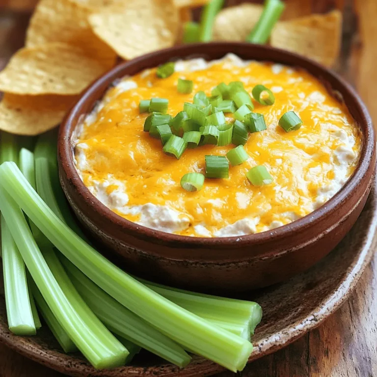 To make delicious buffalo chicken dip, you'll need some key items. Here’s the list: - 2 cups shredded cooked chicken - 1 package (8 oz) cream cheese, softened - 1 cup shredded sharp cheddar cheese, divided - 1 cup buffalo sauce (adjust for spice) - 1/2 cup ranch dressing - 1/4 cup fresh green onions, finely diced (plus more for garnish) These ingredients create a rich and creamy dip. The shredded chicken gives it a nice texture. Cream cheese adds creaminess, while cheddar brings a sharp flavor. Buffalo sauce gives a spicy kick, and ranch dressing balances it all out. Green onions add a fresh touch. You can enhance your buffalo chicken dip with a few more flavors. Here are some ideas: - Add extra spices like garlic powder or paprika for more depth. - If you want a twist, try a different dressing instead of ranch. Blue cheese dressing can add a bold flavor. These add-ins let you customize the dip. Feel free to experiment with what you like best. The Full Recipe gives you a solid base to start from. Enjoy your cooking! First, preheat your oven to 350°F (175°C). This step is key to getting the dip nice and hot. While the oven warms up, choose a good baking dish. A 9-inch round or square dish works well. The dip needs enough room to spread evenly. In a large bowl, combine the softened cream cheese and buffalo sauce. Mix them well until the blend is smooth. This makes the dip creamy and flavorful. Then, add the shredded chicken and ranch dressing. Stir gently to coat the chicken well. Finally, fold in half of the shredded cheddar cheese. This adds a cheesy taste that everyone loves. Now, transfer the mixture to the baking dish. Spread it out evenly so it cooks well. Sprinkle the rest of the cheddar cheese on top. Add the diced green onions for a fresh touch. Place the dish in the oven and bake for about 20-25 minutes. Keep an eye on it! You want to see the dip bubbling and the cheese turning golden brown. Once it's done, let it cool for a few minutes before you dig in. Enjoy this easy and tasty snack! You can prepare buffalo chicken dip ahead of time. Start by mixing all the ingredients. Then, place the dip in a baking dish. Cover it with plastic wrap or foil. Store it in the fridge for up to 24 hours before baking. This helps the flavors blend nicely. Want to adjust the spice level? Add more or less buffalo sauce based on your taste. You can also mix in some hot sauce for extra heat. If you prefer a milder dip, try using less buffalo sauce and more ranch dressing. For a creamy texture, ensure the cream cheese is fully softened. Mix it well to avoid lumps. Presentation can make a big difference. Serve the dip warm and bubbly, topped with extra green onions. Arrange crispy tortilla chips or crunchy celery sticks around the dip for dipping. This not only looks good but also adds fun to your snack time. The contrast of flavors and textures will impress your guests! Check out the Full Recipe and enjoy every bite! {{image_4}} Buffalo chicken dip is so fun to change up! You can make a blue cheese buffalo dip. Just mix in some crumbled blue cheese with the cream cheese. This adds a tangy kick that pairs well with the spice. Another fun option is a spicy jalapeño variation. Just chop some fresh jalapeños and mix them into the dip. You can adjust the amount based on how spicy you want it. If you need gluten-free options, use gluten-free ranch dressing. Check the labels on your buffalo sauce too. Most brands are gluten-free, but it’s good to verify. For a healthier dip, swap out the cream cheese for Greek yogurt. It makes the dip creamy but cuts down on fat. You can also use low-fat cheese to lighten it up a bit. When hosting a big gathering, you might want more dip. To scale the recipe, just double or triple the ingredients. Use larger baking dishes to fit everything in. Serving in a slow cooker is another great way to keep the dip warm. Just mix everything as before, then transfer it to the slow cooker. Set it on low and let it warm up while your guests arrive. For the full recipe, check the details above and get cooking! After your party, you might have some buffalo chicken dip left. Store it in an airtight container in the fridge. It will stay fresh for about 3 to 4 days. Make sure to let the dip cool before sealing it. This helps keep moisture in check and avoids sogginess. If you want to keep it longer, you can freeze buffalo chicken dip. Just place it in a freezer-safe container. It can last for up to 3 months in the freezer. When you’re ready to eat it, let it thaw in the fridge overnight. This will make reheating easier. To enjoy your dip again, reheating is key. The best method is to use the oven. Preheat your oven to 350°F (175°C). Place the dip in an oven-safe dish and cover it with foil. Heat for about 15-20 minutes. This helps keep the dip creamy and warm. You can also use the microwave if you're short on time. Heat in short bursts of 30 seconds. Stir in between to ensure even heating. If you use this method, the dip may lose some texture. So, keep an eye on it. By following these steps, your buffalo chicken dip will be just as tasty as the first time. Enjoy every bite! Buffalo chicken dip lasts about 3 to 4 days in the fridge. To keep it fresh, store it in an airtight container. Make sure it cools down before putting it in the fridge. This helps stop bacteria from growing. If you want to keep it longer, you can freeze it. It stays good for about 2 months in the freezer. Just make sure to thaw it in the fridge before reheating. No, you should not use raw chicken in the dip. Always use cooked chicken for safety. Raw chicken can cause foodborne illness if not cooked fully. Cooking the chicken first adds flavor and keeps the dip safe to eat. You can use rotisserie chicken, grilled chicken, or even leftover chicken. Just shred it well before mixing it into the dip. There are many tasty options to serve with buffalo chicken dip. Here are some of my favorites: - Tortilla chips - Celery sticks - Carrot sticks - Crackers - Pita chips These dippers add crunch and balance the creamy texture of the dip. You can also offer some sliced veggies for a fresh touch. Yes, you can make buffalo chicken dip ahead of time. Prepare the dip and store it in the fridge before baking. It stays fresh for up to 24 hours. When you're ready to bake, just pop it in the oven. If you make it even earlier, you can freeze it. Just remember to thaw it in the fridge overnight before baking. This makes it easy to serve at parties! Check out the Full Recipe for more details. Buffalo chicken dip is easy and fun to make. We covered the main ingredients, like shredded chicken and cream cheese. I shared simple steps to bake the dip perfectly. You learned ways to adjust flavors and even serve it with tasty dippers. Remember, you can store leftovers and reheat them nicely. Enjoy this dip at your next gathering, and feel free to get creative with flavors! Your friends and family will love it.