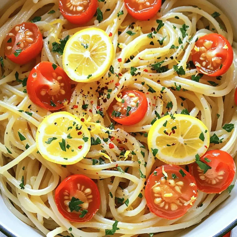 - 12 ounces spaghetti - 4 cups vegetable broth - 4 cloves garlic, finely minced - 1 medium onion, finely chopped - 1 large lemon (zest and juice) - 1 cup cherry tomatoes, halved - 1/2 cup fresh parsley, finely chopped - 1/2 teaspoon red pepper flakes (optional for heat) - Salt and freshly ground black pepper to taste - 2 tablespoons extra virgin olive oil - Grated Parmesan cheese for serving (optional) When cooking One-Pot Lemon Garlic Pasta, each ingredient plays an important role. The spaghetti is the base, soaking up all the flavor. Vegetable broth adds depth and richness, while garlic and onion bring aroma and taste. Lemon zest and juice brighten the dish, making it fresh and lively. Cherry tomatoes add sweetness, and parsley adds a pop of color and flavor. - Alternative pasta options: You can use gluten-free pasta or whole wheat pasta if you prefer. - Vegetable broth variations: You might use chicken broth for a different flavor. - Substitutes for olive oil: Use avocado oil or melted butter if you want a change. These swaps keep the dish tasty while catering to your needs. Feel free to mix and match based on what you have! For the full recipe, check out the link. Start by making the sauté base. First, heat 2 tablespoons of extra virgin olive oil in a large pot over medium heat. Add 1 medium onion, finely chopped, and cook for 3-4 minutes. Stir often until the onion turns soft and clear. Next, add 4 cloves of finely minced garlic. Stir it for 1-2 minutes until it smells great. Be careful; burnt garlic can ruin your dish. Now, it's time to cook the spaghetti. Add 12 ounces of spaghetti to the pot. Pour in 4 cups of vegetable broth, along with a pinch of salt and freshly ground black pepper. If you like heat, add 1/2 teaspoon of red pepper flakes. Bring it to a boil. Once boiling, reduce the heat to low, cover the pot, and let it cook for 10-12 minutes. Stir it now and then until the spaghetti is al dente and most of the broth is gone. After cooking, fold in 1 cup of halved cherry tomatoes. Squeeze the juice from 1 large lemon over the pasta. This adds a fresh zing! Cover the pot again and let it sit for 2-3 minutes. The heat will soften the tomatoes just enough. After that, stir in 1/2 cup of finely chopped fresh parsley. Taste your dish and adjust the salt and pepper. To serve, I recommend plating the pasta in shallow bowls. This makes it look fancy. Sprinkle extra parsley on top and add some lemon slices for flair. You can drizzle a bit more olive oil for shine. For side dishes, consider a light salad or crusty bread. They pair well with this meal. Enjoy your delicious creation! To get the perfect al dente pasta, start by boiling water. Add a good amount of salt; it helps flavor the pasta. Cook the spaghetti according to the package time, but check it a minute early. It should be firm yet tender. Preventing garlic from burning is key. Always use medium heat when cooking garlic. Stir it often and watch closely. If it turns brown, it can taste bitter. You want it soft and fragrant, not burnt. Adding herbs and spices can change the taste of your dish. Fresh basil or thyme works well with lemon. Just chop them and mix in at the end. For a kick, try adding a bit more red pepper flakes. Boosting citrus flavors is easy. Besides lemon juice, you can add orange zest for a sweet twist. This adds depth to your pasta and makes each bite lively. One-pot cooking saves you time on cleanup. You cook everything in one pot, so fewer dishes are needed. This makes cooking less of a chore and more fun. Preparing ingredients in advance can help too. Chop your garlic and onion before starting. This way, you can move quickly when cooking. It keeps the process smooth and stress-free. For the full recipe, click here. {{image_4}} You can easily change this dish to fit your taste. Adding protein can make it heartier. - Chicken: Cook diced chicken in the pot before adding onion and garlic. - Shrimp: Add shrimp right after the spaghetti and broth. They cook fast and add great flavor. For those who prefer plant-based meals, there are great vegetarian and vegan options. - Chickpeas: Toss in canned chickpeas for protein and fiber. - Tofu: Use cubed tofu for a filling option. Switching up the flavors can keep this dish fresh and exciting. Try using different citrus fruits to add a unique twist. - Lime: Lime juice and zest can give a zesty kick. - Orange: Orange can add a sweet, bright note. You can also change the cooking liquid. Instead of vegetable broth, use: - White wine: This will give a rich, deep flavor. - Chicken broth: If you don’t need it to be vegetarian, chicken broth adds nice depth. Make this dish your own by mixing in flavors from different cuisines. - Italian-inspired: Add sun-dried tomatoes and fresh basil for a classic taste. - Asian twist: Use soy sauce and sesame oil instead of olive oil for a new flavor profile. These changes can transform your One-Pot Lemon Garlic Pasta into something new and exciting. The full recipe can guide you through these variations easily. To keep your One-Pot Lemon Garlic Pasta fresh, place it in the fridge. Use an airtight container to prevent moisture loss. Make sure to cool the pasta first before sealing it. This helps to keep flavors intact and stop the growth of bacteria. You can reheat the pasta in two ways: microwave or stovetop. For the microwave, place a serving in a bowl and cover it with a damp paper towel. Heat in short bursts, stirring in between, until warm. For stovetop reheating, add a splash of broth or water to a pan. Heat over low heat while stirring until warmed through. This method helps to keep the pasta moist. If you want to save some for later, freezing is a great choice. Place cooled pasta in a freezer-safe container or bag. Remove as much air as possible to avoid freezer burn. When you’re ready to eat, thaw it overnight in the fridge. For a quick option, you can microwave it from frozen, adding a little liquid as needed. This keeps your pasta tasting fresh even after freezing. How do I make One-Pot Lemon Garlic Pasta gluten-free? To make this dish gluten-free, choose gluten-free pasta. Many brands offer great taste and texture. Just make sure to adjust cooking times. Gluten-free pasta cooks faster than regular pasta. Can I add protein to this recipe? Yes! You can add protein like grilled chicken, shrimp, or chickpeas. Cook them separately and mix them in at the end. This adds flavor and makes the meal more filling. What is the best pasta to use for this recipe? I prefer spaghetti for its classic shape. However, you can use fettuccine or penne too. The key is to choose a pasta that cooks evenly and absorbs the flavors well. How can I make this dish spicy? To add heat, include red pepper flakes. Mix them in with the pasta and broth. You can also add sliced fresh chili peppers for more heat. Adjust to your taste. Can I use fresh herbs instead of dried? Absolutely! Fresh herbs give a bright flavor. Use double the amount of fresh herbs compared to dried ones. Chop them and add them at the end for the best flavor. What to do if the pasta absorbs too much liquid? If your pasta absorbs too much liquid, add more broth or water. Stir and heat until it reaches your desired consistency. This will keep your dish creamy and delicious. This recipe for One-Pot Lemon Garlic Pasta is easy and full of flavor. You learned the key ingredients and step-by-step instructions. Substitutions for different diets are also included. Use my tips for perfect pasta and learn how to store leftovers. Feel free to get creative with ingredients and flavors. This dish is fun to enjoy with friends or family. I hope you try making this simple yet tasty pasta soon! You won’t be disappointed.
