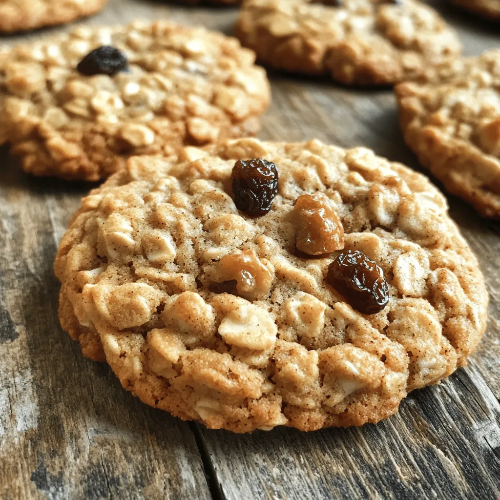 - 1 cup unsalted butter - 1 cup packed brown sugar - 1/2 cup granulated sugar - 2 large eggs - 1 teaspoon vanilla extract For chewy oatmeal raisin cookies, the right base is key. The butter gives a rich flavor. Brown sugar adds moisture, making your cookies soft. Granulated sugar helps with the cookies' spread. Eggs bind everything together and add fluffiness. Vanilla extract brings out sweetness in each bite. - 1 1/2 cups all-purpose flour - 1 teaspoon baking soda - 1 teaspoon ground cinnamon - 1/2 teaspoon salt The flour forms the cookie structure. Baking soda helps the cookies rise. Ground cinnamon adds warmth and spice. Salt enhances all the flavors, balancing the sweetness. - 3 cups old-fashioned rolled oats - 1 cup raisins - 1/2 cup chopped walnuts (optional) Old-fashioned rolled oats create that chewy texture we love. Raisins add sweetness and a bit of chew. Walnuts are optional but add nice crunch. These special ingredients make each bite interesting. They create a delightful mix of textures and flavors that everyone enjoys. For the complete guide to making these cookies, check out the Full Recipe. - Setting the Oven: Start by preheating your oven to 350°F (175°C). This step is key to getting the right texture in your cookies. - Preparing Baking Sheets: Line two baking sheets with parchment paper. This will help prevent the cookies from sticking and make cleanup easier. - Creaming Butter and Sugars: In a large bowl, use an electric mixer to cream together 1 cup of softened unsalted butter, 1 cup of packed brown sugar, and 1/2 cup of granulated sugar. Beat until it becomes light and fluffy, which takes about 2 to 3 minutes. - Adding Eggs and Vanilla: Next, add 2 large eggs, one at a time. Make sure to beat well after each addition. Then, stir in 1 teaspoon of vanilla extract until everything is well mixed. - Whisking Dry Ingredients: In another bowl, whisk together 1 1/2 cups of all-purpose flour, 1 teaspoon of baking soda, 1 teaspoon of ground cinnamon, and 1/2 teaspoon of salt. This mix adds flavor and helps the cookies rise. - Incorporating into the Mixture: Gradually add the dry mixture to the wet mixture. Stir gently until just combined. Don’t overmix—this keeps the cookies tender. - Folding in Oats, Raisins, and Walnuts: Gently fold in 3 cups of old-fashioned rolled oats, 1 cup of raisins, and optional 1/2 cup of chopped walnuts. Mix until they are evenly spread throughout the dough. - Portioning the Dough: Using a tablespoon or a cookie scoop, drop portions of dough onto your prepared baking sheets. Leave about 2 inches of space between each cookie for spreading. - Oven Baking Instructions: Bake the cookies in your preheated oven for 10 to 12 minutes. They should be golden brown at the edges but still soft in the center. - Cooling the Cookies: Once baked, remove them from the oven. Let the cookies cool on the sheets for 5 minutes. After that, transfer them to wire racks to cool completely. For a detailed recipe, check out the Full Recipe. Enjoy making these chewy delights! - Not Overmixing the Dough: Mixing too much can make cookies tough. When you mix the dough, stop as soon as the flour disappears. This keeps them chewy and soft. - Baking Time Adjustments: Keep a close eye on the time. If you bake them too long, they can dry out. I suggest checking them at 10 minutes. The edges should be golden, but the middle should look soft. - Storage Containers: Use airtight containers for storage. This keeps cookies fresh and prevents them from going stale. You can stack layers of wax paper between cookies for added protection. - Duration for Freshness: Stored correctly, these cookies can last about a week at room temperature. If you want to keep them longer, freeze them. They can stay fresh for up to three months in the freezer. - Cookies Too Dry?: If your cookies turn out dry, you may have overbaked them. Always check them a minute or two early. You can also try adding a bit more butter next time for more moisture. - Cookies Too Flat?: Flat cookies usually mean your butter was too warm or you added too much sugar. Try chilling the dough for about 30 minutes before baking. This helps them hold their shape better. {{image_4}} You can easily switch up flavors in your chewy oatmeal raisin cookies. One fun swap is adding chocolate chips. Just replace half the raisins with chocolate chips. This change adds a rich sweetness that pairs well with the oats. You can also try adding butterscotch or white chocolate chips for a different twist. For dried fruit alternatives, consider using cranberries or dried apricots. These fruits not only enhance flavor but also add a pop of color. Chopped dried figs or dates give a unique taste. Each option brings its own charm to the cookie. If you need gluten-free cookies, use gluten-free flour. Many brands offer blends that work well in baking. Just make sure to check that your oats are labeled gluten-free too. This keeps your cookies safe and tasty. For vegan alternatives, swap the eggs for unsweetened applesauce or flax eggs. Use coconut oil or vegan butter instead of regular butter. These changes keep your cookies soft while being plant-based. Pair your cookies with drinks for a special touch. A tall glass of cold milk is a classic choice. You can also enjoy them with coffee or tea for a cozy afternoon snack. For a fun dessert, serve warm cookies with a scoop of vanilla ice cream. The heat from the cookie melts the ice cream slightly, creating a delicious treat. You can even drizzle some caramel or chocolate sauce on top for extra sweetness. Explore these variations to create your perfect chewy oatmeal raisin cookie. For the complete details on making these delightful treats, check out the Full Recipe. After baking, let your cookies cool completely. Then, store them in an airtight container at room temperature. This keeps them soft and chewy. You can also layer parchment paper between the cookies to avoid sticking. For longer storage, you can refrigerate them. Place the cookies in a sealed bag or container. They can last up to one week in the fridge. If you want to keep them for months, freeze them. Wrap each cookie in plastic wrap, then place them in a freezer bag. This keeps them fresh for about three months. To bring back that fresh-baked taste, reheat your cookies. The best method is to use the oven. Preheat it to 350°F (175°C). Place the cookies on a baking sheet. Heat them for about 5–10 minutes. This makes them warm and soft again. You can also use a microwave. Place a cookie on a microwave-safe plate. Heat for about 10-15 seconds. This method is quick but can make cookies a bit chewy. How long do these cookies last? When stored properly, baked cookies can last up to one week at room temperature. In the fridge, they will stay good for about two weeks. Look for signs of spoilage. If the cookies smell off or have a dry texture, it’s time to toss them. Always trust your senses when checking for freshness. You can find the full recipe for these chewy oatmeal raisin cookies earlier in the article. To make oatmeal raisin cookies chewier, focus on a few key steps. First, use less flour. This keeps the dough moist. Second, don’t overmix the dough. This helps keep your cookies soft. Third, bake them until they are just set. They should look soft in the middle. You can also add a bit more brown sugar for extra moisture. Yes, you can use quick oats instead of rolled oats. Quick oats will mix in well and give you a nice texture. However, using rolled oats gives a heartier bite. If you want a chewier cookie, stick with rolled oats. They hold their shape better during baking. Absolutely! You can freeze the cookie dough. Just scoop the dough onto a baking sheet and freeze until firm. Once firm, transfer the dough balls to a freezer bag. When you want fresh cookies, just bake them straight from the freezer. You may need to add a minute or two to the baking time. Oatmeal raisin cookies can be healthier than chocolate chip cookies. They have oats, which add fiber. Fiber helps digestion and keeps you full. Raisins also add natural sweetness. However, both cookies have sugar and fat. Enjoy them in moderation, and they can fit into a balanced diet. Yes, you can substitute different nuts or omit them. If you want a different flavor, try pecans or almonds. You can skip nuts entirely if you prefer a nut-free cookie. Just keep the rest of the recipe the same for the best results. For the full recipe, check out the detailed instructions above! Chewy oatmeal raisin cookies are a classic treat that many love. This recipe is simple yet delicious. You will need just a few ingredients to get started. Ingredients: - 1 cup unsalted butter, softened to room temperature - 1 cup packed brown sugar, tightly packed - 1/2 cup granulated sugar - 2 large eggs, at room temperature - 1 teaspoon vanilla extract - 1 1/2 cups all-purpose flour - 1 teaspoon baking soda - 1 teaspoon ground cinnamon - 1/2 teaspoon salt - 3 cups old-fashioned rolled oats - 1 cup raisins - 1/2 cup chopped walnuts (optional, for added crunch) Steps: 1. Preheat your oven to 350°F (175°C). Line two baking sheets with parchment paper. 2. In a large bowl, cream together the softened butter, brown sugar, and granulated sugar. Beat until light and fluffy, about 2-3 minutes. 3. Add the eggs one by one, mixing well after each. Stir in the vanilla extract. 4. In another bowl, whisk together the flour, baking soda, cinnamon, and salt. 5. Slowly mix the dry ingredients into the wet mixture. Do not overmix; this helps keep the cookies soft. 6. Fold in the oats, raisins, and walnuts if you choose to use them. 7. Drop tablespoons of dough onto the prepared sheets, leaving space for spreading. 8. Bake for 10-12 minutes. The edges should be golden, and the centers soft. 9. Remove from the oven and cool on the sheets for 5 minutes. Then, move them to wire racks to cool completely. You can enjoy these cookies warm with a glass of milk or top them with ice cream for a special dessert. Enjoy making these chewy oatmeal raisin cookies, and don't forget to check out the Full Recipe for all the details! To make chewy oatmeal raisin cookies, you need specific ingredients and steps. Start with unsalted butter, sugars, eggs, and vanilla for wet ingredients. Mix in all-purpose flour, baking soda, cinnamon, and salt for dry ingredients. Add oats, raisins, and optional walnuts for texture. Remember to not overmix and adjust baking time for perfect cookies. Store them right to keep them fresh. Enjoy testing variations like chocolate chips or gluten-free options. With this guide, you can make delicious cookies that impress everyone! Happy baking!